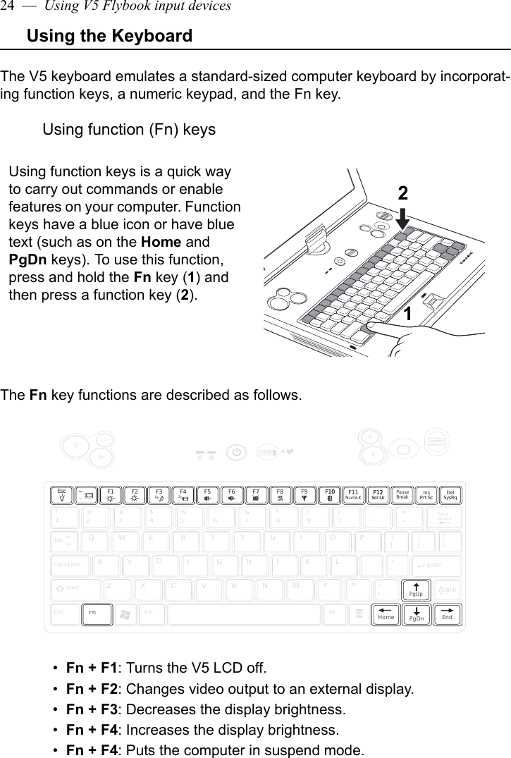 24  —  Using V5 Flybook input devicesUsing the KeyboardThe V5 keyboard emulates a standard-sized computer keyboard by incorporat-ing function keys, a numeric keypad, and the Fn key.Using function (Fn) keysThe Fn key functions are described as follows.•  Fn + F1: Turns the V5 LCD off.•  Fn + F2: Changes video output to an external display.•  Fn + F3: Decreases the display brightness.•  Fn + F4: Increases the display brightness.•  Fn + F4: Puts the computer in suspend mode. Using function keys is a quick way to carry out commands or enable features on your computer. Function keys have a blue icon or have blue text (such as on the Home and PgDn keys). To use this function, press and hold the Fn key (1) and then press a function key (2).12F11NumLKF12Scr LkF12Scr LkPauseBreak!1@2#3$4%5^6&amp;7*8(9)0_-+=QWERTYUIOP{[}]|\Caps LockASDFGHJKL:;&quot;&apos;ZXCVBNM&lt;,&gt;.?/CtrlFnAltAltEnterTabShiftBackSpacePgUpEndPgDnHomeShiftInsPrt Sc DelSysRqF1 F2 F3 F4 F7F6F5 F8 F10F10~`F9Esc