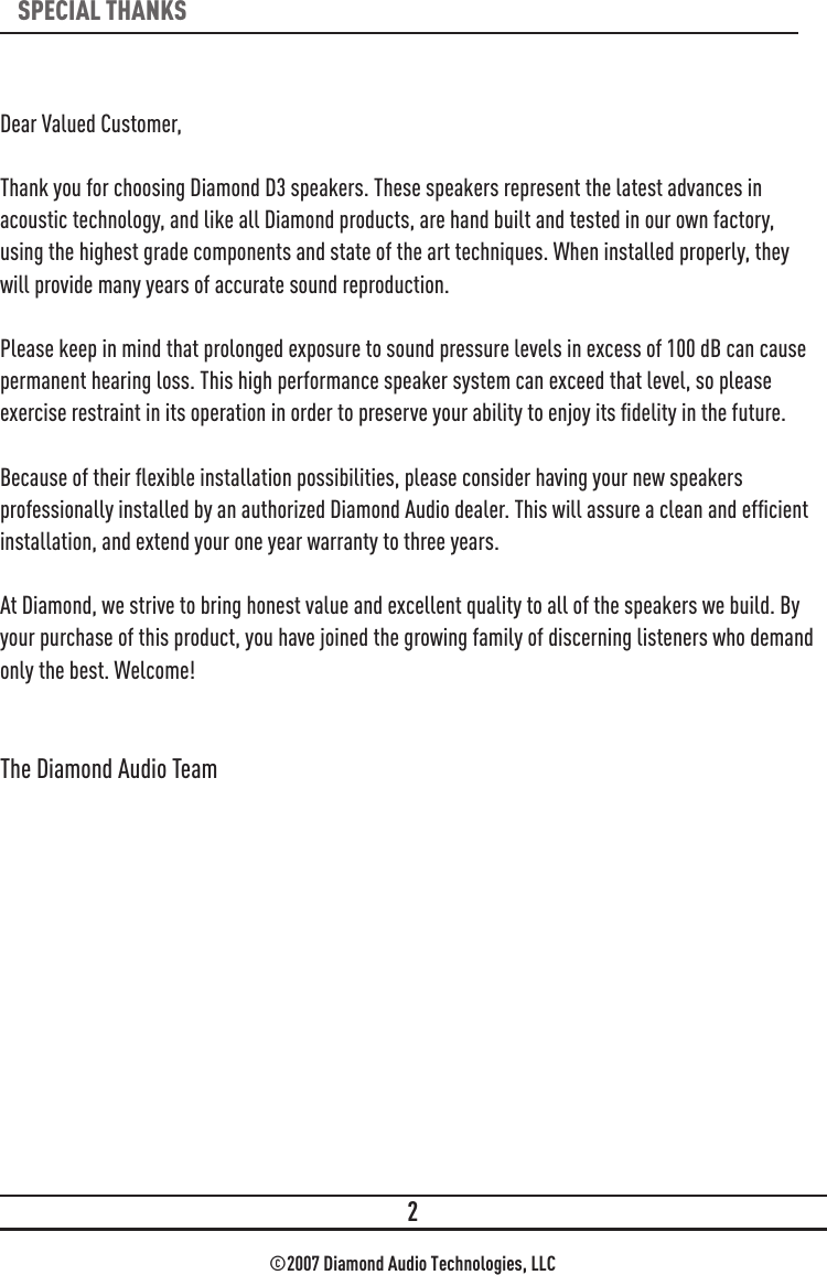 Page 2 of 8 - Diamond-Audio-Technology Diamond-Audio-Technology-D3-Component-Speaker-Systems-Users-Manual-  Diamond-audio-technology-d3-component-speaker-systems-users-manual