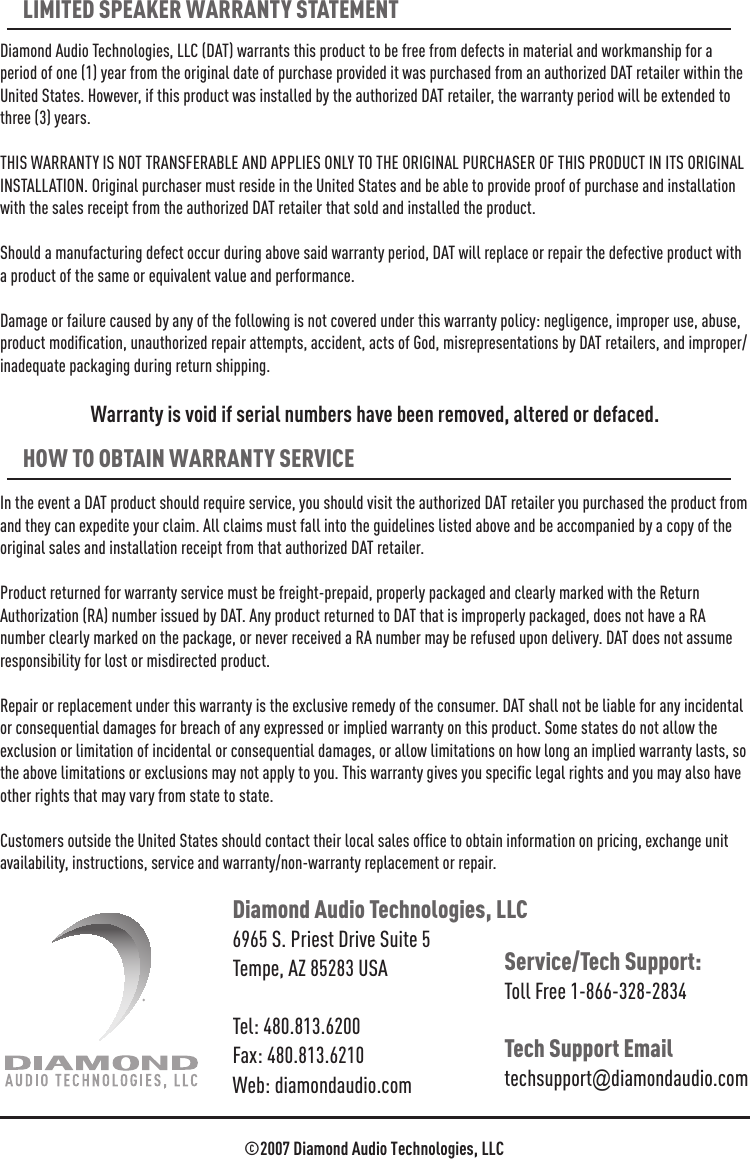 Page 8 of 8 - Diamond-Audio-Technology Diamond-Audio-Technology-D3-Component-Speaker-Systems-Users-Manual-  Diamond-audio-technology-d3-component-speaker-systems-users-manual