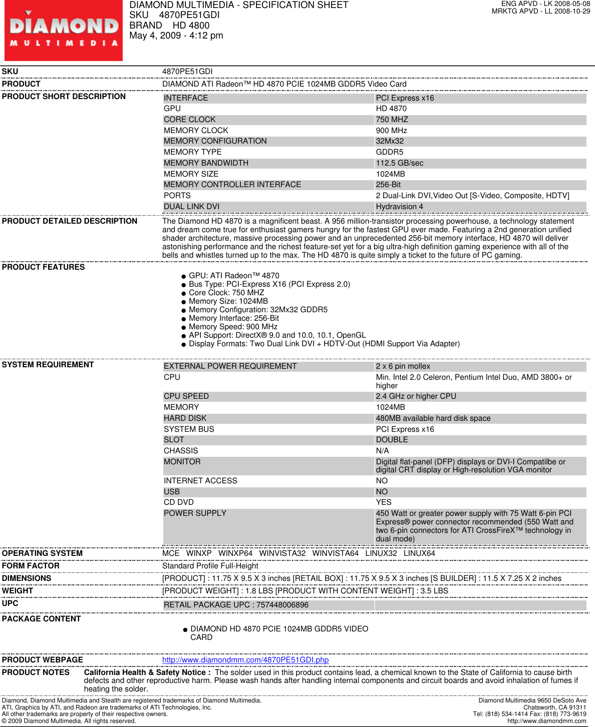 Page 1 of 1 - Diamond-Multimedia Diamond-Multimedia-Diamond-Ati-Radeon-Hd-4870-Pcie-Users-Manual-  Diamond-multimedia-diamond-ati-radeon-hd-4870-pcie-users-manual