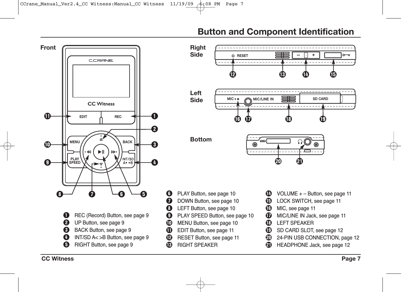 CC Witness Page 7Button and Component IdentificationCCCCWWititnnessessEDIT RECMENUPLAYSPEEDBACKMIC MIC /LINE IN SD CARDRESET —+Front RightSideLeftSideBottomQREC (Record) Button, see page 9WUP Button, see page 9EBACK Button, see page 9RINT/SD A&lt; &gt;B Button, see page 9TRIGHT Button, see page 9QYER}q w ert y ui o{PWOTI U YPLAY Button, see page 10UDOWN Button, see page 10ILEFT Button, see page 10OPLAY SPEED Button, see page 10PMENU Button, see page 10{EDIT Button, see page 11}RESET Button, see page 11qRIGHT SPEAKERwVOLUME + – Button, see page 11eLOCK SWITCH, see page 11rMIC, see page 11tMIC/LINE IN Jack, see page 11yLEFT SPEAKERuSD CARD SLOT, see page 12i24-PIN USB CONNECTION, page 12oHEADPHONE Jack, see page 12CCrane_Manual_Ver2.4_CC Witness:Manual_CC Witness  11/19/09  6:08 PM  Page 7