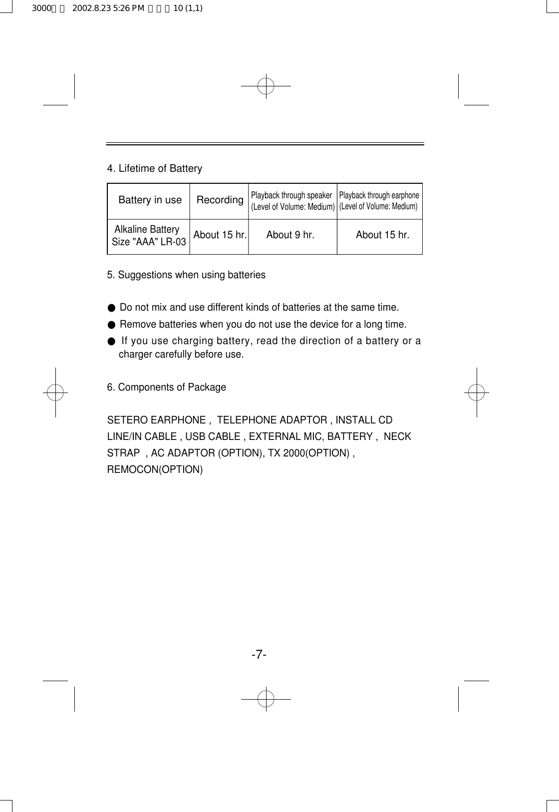 4. Lifetime of Battery5. Suggestions when using batteries●Do not mix and use different kinds of batteries at the same time.●Remove batteries when you do not use the device for a long time.●If you use charging battery, read the direction of a battery or acharger carefully before use.6. Components of PackageSETERO EARPHONE ,  TELEPHONE ADAPTOR , INSTALL CDLINE/IN CABLE , USB CABLE , EXTERNAL MIC, BATTERY ,  NECKSTRAP  , AC ADAPTOR (OPTION), TX 2000(OPTION) ,  REMOCON(OPTION)-7-Battery in use     RecordingPlayback through earphone(Level of Volume: Medium)Alkaline BatterySize &quot;AAA&quot; LR-03About 15 hr.       About 9 hr.               About 15 hr.Playback through speaker (Level of Volume: Medium)3000영문  2002.8.23 5:26 PM  페이지10 (1,1)