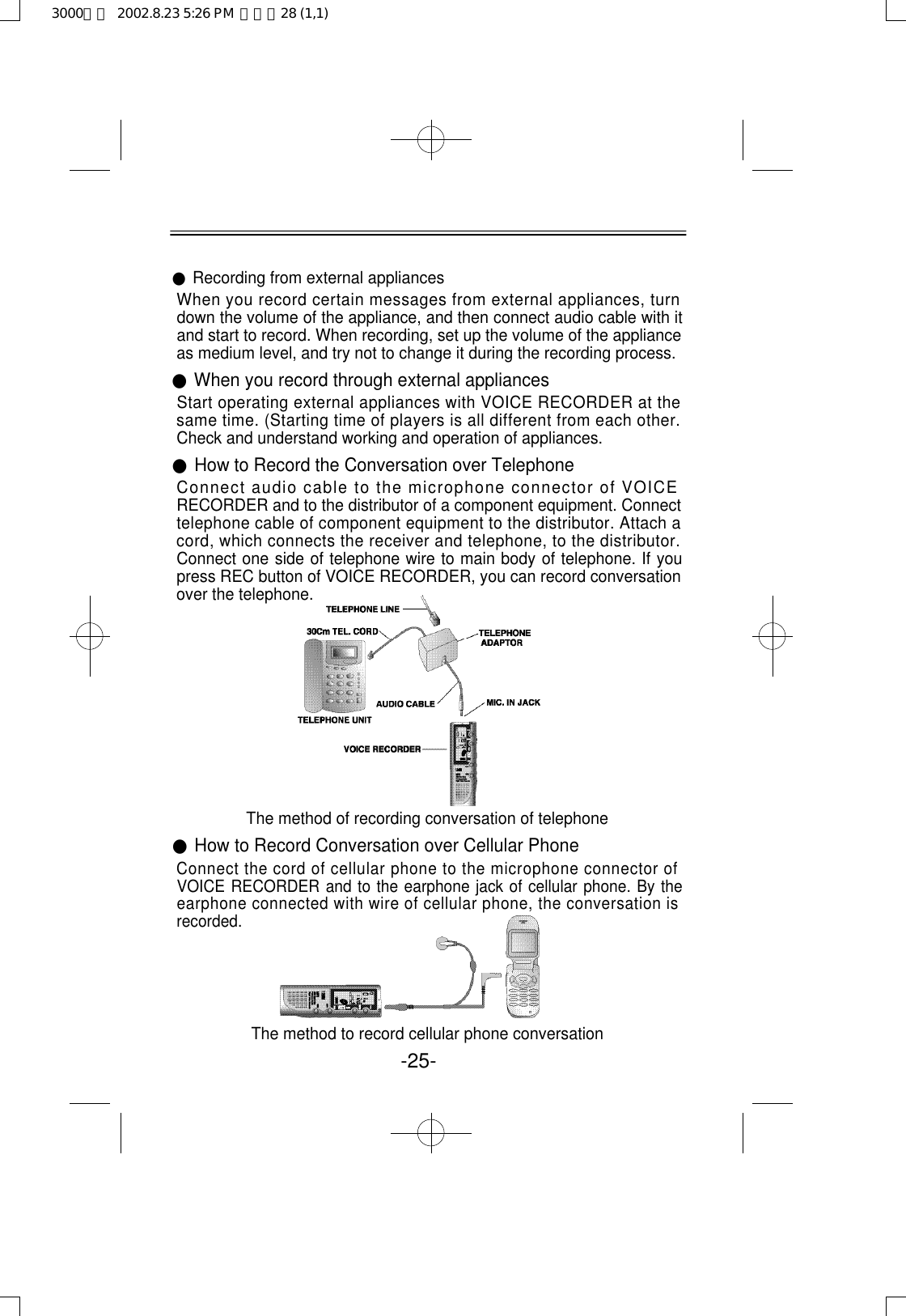 ●Recording from external appliancesWhen you record certain messages from external appliances, turndown the volume of the appliance, and then connect audio cable with itand start to record. When recording, set up the volume of the applianceas medium level, and try not to change it during the recording process.●When you record through external appliancesStart operating external appliances with VOICE RECORDER at thesame time. (Starting time of players is all different from each other.Check and understand working and operation of appliances. ●How to Record the Conversation over Telephone Connect audio cable to the microphone connector of VOICERECORDER and to the distributor of a component equipment. Connecttelephone cable of component equipment to the distributor. Attach acord, which connects the receiver and telephone, to the distributor.Connect one side of telephone wire to main body of telephone. If youpress REC button of VOICE RECORDER, you can record conversationover the telephone. The method of recording conversation of telephone●How to Record Conversation over Cellular PhoneConnect the cord of cellular phone to the microphone connector ofVOICE RECORDER and to the earphone jack of cellular phone. By theearphone connected with wire of cellular phone, the conversation isrecorded.The method to record cellular phone conversation-25-3000영문  2002.8.23 5:26 PM  페이지28 (1,1)