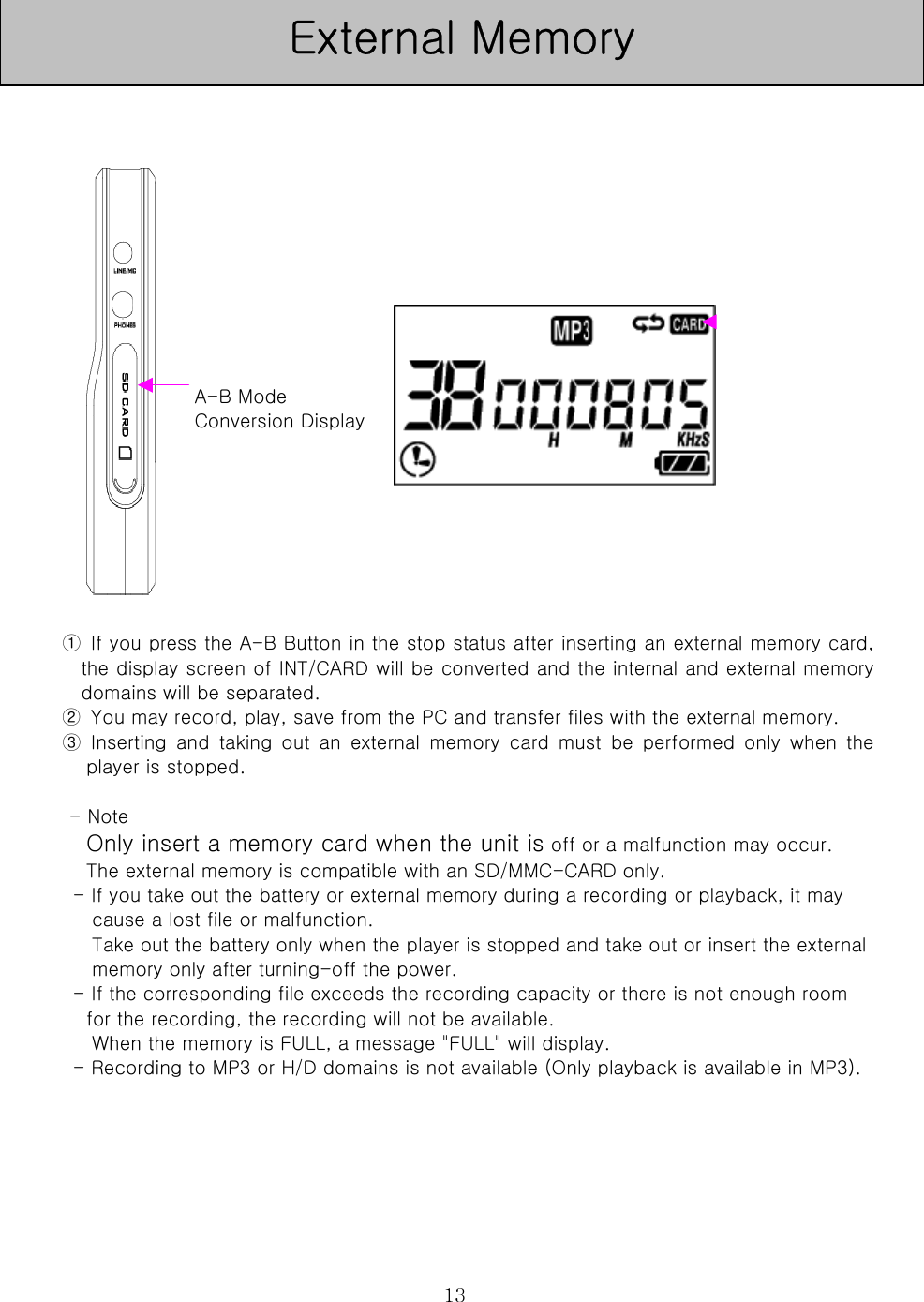  13                           A-B Mode   Conversion Display         ①  If you press the A-B Button in the stop status after inserting an external memory card, the display screen of INT/CARD will be converted and the internal and external memory domains will be separated.   ②  You may record, play, save from the PC and transfer files with the external memory.   ③  Inserting  and  taking  out  an  external  memory  card  must  be  performed  only  when  the player is stopped.    - Note   Only insert a memory card when the unit is off or a malfunction may occur. The external memory is compatible with an SD/MMC-CARD only.   - If you take out the battery or external memory during a recording or playback, it may cause a lost file or malfunction.   Take out the battery only when the player is stopped and take out or insert the external memory only after turning-off the power.   - If the corresponding file exceeds the recording capacity or there is not enough room for the recording, the recording will not be available.   When the memory is FULL, a message &quot;FULL&quot; will display.   - Recording to MP3 or H/D domains is not available (Only playback is available in MP3).        External Memory 