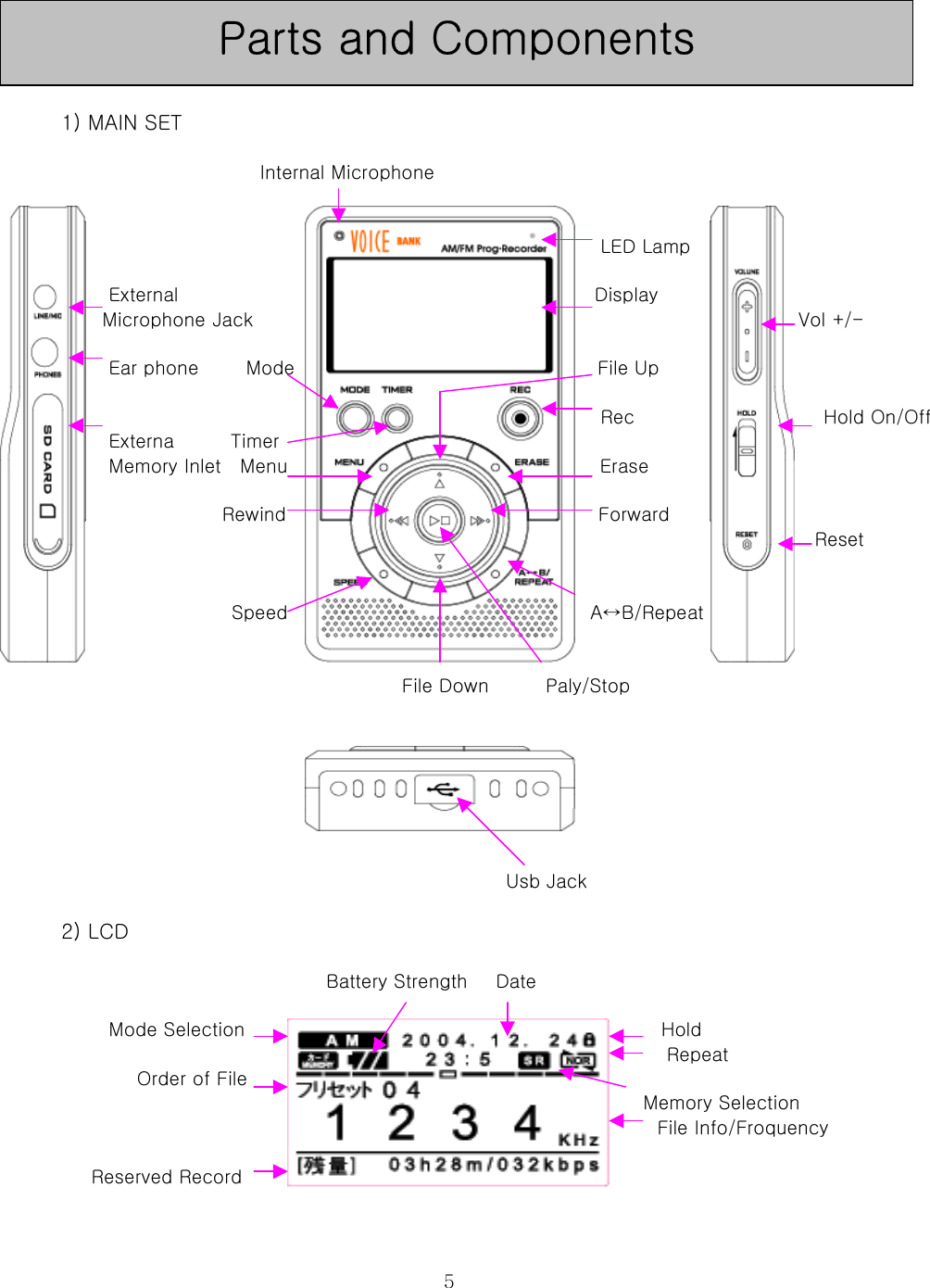  5  1) MAIN SET                       Internal Microphone                                                            LED Lamp       External                                            Display            Microphone Jack                                                          Vol +/-       Ear phone     Mode                                File Up                                                            Rec                    Hold On/Off      Externa      Timer      Memory Inlet  Menu                                 Erase                   Rewind                                 Forward                                                                                 Reset                     Speed                                A↔B/Repeat                                       File Down      Paly/Stop                                                       Usb Jack  2) LCD                              Battery Strength   Date             Mode Selection                                            Hold                                                                 Repeat         Order of File                                           Memory Selection                                                                File Info/Froquency         Reserved Record Parts and Components 