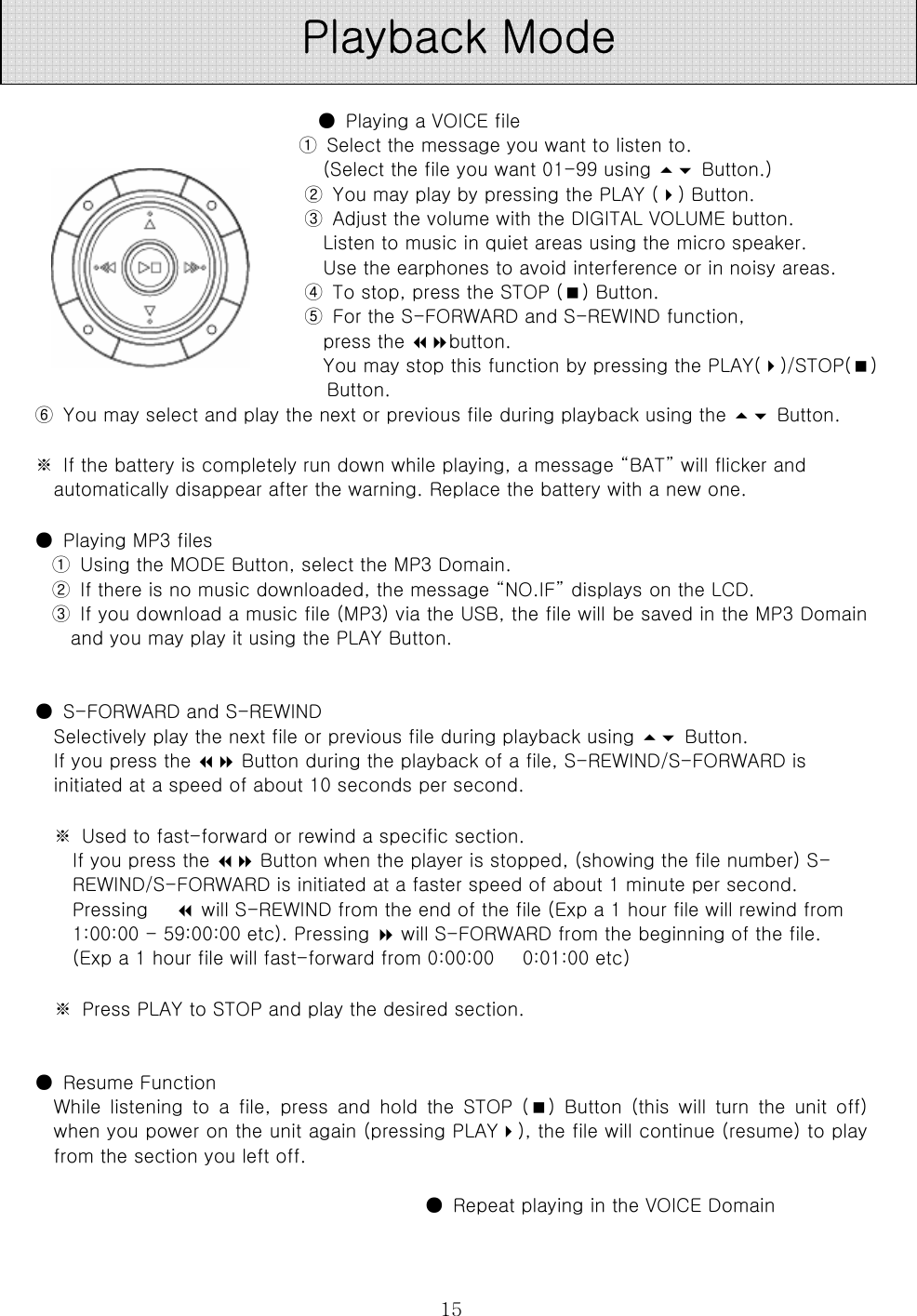  15 ●  Playing a VOICE file ①  Select the message you want to listen to.   (Select the file you want 01-99 using  Button.)   ②  You may play by pressing the PLAY () Button.   ③  Adjust the volume with the DIGITAL VOLUME button.   Listen to music in quiet areas using the micro speaker.   Use the earphones to avoid interference or in noisy areas.   ④  To stop, press the STOP () Button.   ⑤  For the S-FORWARD and S-REWIND function,   press the button.   You may stop this function by pressing the PLAY()/STOP()      Button.  ⑥  You may select and play the next or previous file during playback using the  Button.    ※  If the battery is completely run down while playing, a message “BAT” will flicker and automatically disappear after the warning. Replace the battery with a new one.    ●  Playing MP3 files   ①  Using the MODE Button, select the MP3 Domain.   ②  If there is no music downloaded, the message “NO.IF” displays on the LCD.   ③  If you download a music file (MP3) via the USB, the file will be saved in the MP3 Domain and you may play it using the PLAY Button.     ●  S-FORWARD and S-REWIND   Selectively play the next file or previous file during playback using  Button.   If you press the  Button during the playback of a file, S-REWIND/S-FORWARD is initiated at a speed of about 10 seconds per second.    ※  Used to fast-forward or rewind a specific section.   If you press the  Button when the player is stopped, (showing the file number) S-REWIND/S-FORWARD is initiated at a faster speed of about 1 minute per second. Pressing    will S-REWIND from the end of the file (Exp a 1 hour file will rewind from 1:00:00 - 59:00:00 etc). Pressing  will S-FORWARD from the beginning of the file. (Exp a 1 hour file will fast-forward from 0:00:00      0:01:00 etc)    ※  Press PLAY to STOP and play the desired section.   ●  Resume Function   While  listening  to  a  file,  press  and  hold  the  STOP  ()  Button  (this  will  turn  the  unit  off) when you power on the unit again (pressing PLAY), the file will continue (resume) to play from the section you left off.    ●  Repeat playing in the VOICE Domain   Playback Mode 