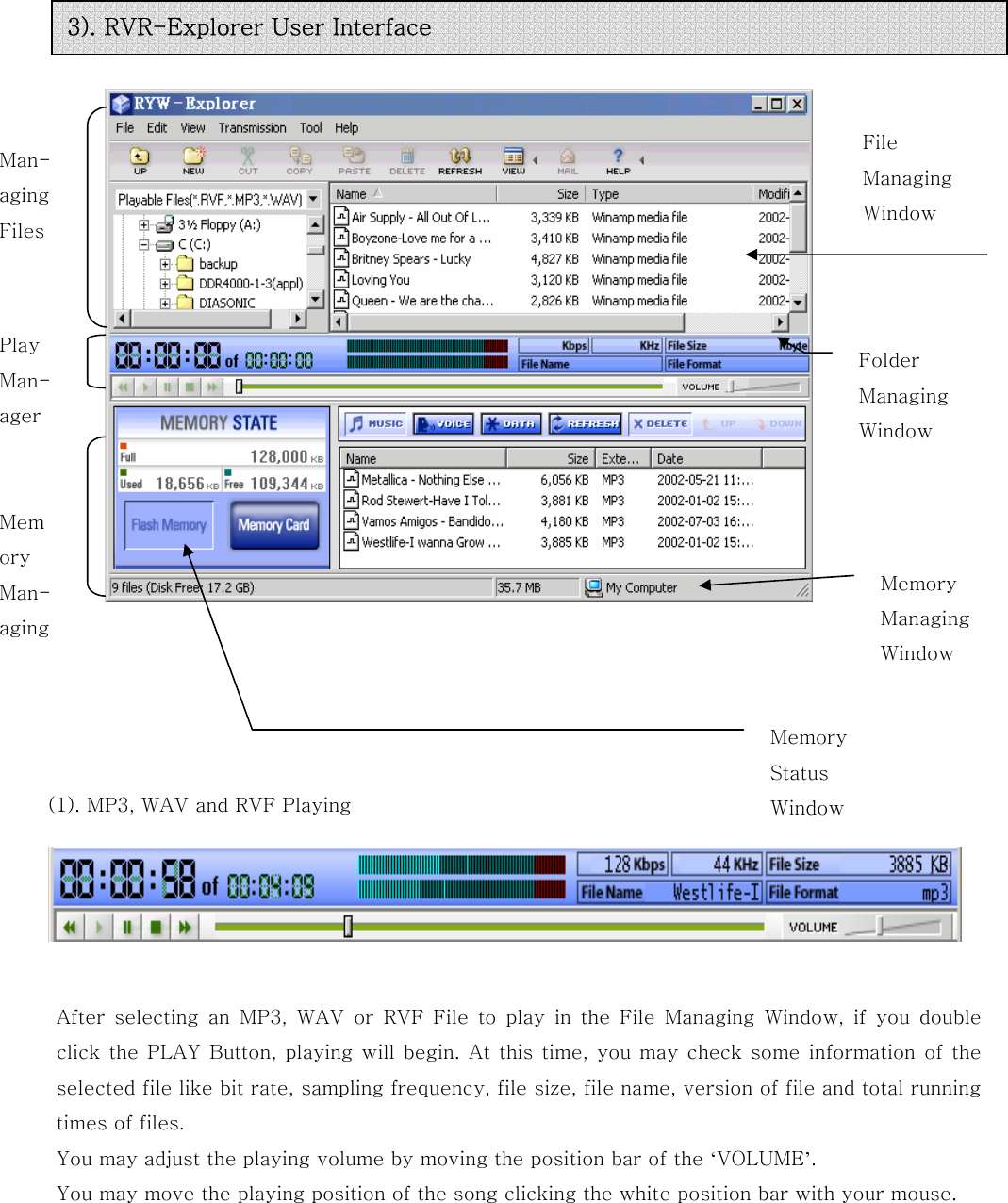                 Man- aging Files    Play Man- ager   Mem ory Man- aging                                                                                                                                                                                                                             (1). MP3, WAV and RVF Playing           After  selecting  an  MP3,  WAV  or  RVF  File  to  play  in  the  File  Managing  Window,  if  you  double click the  PLAY  Button, playing will begin.  At  this  time,  you may  check some  information  of  the selected file like bit rate, sampling frequency, file size, file name, version of file and total running times of files. You may adjust the playing volume by moving the position bar of the ‘VOLUME’.   You may move the playing position of the song clicking the white position bar with your mouse.          File Managing Window Folder Managing Window Memory Status Window Memory Managing Window 3). RVR-Explorer User Interface 
