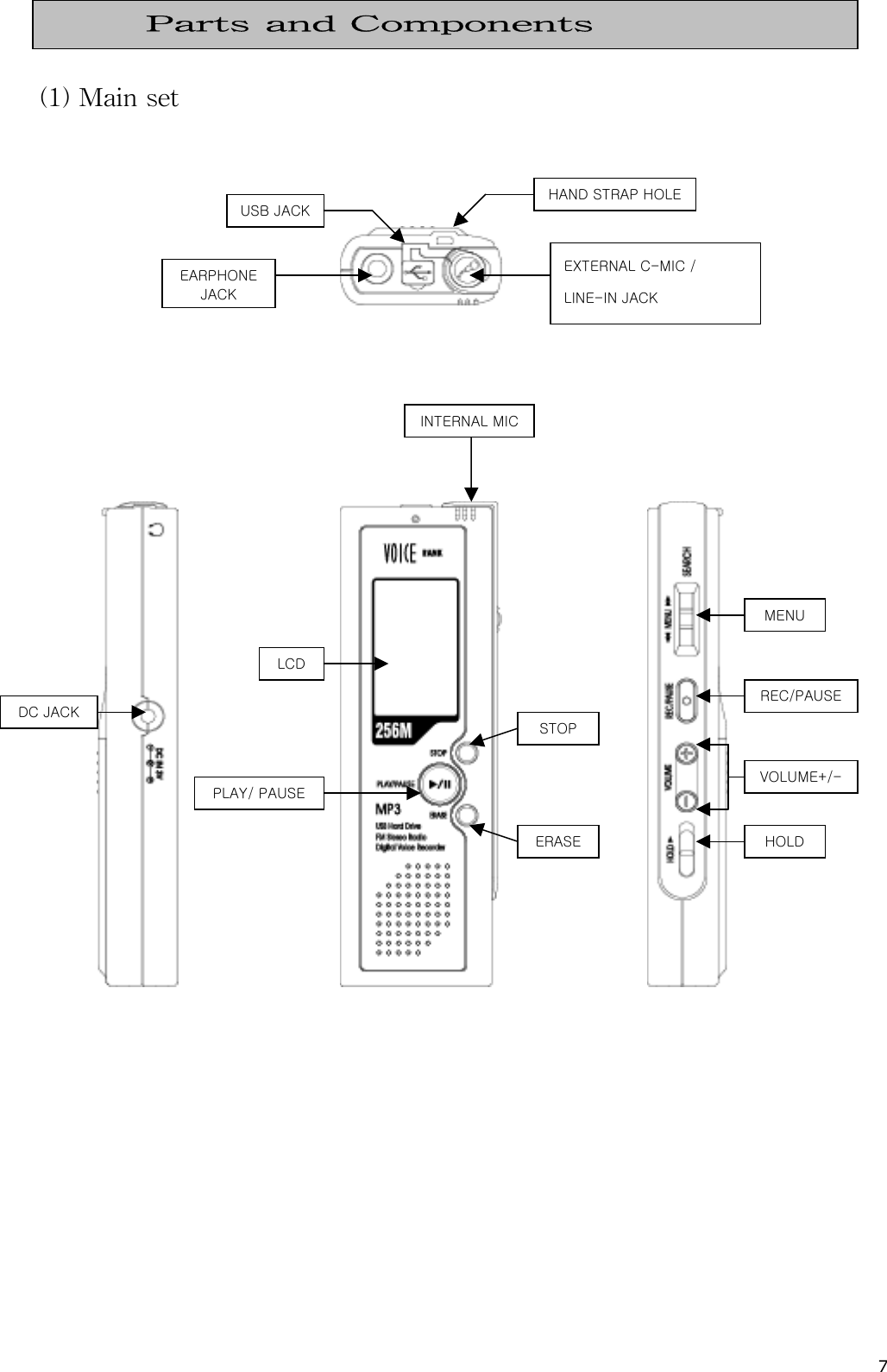 7   (1) Main set                                                         Parts and Components  EXTERNAL C-MIC /   LINE-IN JACK EARPHONE JACK USB JACK HAND STRAP HOLE INTERNAL MICDC JACK STOPLCD MENUREC/PAUSEVOLUME+/-HOLDPLAY/ PAUSE ERASE