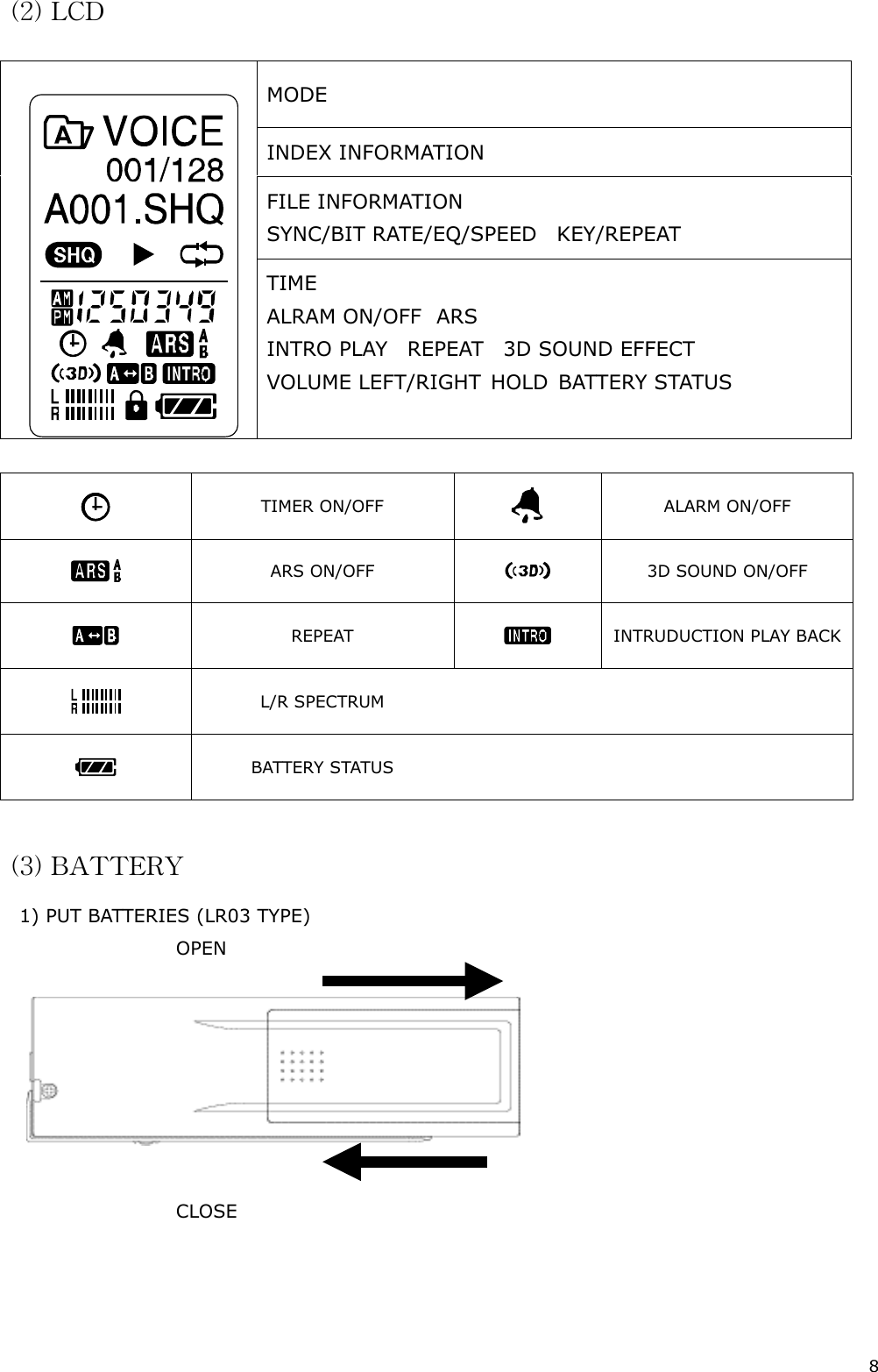 8 (2) LCD   TIMER ON/OFF   ALARM ON/OFF  ARS ON/OFF   3D SOUND ON/OFF  REPEAT   INTRUDUCTION PLAY BACK  L/R SPECTRUM     BATTERY STATUS     (3) BATTERY 1) PUT BATTERIES (LR03 TYPE)                                   OPEN                                                                     CLOSE     MODE INDEX INFORMATION FILE INFORMATION SYNC/BIT RATE/EQ/SPEED    KEY/REPEAT  TIME  ALRAM ON/OFF   ARS IN TRO PLAY    REP EAT    3D  S OU ND EF FE CT VOLUME LEFT/RIGHT  HOLD  BATTERY STATUS  