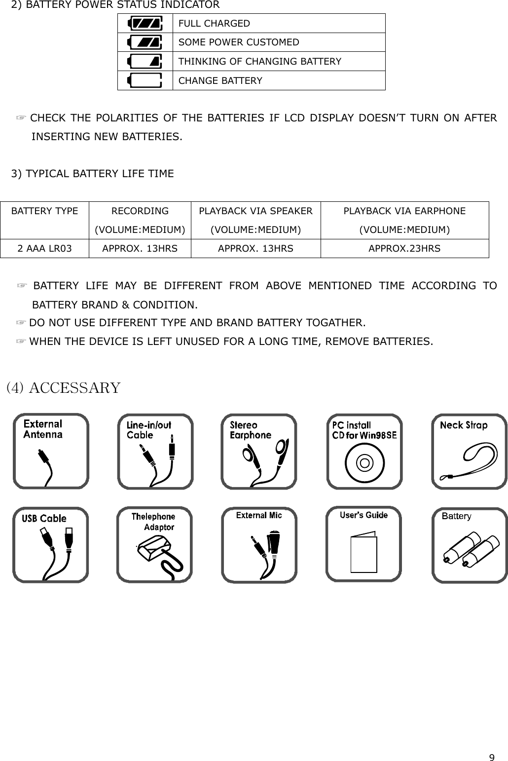 9  2) BATTERY POWER STATUS INDICATOR  FULL CHARGED  SOME POWER CUSTOMED  THINKING OF CHANGING BATTERY  CHANGE BATTERY  ☞ CHECK THE POLARITIES OF THE BATTERIES IF LCD DISPLAY DOESN’T TURN ON AFTER INSERTING NEW BATTERIES.  3) TYPICAL BATTERY LIFE TIME  BATTERY TYPE  RECORDING (VOLUME:MEDIUM) PLAYBACK VIA SPEAKER (VOLUME:MEDIUM) PLAYBACK VIA EARPHONE (VOLUME:MEDIUM) 2 AAA LR03  APPROX. 13HRS  APPROX. 13HRS  APPROX.23HRS  ☞ BATTERY LIFE MAY BE DIFFERENT FROM ABOVE MENTIONED TIME ACCORDING TO BATTERY BRAND &amp; CONDITION. ☞ DO NOT USE DIFFERENT TYPE AND BRAND BATTERY TOGATHER. ☞ WHEN THE DEVICE IS LEFT UNUSED FOR A LONG TIME, REMOVE BATTERIES.  (4) ACCESSARY          