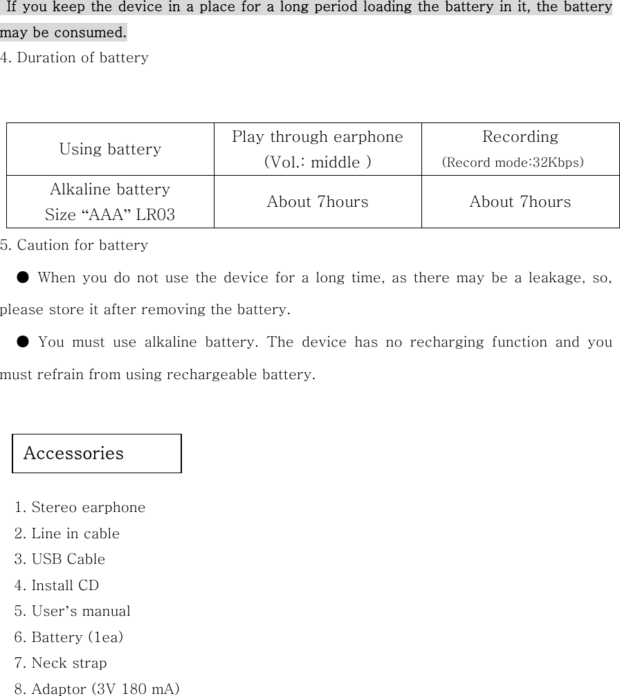  If you keep the device in a place for a long period loading the battery in it, the battery may be consumed. 4. Duration of battery     5. Caution for battery ● When you do not use the device for a long time, as there may be a leakage, so, please store it after removing the battery. ●  You  must  use  alkaline  battery.  The  device  has  no  recharging  function  and  you must refrain from using rechargeable battery.         1. Stereo earphone     2. Line in cable     3. USB Cable     4. Install CD   5. User’s manual   6. Battery (1ea)     7. Neck strap     8. Adaptor (3V 180 mA)          Using battery  Play through earphone (Vol.: middle ) Recording (Record mode:32Kbps) Alkaline battery Size “AAA” LR03  About 7hours  About 7hours Accessories 