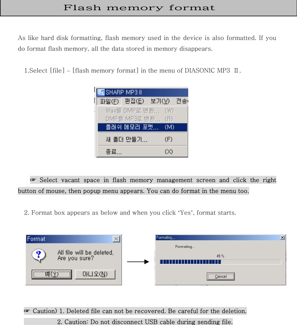    As like hard disk formatting, flash memory used in the device is also formatted. If you do format flash memory, all the data stored in memory disappears.        1.Select [file] – [flash memory format] in the menu of DIASONIC MP3  Ⅱ.            ☞ Select vacant space in flash memory management screen and click the right button of mouse, then popup menu appears. You can do format in the menu too.      2. Format box appears as below and when you click ‘Yes’, format starts.              ☞  Caution) 1. Deleted file can not be recovered. Be careful for the deletion.            2. Caution: Do not disconnect USB cable during sending file.       Flash memory format 