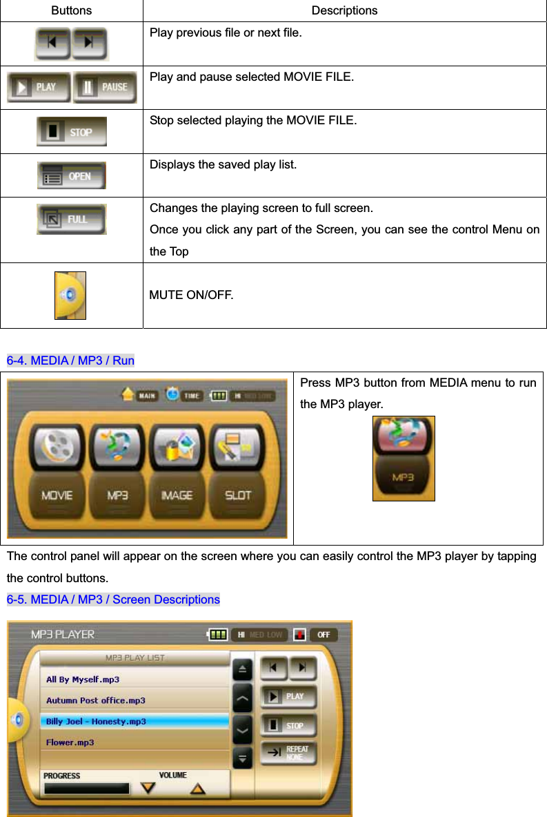 6-4. MEDIA / MP3 / Run Press MP3 button from MEDIA menu to run the MP3 player. The control panel will appear on the screen where you can easily control the MP3 player by tapping the control buttons. 6-5. MEDIA / MP3 / Screen Descriptions Buttons Descriptions Play previous file or next file. Play and pause selected MOVIE FILE. Stop selected playing the MOVIE FILE. Displays the saved play list. Changes the playing screen to full screen. Once you click any part of the Screen, you can see the control Menu on the Top MUTE ON/OFF.