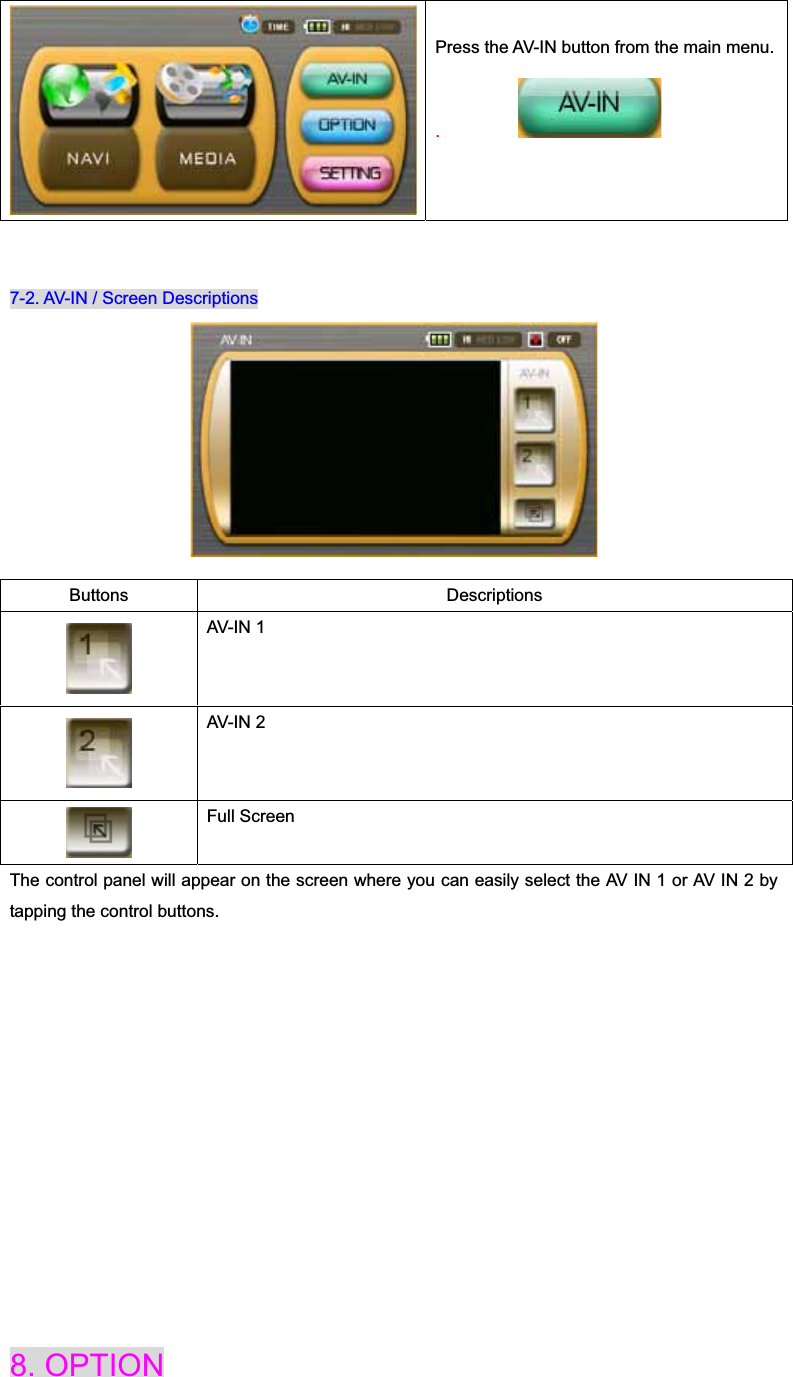 Press the AV-IN button from the main menu..         7-2. AV-IN / Screen Descriptions The control panel will appear on the screen where you can easily select the AV IN 1 or AV IN 2 by tapping the control buttons. 8. OPTION Buttons Descriptions AV-IN 1 AV-IN 2 Full Screen 