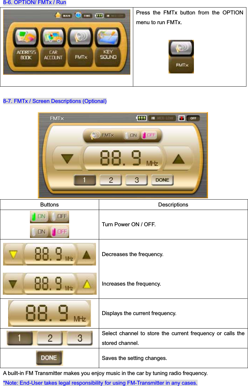 8-6. OPTION/ FMTx / Run Press the FMTx button from the OPTION menu to run FMTx. 8-7. FMTx / Screen Descriptions (Optional) A built-in FM Transmitter makes you enjoy music in the car by tuning radio frequency. *Note: End-User takes legal responsibility for using FM-Transmitter in any cases. Buttons Descriptions Turn Power ON / OFF. Decreases the frequency. Increases the frequency. Displays the current frequency. Select channel to store the current frequency or calls the stored channel. Saves the setting changes. 