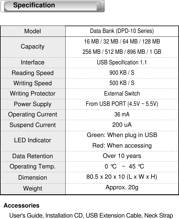 16 AccessoriesUser&apos;s Guide, Installation CD, USB Extension Cable, Neck Strap SpecificationModelCapacityInterfaceReading SpeedWriting SpeedWriting ProtectorPower SupplyOperating CurrentSuspend CurrentLED Indicator Data RetentionOperating Temp.DimensionWeightData Bank (DPD-10 Series)16 MB / 32 MB / 64 MB / 128 MB256 MB / 512 MB / 896 MB / 1 GBUSB Specification 1.1900 KB / S 500 KB / SExternal SwitchFrom USB PORT (4.5V ~ 5.5V)36 mA200 uAGreen: When plug in USBRed: When accessingOver 10 years0 °C  ~  45 °C80.5 x 20 x 10 (L x W x H)Approx. 20g