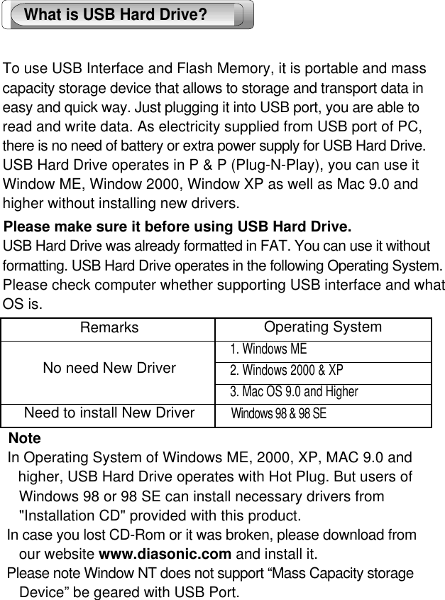 4To use USB Interface and Flash Memory, it is portable and masscapacity storage device that allows to storage and transport data ineasy and quick way. Just plugging it into USB port, you are able to read and write data. As electricity supplied from USB port of PC, there is no need of battery or extra power supply for USB Hard Drive.USB Hard Drive operates in P &amp; P (Plug-N-Play), you can use itWindow ME, Window 2000, Window XP as well as Mac 9.0 and higher without installing new drivers.Please make sure it before using USB Hard Drive.USB Hard Drive was already formatted in FAT. You can use it withoutformatting. USB Hard Drive operates in the following Operating System.Please check computer whether supporting USB interface and what OS is. Note  In Operating System of Windows ME, 2000, XP, MAC 9.0 andhigher, USB Hard Drive operates with Hot Plug. But users ofWindows 98 or 98 SE can install necessary drivers from&quot;Installation CD&quot; provided with this product.  In case you lost CD-Rom or it was broken, please download fromour website www.diasonic.com and install it. Please note Window NT does not support “Mass Capacity storageDevice” be geared with USB Port.What is USB Hard Drive?RemarksNo need New DriverNeed to install New DriverOperating System1. Windows ME2. Windows 2000 &amp; XP3. Mac OS 9.0 and HigherWindows 98 &amp; 98 SE