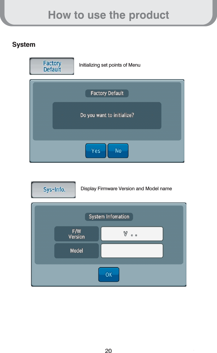 How to use the product20SystemInitializing set points of Menu Display Firmware Version and Model name