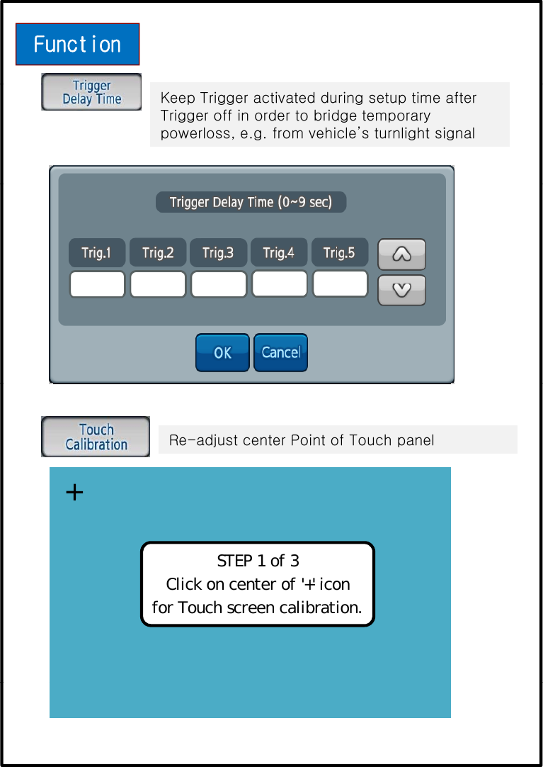FunctionKeep Trigger activated during setup time after Trigger off in order to bridge temporary powerloss, e.g. from vehicle’s turnlight signalRe-adjust center Point of Touch panelSTEP 1 of 3Click on center of &apos;+&apos; iconClick on center of + iconfor Touch screen calibration.