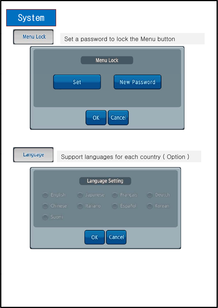 SystemSet a password to lock the Menu buttonSupport languages for each country ( Option )