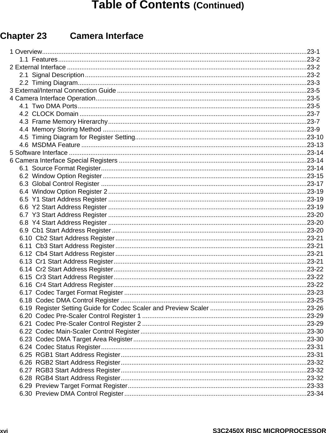  xvi  S3C2450X RISC MICROPROCESSOR Table of Contents (Continued) Chapter 23  Camera Interface 1 Overview....................................................................................................................................................23-1 1.1  Features...........................................................................................................................................23-2 2 External Interface ......................................................................................................................................23-2 2.1  Signal Description............................................................................................................................23-2 2.2  Timing Diagram................................................................................................................................23-3 3 External/Internal Connection Guide ..........................................................................................................23-5 4 Camera Interface Operation......................................................................................................................23-5 4.1  Two DMA Ports................................................................................................................................23-5 4.2  CLOCK Domain ...............................................................................................................................23-7 4.3  Frame Memory Hirerarchy...............................................................................................................23-7 4.4  Memory Storing Method ..................................................................................................................23-9 4.5  Timing Diagram for Register Setting................................................................................................23-10 4.6  MSDMA Feature ..............................................................................................................................23-13 5 Software Interface .....................................................................................................................................23-14 6 Camera Interface Special Registers .........................................................................................................23-14 6.1  Source Format Register...................................................................................................................23-14 6.2  Window Option Register ..................................................................................................................23-15 6.3  Global Control Register ...................................................................................................................23-17 6.4  Window Option Register 2...............................................................................................................23-19 6.5  Y1 Start Address Register ...............................................................................................................23-19 6.6  Y2 Start Address Register ...............................................................................................................23-19 6.7  Y3 Start Address Register ...............................................................................................................23-20 6.8  Y4 Start Address Register ...............................................................................................................23-20 6.9  Cb1 Start Address Register.............................................................................................................23-20 6.10  Cb2 Start Address Register...........................................................................................................23-21 6.11  Cb3 Start Address Register...........................................................................................................23-21 6.12  Cb4 Start Address Register...........................................................................................................23-21 6.13  Cr1 Start Address Register............................................................................................................23-21 6.14  Cr2 Start Address Register............................................................................................................23-22 6.15  Cr3 Start Address Register............................................................................................................23-22 6.16  Cr4 Start Address Register............................................................................................................23-22 6.17  Codec Target Format Register ......................................................................................................23-23 6.18  Codec DMA Control Register ........................................................................................................23-25 6.19  Register Setting Guide for Codec Scaler and Preview Scaler ......................................................23-26 6.20  Codec Pre-Scaler Control Register 1 ............................................................................................23-29 6.21  Codec Pre-Scaler Control Register 2 ............................................................................................23-29 6.22  Codec Main-Scaler Control Register.............................................................................................23-30 6.23  Codec DMA Target Area Register.................................................................................................23-30 6.24  Codec Status Register...................................................................................................................23-31 6.25  RGB1 Start Address Register........................................................................................................23-31 6.26  RGB2 Start Address Register........................................................................................................23-32 6.27  RGB3 Start Address Register........................................................................................................23-32 6.28  RGB4 Start Address Register........................................................................................................23-32 6.29  Preview Target Format Register....................................................................................................23-33 6.30  Preview DMA Control Register......................................................................................................23-34 