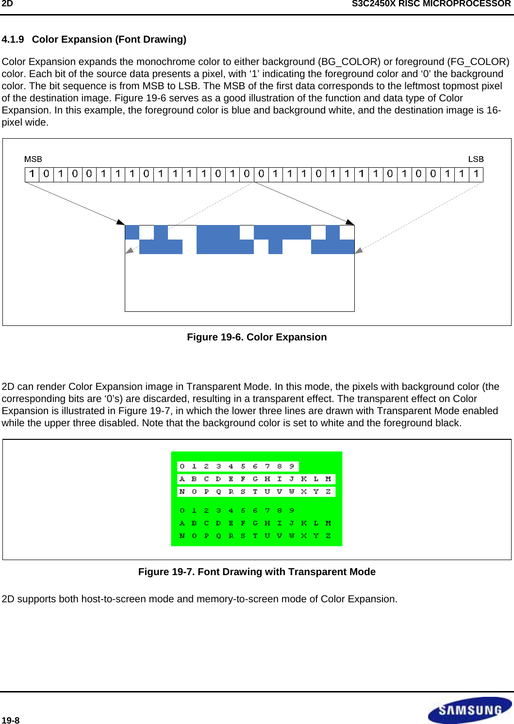 2D  S3C2450X RISC MICROPROCESSOR 19-8    4.1.9  Color Expansion (Font Drawing) Color Expansion expands the monochrome color to either background (BG_COLOR) or foreground (FG_COLOR) color. Each bit of the source data presents a pixel, with ‘1’ indicating the foreground color and ‘0’ the background color. The bit sequence is from MSB to LSB. The MSB of the first data corresponds to the leftmost topmost pixel of the destination image. Figure 19-6 serves as a good illustration of the function and data type of Color Expansion. In this example, the foreground color is blue and background white, and the destination image is 16-pixel wide.    Figure 19-6. Color Expansion  2D can render Color Expansion image in Transparent Mode. In this mode, the pixels with background color (the corresponding bits are ‘0’s) are discarded, resulting in a transparent effect. The transparent effect on Color Expansion is illustrated in Figure 19-7, in which the lower three lines are drawn with Transparent Mode enabled while the upper three disabled. Note that the background color is set to white and the foreground black.    Figure 19-7. Font Drawing with Transparent Mode 2D supports both host-to-screen mode and memory-to-screen mode of Color Expansion.         