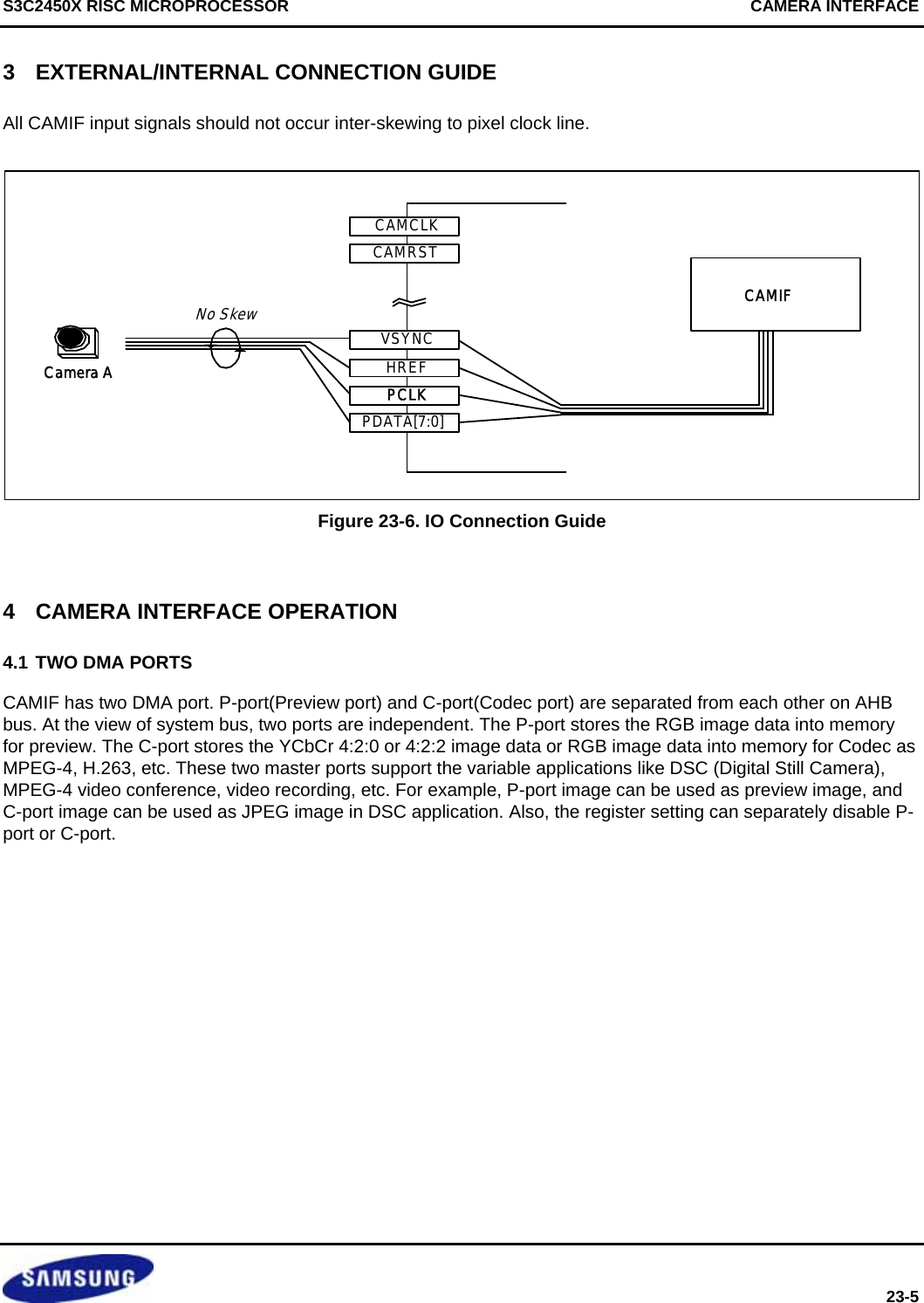 S3C2450X RISC MICROPROCESSOR    CAMERA INTERFACE  23-5 3  EXTERNAL/INTERNAL CONNECTION GUIDE All CAMIF input signals should not occur inter-skewing to pixel clock line.  CAMRSTCAMCLKVSYNCHREFPCLKPDATA[7:0]CAMIFCamera ANo Skew Figure 23-6. IO Connection Guide  4  CAMERA INTERFACE OPERATION 4.1 TWO DMA PORTS CAMIF has two DMA port. P-port(Preview port) and C-port(Codec port) are separated from each other on AHB bus. At the view of system bus, two ports are independent. The P-port stores the RGB image data into memory for preview. The C-port stores the YCbCr 4:2:0 or 4:2:2 image data or RGB image data into memory for Codec as MPEG-4, H.263, etc. These two master ports support the variable applications like DSC (Digital Still Camera), MPEG-4 video conference, video recording, etc. For example, P-port image can be used as preview image, and C-port image can be used as JPEG image in DSC application. Also, the register setting can separately disable P-port or C-port.   