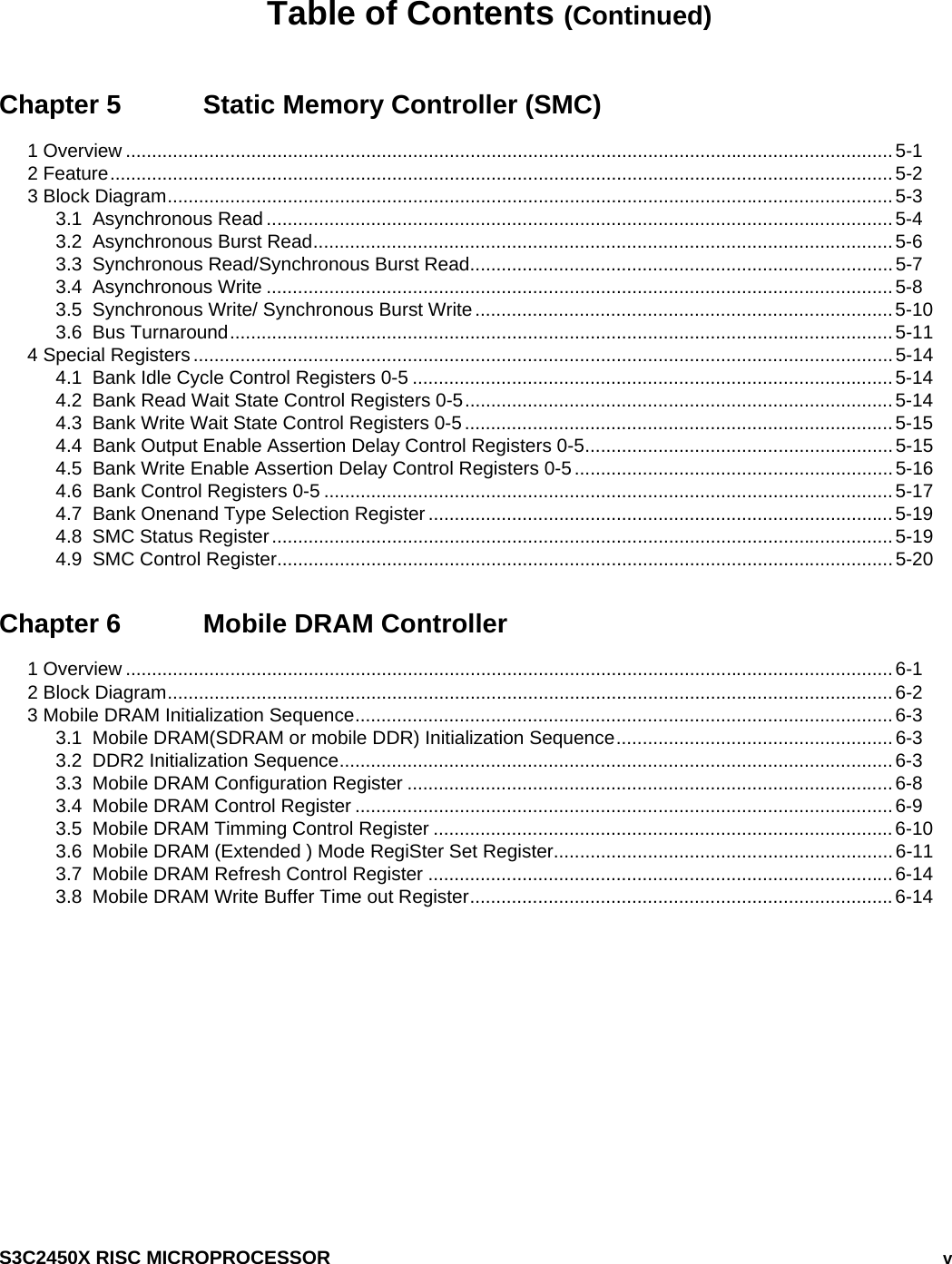    S3C2450X RISC MICROPROCESSOR   v Table of Contents (Continued) Chapter 5    Static Memory Controller (SMC) 1 Overview ...................................................................................................................................................5-1 2 Feature......................................................................................................................................................5-2 3 Block Diagram...........................................................................................................................................5-3 3.1  Asynchronous Read ........................................................................................................................5-4 3.2  Asynchronous Burst Read...............................................................................................................5-6 3.3  Synchronous Read/Synchronous Burst Read................................................................................. 5-7 3.4  Asynchronous Write ........................................................................................................................5-8 3.5  Synchronous Write/ Synchronous Burst Write................................................................................5-10 3.6  Bus Turnaround...............................................................................................................................5-11 4 Special Registers ......................................................................................................................................5-14 4.1  Bank Idle Cycle Control Registers 0-5 ............................................................................................5-14 4.2  Bank Read Wait State Control Registers 0-5..................................................................................5-14 4.3  Bank Write Wait State Control Registers 0-5 ..................................................................................5-15 4.4  Bank Output Enable Assertion Delay Control Registers 0-5...........................................................5-15 4.5  Bank Write Enable Assertion Delay Control Registers 0-5 .............................................................5-16 4.6  Bank Control Registers 0-5 .............................................................................................................5-17 4.7  Bank Onenand Type Selection Register .........................................................................................5-19 4.8  SMC Status Register.......................................................................................................................5-19 4.9  SMC Control Register......................................................................................................................5-20 Chapter 6    Mobile DRAM Controller 1 Overview ...................................................................................................................................................6-1 2 Block Diagram...........................................................................................................................................6-2 3 Mobile DRAM Initialization Sequence.......................................................................................................6-3 3.1  Mobile DRAM(SDRAM or mobile DDR) Initialization Sequence.....................................................6-3 3.2  DDR2 Initialization Sequence..........................................................................................................6-3 3.3  Mobile DRAM Configuration Register .............................................................................................6-8 3.4  Mobile DRAM Control Register .......................................................................................................6-9 3.5  Mobile DRAM Timming Control Register ........................................................................................6-10 3.6  Mobile DRAM (Extended ) Mode RegiSter Set Register.................................................................6-11 3.7  Mobile DRAM Refresh Control Register .........................................................................................6-14 3.8  Mobile DRAM Write Buffer Time out Register.................................................................................6-14  