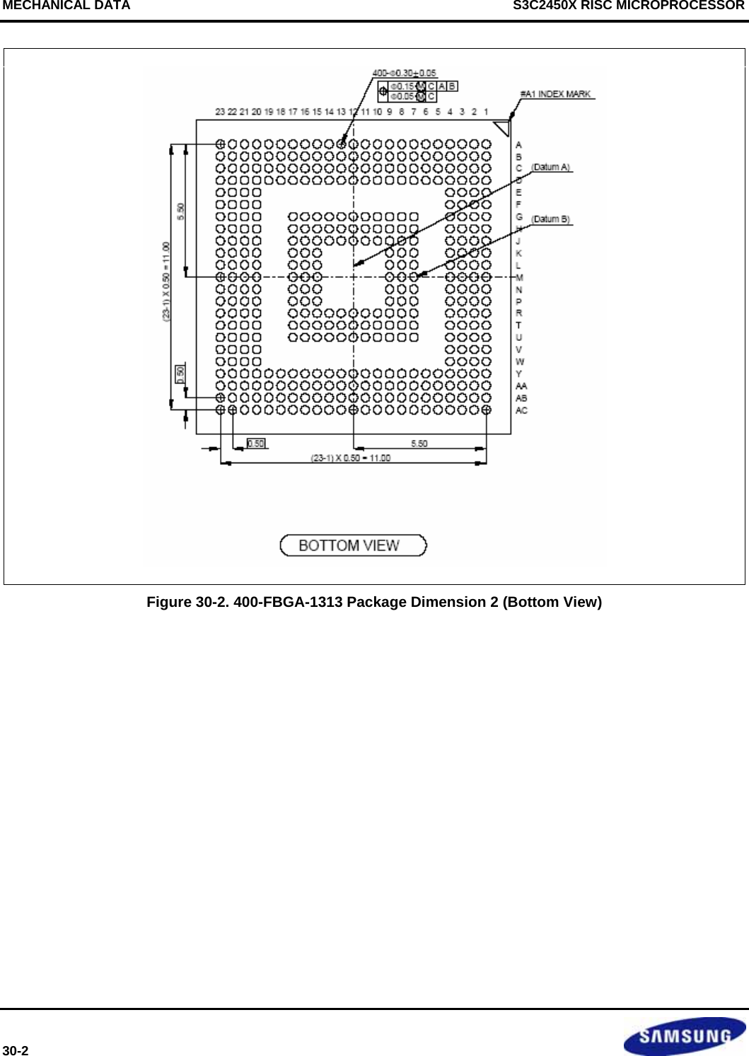 MECHANICAL DATA     S3C2450X RISC MICROPROCESSOR 30-2      Figure 30-2. 400-FBGA-1313 Package Dimension 2 (Bottom View)        