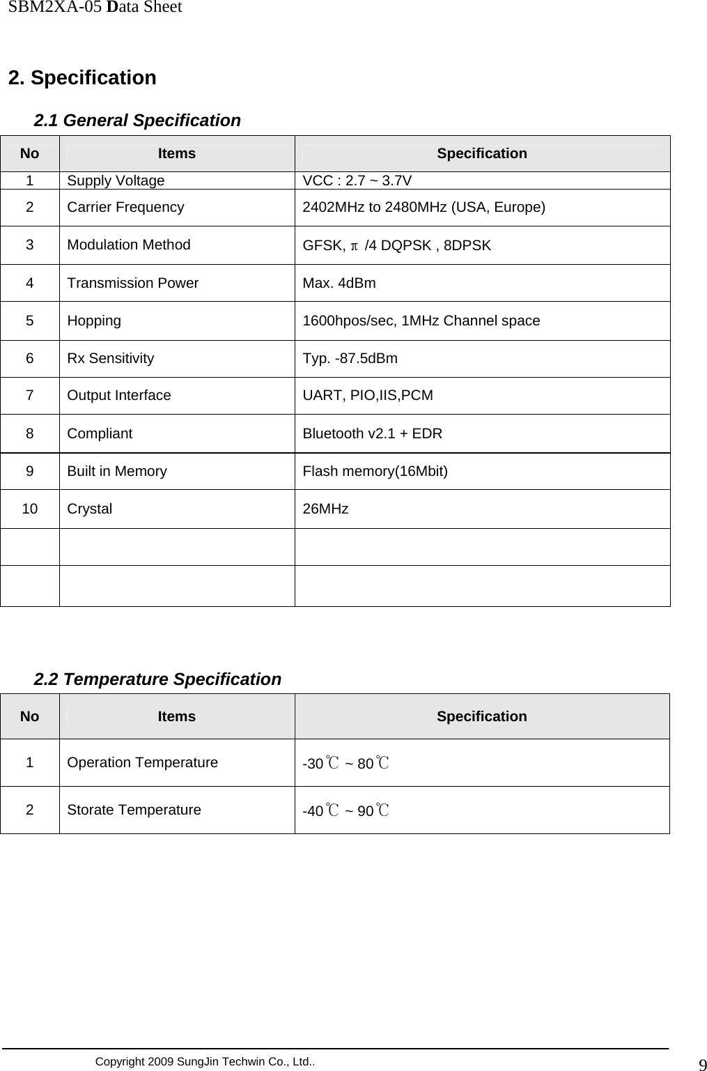              SBM2XA-05 Data Sheet  Copyright 2009 SungJin Techwin Co., Ltd..   92. Specification   2.1 General Specification No  Items  Specification 1  Supply Voltage  VCC : 2.7 ~ 3.7V 2  Carrier Frequency  2402MHz to 2480MHz (USA, Europe) 3 Modulation Method  GFSK, π/4 DQPSK , 8DPSK 4  Transmission Power  Max. 4dBm 5  Hopping  1600hpos/sec, 1MHz Channel space 6  Rx Sensitivity  Typ. -87.5dBm 7  Output Interface  UART, PIO,IIS,PCM 8  Compliant  Bluetooth v2.1 + EDR 9  Built in Memory  Flash memory(16Mbit) 10 Crystal   26MHz             2.2 Temperature Specification No  Items  Specification 1 Operation Temperature  -30℃ ~ 80℃ 2 Storate Temperature  -40℃ ~ 90℃  