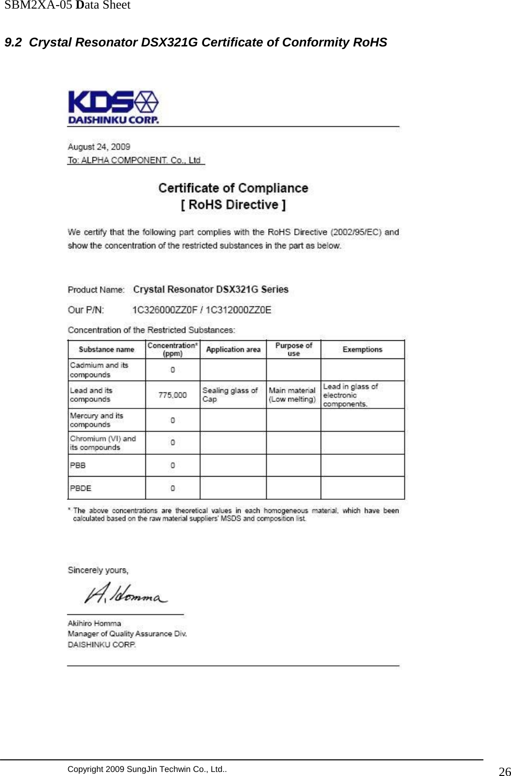               SBM2XA-05 Data Sheet  Copyright 2009 SungJin Techwin Co., Ltd..   269.2  Crystal Resonator DSX321G Certificate of Conformity RoHS      