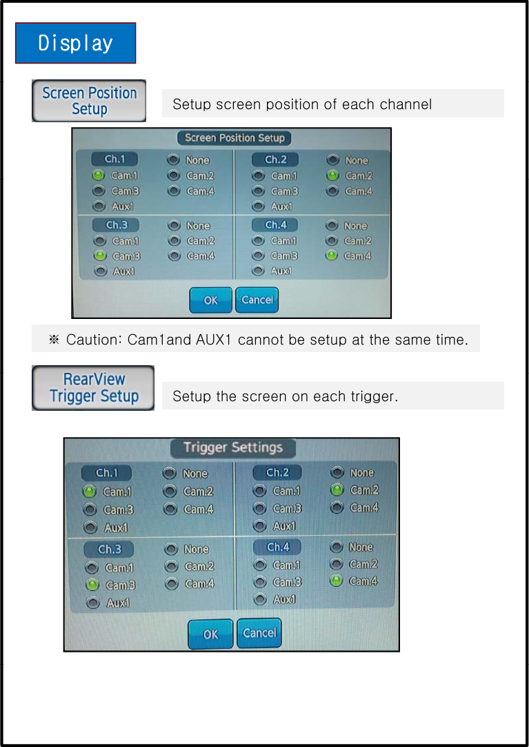 DisplaySetup screen position of each channel※ Caution: Cam1and AUX1 cannot be setup at the same time.Setup the screen on each trigger.