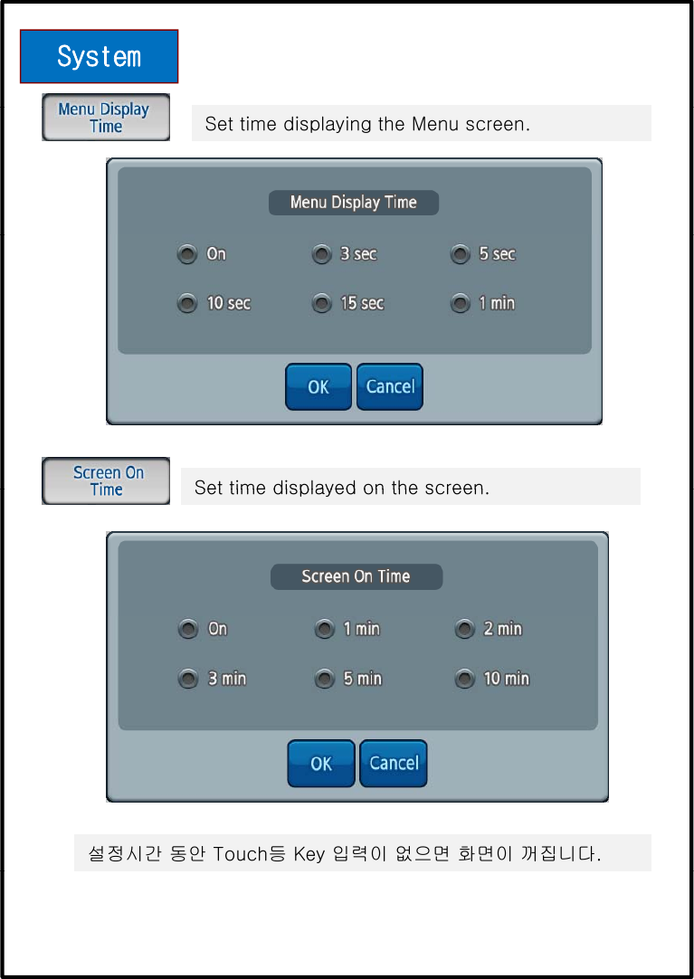 SystemSet time displaying the Menu screen.Set time displayed on the screenSet time displayed on the screen.설정시간 동안 Touch등 Key 입력이 없으면 화면이 꺼집니다.
