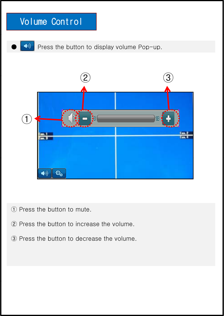 Volume Control● Press the button to display volume Pop-up.②③②③①①① Press the button to mute.② Press the button to increase the volume.③Press the button to decrease the volume③Press the button to decrease the volume.