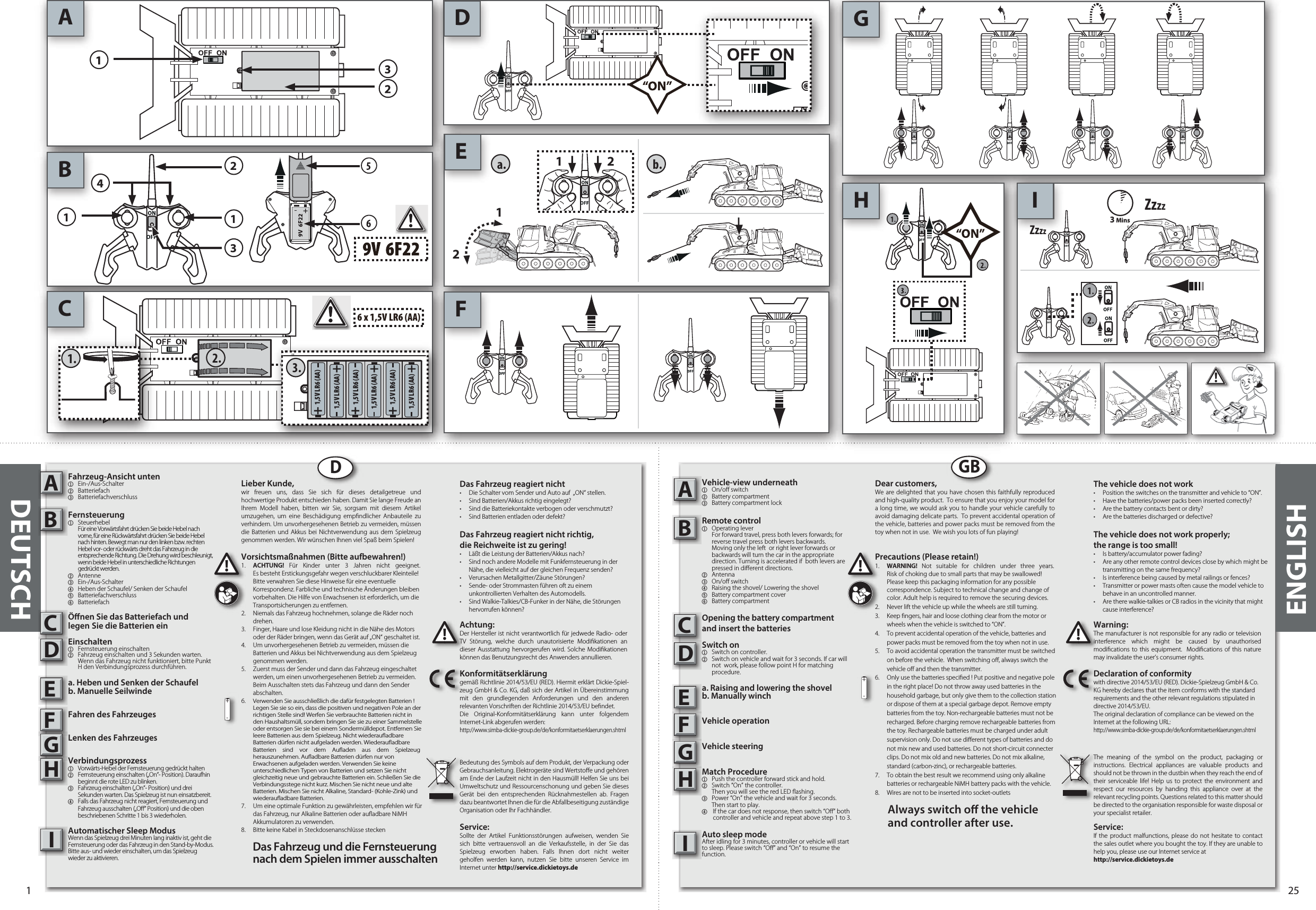 ABCDEGFH I114326 x 1,5V LR6 (AA)1.1,5V LR6 (AA)1,5V LR6 (AA)1,5V LR6 (AA)1,5V LR6 (AA)1,5V LR6 (AA)1,5V LR6 (AA)2.a. b.3.211 23 MinsZzzzZzzzDDEUTSCHFahrzeug-Ansicht unten1 Ein-/Aus-Schalter 2 Batteriefach3 BatteriefachverschlussFernsteuerung1 Steuerhebel Für eine Vorwärtsfahrt drücken Sie beide Hebel nach    vorne, für eine Rückwärtsfahrt drücken Sie beide Hebel    nach hinten. Bewegt man nur den linken bzw. rechten    Hebel vor- oder rückwärts dreht das Fahrzeug in die    entsprechende Richtung. Die Drehung wird beschleunigt,    wenn beide Hebel in unterschiedliche Richtungen  gedrückt werden.2 Antenne3  Ein-/Aus-Schalter4  Heben der Schaufel/ Senken der Schaufel5 Batteriefachverschluss6 Batteriefach Önen Sie das Batteriefach und legen Sie die Batterien einEinschalten1 Fernsteuerung einschalten2 Fahrzeug einschalten und 3 Sekunden warten.   Wenn das Fahrzeug nicht funktioniert, bitte Punkt  H den Verbindungsprozess durchführen.a. Heben und Senken der Schaufelb. Manuelle SeilwindeFahren des FahrzeugesLenken des FahrzeugesVerbindungsprozess1  Vorwärts-Hebel der Fernsteuerung gedrückt halten2  Fernsteuerung einschalten („On“- Position). Daraufhin    beginnt die rote LED zu blinken.3  Fahrzeug einschalten („On“- Position) und drei    Sekunden warten. Das Spielzeug ist nun einsatzbereit.4  Falls das Fahrzeug nicht reagiert, Fernsteuerung und   Fahrzeug ausschalten („O“ Position) und die oben    beschriebenen Schritte 1 bis 3 wiederholen.Automatischer Sleep Modus Wenn das Spielzeug drei Minuten lang inaktiv ist, geht die Fernsteuerung oder das Fahrzeug in den Stand-by-Modus. Bitte aus- und wieder einschalten, um das Spielzeug wieder zu aktivieren.ABCDEFGHIILieber Kunde,wir freuen uns, dass Sie sich für dieses detailgetreue und hochwertige Produkt entschieden haben. Damit Sie lange Freude an Ihrem Modell haben, bitten wir Sie, sorgsam mit diesem Artikel umzugehen, um eine Beschädigung empndlicher Anbauteile zu verhindern. Um unvorhergesehenen Betrieb zu vermeiden, müssen die Batterien und Akkus bei Nichtverwendung aus dem Spielzeug genommen werden. Wir wünschen Ihnen viel Spaß beim Spielen!Das Fahrzeug reagiert nicht•  Die Schalter vom Sender und Auto auf  „ON“ stellen.•  Sind Batterien/Akkus richtig eingelegt?•  Sind die Batteriekontakte verbogen oder verschmutzt?•  Sind Batterien entladen oder defekt?Das Fahrzeug reagiert nicht richtig,die Reichweite ist zu gering!•  Läßt die Leistung der Batterien/Akkus nach?•  Sind noch andere Modelle mit Funkfernsteuerung in der   Nähe, die vielleicht auf der gleichen Frequenz senden?•  Verursachen Metallgitter/Zäune Störungen?•  Sende- oder Strommasten führen oft zu einem  unkontrollierten Verhalten des Automodells.•  Sind Walkie-Talkies/CB-Funker in der Nähe, die Störungen   hervorrufen können?Achtung:Der Hersteller ist nicht verantwortlich für jedwede Radio- oder TV Störung, welche durch unautorisierte Modikationen an dieser Ausstattung hervorgerufen wird. Solche Modikationen können das Benutzungsrecht des Anwenders annullieren.Bedeutung des Symbols auf dem Produkt, der Verpackung oder Gebrauchsanleitung. Elektrogeräte sind Wertstoe und gehören am Ende der Laufzeit nicht in den Hausmüll! Helfen Sie uns bei Umweltschutz und Ressourcenschonung und geben Sie dieses Gerät bei den entsprechenden Rücknahmestellen ab. Fragen dazu beantwortet Ihnen die für die Abfallbeseitigung zuständige Organisation oder Ihr Fachhändler.Service:Sollte der Artikel Funktionsstörungen aufweisen, wenden Sie sich bitte vertrauensvoll an die Verkaufsstelle, in der Sie das Spielzeug erworben haben. Falls Ihnen dort nicht weiter geholfen werden kann, nutzen Sie bitte unseren Service im Internet unter http://service.dickietoys.deVorsichtsmaßnahmen (Bitte aufbewahren!) 1.  ACHTUNG!  Für Kinder unter 3 Jahren nicht geeignet.   Es besteht Erstickungsgefahr wegen verschluckbarer Kleinteile!    Bitte verwahren Sie diese Hinweise für eine eventuelle      Korrespondenz. Farbliche und technische Änderungen bleiben    vorbehalten. Die Hilfe von Erwachsenen ist erforderlich, um die    Transportsicherungen zu entfernen.2.  Niemals das Fahrzeug hochnehmen, solange die Räder noch   drehen.3.  Finger, Haare und lose Kleidung nicht in die Nähe des Motors    oder der Räder bringen, wenn das Gerät auf „ON“ geschaltet ist. 4.  Um unvorhergesehenen Betrieb zu vermeiden, müssen die    Batterien und Akkus bei Nichtverwendung aus dem Spielzeug    genommen werden. 5.  Zuerst muss der Sender und dann das Fahrzeug eingeschaltet    werden, um einen unvorhergesehenen Betrieb zu vermeiden.    Beim Ausschalten stets das Fahrzeug und dann den Sender   abschalten. 6. Verwenden Sie ausschließlich die dafür festgelegten Batterien !    Legen Sie sie so ein, dass die positiven und negativen Pole an der    richtigen Stelle sind! Werfen Sie verbrauchte Batterien nicht in    den Haushaltsmüll, sondern bringen Sie sie zu einer Sammelstelle    oder entsorgen Sie sie bei einem Sondermülldepot. Entfernen Sie    leere Batterien aus dem Spielzeug. Nicht wiederauadbare    Batterien dürfen nicht aufgeladen werden. Wiederauadbare    Batterien sind vor dem Auaden aus dem Spielzeug   herauszunehmen. Auadbare Batterien dürfen nur von      Erwachsenen aufgeladen werden. Verwenden Sie keine      unterschiedlichen Typen von Batterien und setzen Sie nicht    gleichzeitig neue und gebrauchte Batterien ein. Schließen Sie die    Verbindungsstege nicht kurz. Mischen Sie nicht neue und alte    Batterien. Mischen Sie nicht Alkaline, Standard- (Kohle-Zink) und    wiederauadbare Batterien.7.  Um eine optimale Funktion zu gewährleisten, empfehlen wir für    das Fahrzeug, nur Alkaline Batterien oder auadbare NiMH    Akkumulatoren zu verwenden. 8.  Bitte keine Kabel in Steckdosenanschlüsse stecken !+-!Vehicle-view underneath1  On/o switch2  Battery compartment3  Battery compartment lockRemote control  1  Operating lever  For forward travel, press both levers forwards; for    reverse travel press both levers backwards.    Moving only the left  or right lever forwards or    backwards will turn the car in the appropriate    direction. Turning is accelerated if  both levers are    pressed in dierent directions.2  Antenna3  On/o switch4  Raising the shovel/ Lowering the shovel5  Battery compartment cover6  Battery compartment Opening the battery compartment and insert the batteriesSwitch on1 Switch on controller.2 Switch on vehicle and wait for 3 seconds. If car will    not  work, please follow point H for matching   procedure.a. Raising and lowering the shovelb. Manually winchVehicle operationVehicle steeringMatch Procedure1 Push the controller forward stick and hold.2 Switch “On” the controller.    Then you will see the red LED ashing.3 Power “On” the vehicle and wait for 3 seconds.    Then start to play.4 If the car does not response, then switch “O” both    controller and vehicle and repeat above step 1 to 3.Auto sleep mode After idling for 3 minutes, controller or vehicle will start to sleep. Please switch “O” and “On” to resume the function.ABCDEFGHDear customers,We are delighted that you have chosen this faithfully reproduced and high-quality product.  To ensure that you enjoy your model for a long time, we would ask you to handle your vehicle carefully to avoid damaging delicate parts.  To prevent accidental operation of the vehicle, batteries and power packs must be removed from the toy when not in use.  We wish you lots of fun playing! The vehicle does not work•  Position the switches on the transmitter and vehicle to “ON”. •  Have the batteries/power packs been inserted correctly?•  Are the battery contacts bent or dirty? •  Are the batteries discharged or defective?The vehicle does not work properly; the range is too small!•  Is battery/accumulator power fading? •  Are any other remote control devices close by which might be    transmitting on the same frequency? •  Is interference being caused by metal railings or fences? •  Transmitter or power masts often cause the model vehicle to    behave in an uncontrolled manner. •  Are there walkie-talkies or CB radios in the vicinity that might    cause interference?Warning:The manufacturer is not responsible for any radio or television interference which might be caused by unauthorised modications to this equipment.  Modications of this nature may invalidate the user’s consumer rights. The meaning of the symbol on the product, packaging or instructions. Electrical appliances are valuable products and should not be thrown in the dustbin when they reach the end of their serviceable life! Help us to protect the environment and respect our resources by handing this appliance over at the relevant recycling points. Questions related to this matter should be directed to the organisation responsible for waste disposal or your specialist retailer.Service:If the product malfunctions, please do not hesitate to contact the sales outlet where you bought the toy. If they are unable to help you, please use our Internet service at http://service.dickietoys.dePrecautions (Please retain!)1.  WARNING! Not suitable for children under three years.   Risk of choking due to small parts that may be swallowed!    Please keep this packaging information for any possible    correspondence. Subject to technical change and change of    color. Adult help is required to remove the securing devices.2.  Never lift the vehicle up while the wheels are still turning. 3.  Keep ngers, hair and loose clothing clear from the motor or    wheels when the vehicle is switched to “ON”. 4.  To prevent accidental operation of the vehicle, batteries and    power packs must be removed from the toy when not in use.5.  To avoid accidental operation the transmitter must be switched    on before the vehicle.  When switching o, always switch the    vehicle o and then the transmitter.6.  Only use the batteries specied ! Put positive and negative pole    in the right place! Do not throw away used batteries in the    household garbage, but only give them to the collection station    or dispose of them at a special garbage depot. Remove empty    batteries from the toy. Non-rechargeable batteries must not be    recharged. Before charging remove rechargeable batteries from    the toy. Rechargeable batteries must be charged under adult    supervision only. Do not use dierent types of batteries and do    not mix new and used batteries. Do not short-circuit connecter    clips. Do not mix old and new batteries. Do not mix alkaline,    standard (carbon-zinc), or rechargeable batteries.7.  To obtain the best result we recommend using only alkaline    batteries or rechargeable NiMH battery packs with the vehicle.8.  Wires are not to be inserted into socket-outlets!+-!ENGLISHGBKonformitätserklärunggemäß Richtlinie 2014/53/EU (RED). Hiermit erklärt Dickie-Spiel-zeug GmbH &amp; Co. KG, daß sich der Artikel in Übereinstimmung mit den grundlegenden Anforderungen und den anderen relevanten Vorschriften der Richtlinie 2014/53/EU bendet.Die Original-Konformitätserklärung kann unter folgendem Internet-Link abgerufen werden:http://www.simba-dickie-group.de/de/konformitaetserklaerungen.shtmlDeclaration of conformitywith directive 2014/53/EU (RED). Dickie-Spielzeug GmbH &amp; Co.KG hereby declares that the item conforms with the standardrequirements and the other relevant regulations stipulated indirective 2014/53/EU.The original declaration of compliance can be viewed on theInternet at the following URL:http://www.simba-dickie-group.de/de/konformitaetserklaerungen.shtmlDas Fahrzeug und die Fernsteuerung nach dem Spielen immer ausschaltenAlways switch o the vehicle and controller after use.1 25