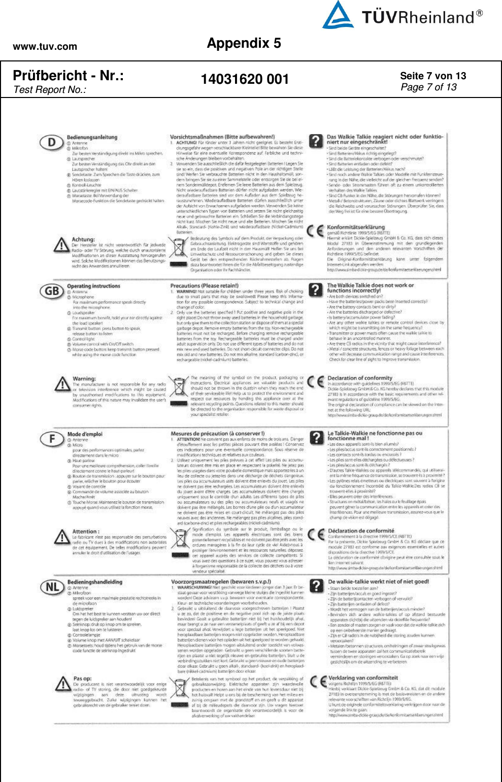 www.tuv.com Appendix 5  Prüfbericht - Nr.:  Test Report No.: 14031620 001 Seite 7 von 13 Page 7 of 13     