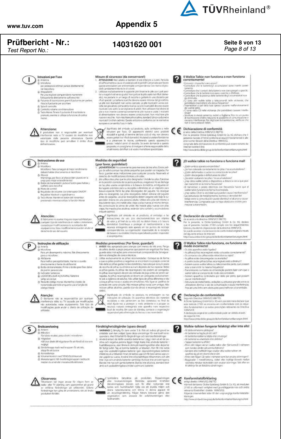 www.tuv.com Appendix 5  Prüfbericht - Nr.:  Test Report No.: 14031620 001 Seite 8 von 13 Page 8 of 13     