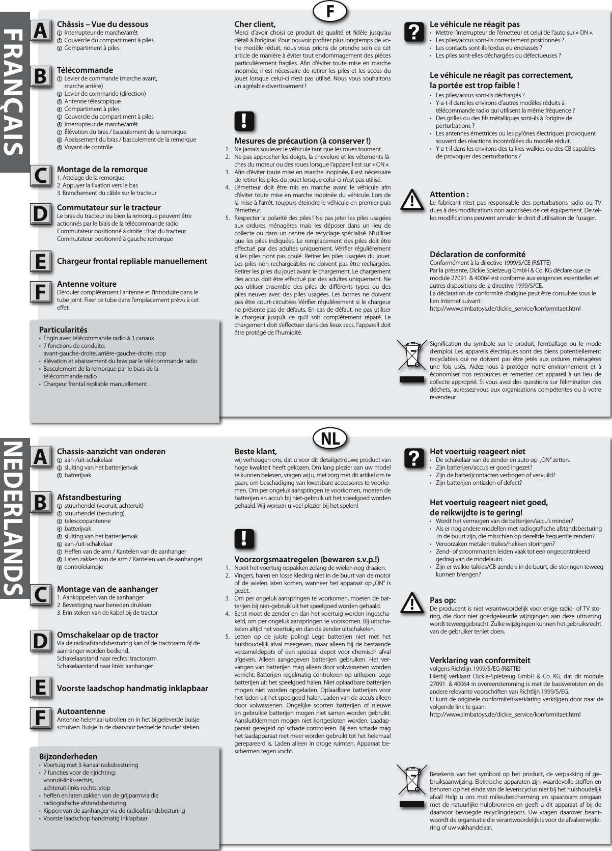 FRANÇAISFNLNEDERLANDSBijzonderheden• Voertuigmet3-kanaalradiobesturing• 7functiesvoorderijrichting: vooruit-links-rechts, achteruit-links-rechts,stop• heenenlatenzakkenvandegrijparmviadie radiograscheafstandsbesturing• Kippenvandeaanhangerviaderadioafstandsbesturing• VoorstelaadschophandmatiginklapbaarChassis-aanzicht van onderen1 aan-/uit-schakelaar2 sluitingvanhetbatterijenvak3 batterijvakAfstandbesturing1 stuurhendel(vooruit,achteruit)2 stuurhendel(besturing)3 telescoopantenne4 batterijvak5 sluitingvanhetbatterijenvak6 aan-/uit-schakelaar7 Heffenvandearm/Kantelenvandeaanhanger8 Latenzakkenvandearm/Kantelenvandeaanhanger9 controlelampjeMontage van de aanhanger 1.Aankoppelenvandeaanhanger2.Bevestigingnaarbenedendrukken3.ErinstekenvandekabelbijdetractorOmschakelaar op de tractor Viaderadioafstandsbesturingkanófdetractorarmófdeaanhangerwordenbediend.Schakelaarstandnaarrechts:tractorarmSchakelaarstandnaarlinks:aanhangerVoorste laadschop handmatig inklapbaarAutoantenneAntennehelemaaluitrolleneninhetbijgeleverdebuisjeschuiven.Buisjeindedaarvoorbedoeldehoudersteken.Pas op:Deproducentisnietverantwoordelijkvoorenigeradio-ofTVsto-ring,diedoor niet goedgekeurde wijzigingen aan dezeuitrustingwordtteweeggebracht.Zulkewijzigingenkunnenhetgebruiksrechtvandegebruikertenietdoen.ABC!Het voertuig reageert niet• Deschakelaarvandezenderenautoop„ON“zetten.• Zijnbatterijen/accu’sergoedingezet?• Zijndebatterijcontactenverbogenofvervuild?• Zijnbatterijenontladenofdefect?Het voertuig reageert niet goed,de reikwijdte is te gering!• Wordthetvermogenvandebatterijen/accu’sminder?• Alsernoganderemodellenmetradiograscheafstandsbesturing indebuurtzijn,diemisschienopdezelfdefrequentiezenden?• Veroorzakenmetalentralies/hekkenstoringen?• Zend-ofstroommastenleidenvaaktoteenongecontroleerd gedragvandemodelauto.• Zijnerwalkie-talkies/CB-zendersindebuurt,diestoringenteweeg kunnenbrengen?Beste klant,wijverheugenons,datuvoorditdetailgetrouweproductvanhogekwaliteitheeftgekozen.Omlangplezieraanuwmodeltekunnenbeleven,vragenwiju,metzorgmetditartikelomtegaan,ombeschadigingvankwetsbareaccessoirestevoorko-men.Omperongelukaanspringentevoorkomen,moetendebatterijenenaccu’sbijniet-gebruikuithetspeelgoedwordengehaald.Wijwensenuveelplezierbijhetspelen!Betekenis van het symbool op hetproduct,de verpakkingof ge-bruiksaanwijzing.Elektrischeapparatenzijnwaardevollestoenenbehorenopheteindevandelevenscyclusnietbijhethuishoudelijkafval! Help u ons met milieubescherming en spaarzaam omgaanmetde natuurlijke hulpbronnen en geeftu dit apparaat af bij dedaarvoor bevoegde recyclingdepots. Uw vragen daarover beant-woordtdeorganisatiedieverantwoordelijkisvoordeafvalverwijde-ringofuwvakhandelaar.!Voorzorgsmaatregelen (bewaren s.v.p.!)Nooithetvoertuigoppakkenzolangdewielennogdraaien.Vingers,harenenlossekledingnietindebuurtvandemotorofdewielen latenkomen,wanneerhet apparaatop„ON“isgezet.Omperongelukaanspringentevoorkomen,moetendebat-terijenbijniet-gebruikuithetspeelgoedwordengehaald.Eerstmoetdezenderendanhetvoertuigwordeningescha-keld,omperongelukaanspringentevoorkomen.Bijuitscha-kelenaltijdhetvoertuigendandezenderuitschakelen.Letten op de juiste poling! Lege batterijen niet met hethuishoudelijkafvalmeegeven,maar alleenbijdebestaandeverzameldepots of een speciaal depot voor chemisch afvalafgeven. Alleen aangegeven batterijen gebruiken. Het ver-vangenvanbatterijenmagalleendoorvolwassenenwordenverricht.Batterijenregelmatigcontrolerenopuitlopen.Legebatterijenuithetspeelgoedhalen.Nietoplaadbarebatterijenmogen niet worden opgeladen. Oplaadbare batterijen voorhetladenuithetspeelgoedhalen.Ladenvandeaccu’salleendoor volwassenen. Ongelijke soorten batterijen of nieuweengebruiktebatterijenmogennietsamenwordengebruikt.Aansluitklemmenmogennietkortgeslotenworden.Laadap-paraatgeregeldop schadecontroleren.Bij eenschademaghetlaadapparaatnietmeerwordengebruikttothethelemaalgerepareerdis.Laden alleenindrogeruimten,Apparaatbe-schermentegenvocht.Particularités• Enginavectélécommanderadioà3canaux• 7fonctionsdeconduite: avant-gauche-droite,arrière-gauche-droite,stop• élévationetabaissementdubrasparletélécommanderadio• Basculementdelaremorqueparlebiaisdela télécommanderadio• ChargeurfrontalrepliablemanuellementChâssis – Vue du dessous1 Interrupteurdemarche/arrêt2 Couvercleducompartimentàpiles3 CompartimentàpilesTélécommande 1 Levierdecommande(marcheavant, marchearrière)2 Levierdecommande(direction)3 Antennetélescopique4 Compartimentàpiles5 Couvercleducompartimentàpiles6 Interrupteurdemarche/arrêt7 Élévationdubras/basculementdelaremorque8 Abaissementdubras/basculementdelaremorque9 VoyantdecontrôleMontage de la remorque 1.Attelagedelaremorque2.Appuyerlafixationverslebas3.BranchementducâblesurletracteurCommutateur sur le tracteur LebrasdutracteuroubienlaremorquepeuventêtreactionnésparlebiaisdelatélécommanderadioCommutateurpositionnéàdroite:BrasdutracteurCommutateurpositionnéàgaucheremorqueChargeur frontal repliable manuellementAntenne voitureDéroulercomplètementl’antenneetl’introduiredansletubejoint.Fixercetubedansl’emplacementprévuàceteet.Attention :Le fabricant n’est pas responsable des perturbations radio ouTVduesàdesmodicationsnonautoriséesdecetéquipement.Detel-lesmodicationspeuventannulerledroitd’utilisationdel’usager.ABC!Le véhicule ne réagit pas• Mettrel’interrupteurdel’émetteuretceluidel’autosur«ON».• Lespiles/accussont-ilscorrectementpositionnés?• Lescontactssont-ilstordusouencrassés?• Lespilessont-ellesdéchargéesoudéfectueuses?Le véhicule ne réagit pas correctement,la portée est trop faible !• Lespiles/accussont-ilsdéchargés?• Y-a-t-ildanslesenvironsd’autresmodèlesréduitsà télécommanderadioquiutilisentlamêmefréquence?• Desgrillesoudeslsmétalliquessont-ilsàl’originede perturbations?• Lesantennesémettricesoulespylônesélectriquesprovoquent souventdesréactionsincontrôléesdumodèleréduit.• Y-a-t-ildanslesenvironsdestalkies-walkiesoudesCBcapables deprovoquerdesperturbations?Cher client,Merci d’avoir choisi ce produit de qualité et dèle jusqu’audétailàl’original.Pourpouvoirproterpluslongtempsdevo-tremodèleréduit,nous vous prions de prendresoindecetarticledemanièreàévitertoutendommagementdespiècesparticulièrementfragiles.And’évitertoutemise en marcheinopinée,il est nécessairederetirerles piles etlesaccusdujouetlorsquecelui-cin’estpasutilisé.Nous vous souhaitonsunagréabledivertissement!Signication du symbole sur le produit, l’emballage ou le moded’emploi. Lesappareilsélectriquessontdesbienspotentiellementrecyclables qui ne doivent pas être jetés aux ordures ménagèresune fois usés. Aidez-nous à protéger notre environnement et àéconomiser nos ressources et remettez cet appareil à un lieu decollecteapproprié.Sivousavezdesquestionssurl’éliminationdesdéchets,adressez-vousauxorganisationscompétentesouà votrerevendeur.!Mesures de précaution (à conserver !)Nejamaissouleverlevéhiculetantquelesrouestournent.Nepasapprocherlesdoigts,lachevelureetlesvêtementslâ-chesdumoteuroudesroueslorsquel’appareilestsur«ON».And’évitertoutemiseenmarcheinopinée,ilestnécessairederetirerlespilesdujouetlorsquecelui-cin’estpasutilisé.L’émetteur doit être mis en marche avant le véhicule and’évitertoutemiseenmarcheinopinéeduvéhicule.Lorsdelamiseàl’arrêt,toujourséteindrelevéhiculeenpremierpuisl’émetteur.Respecterlapolaritédespiles!Nepasjeterlespilesusagéesaux ordures ménagères mais les déposer dans un lieu decollecteoudans uncentrederecyclage spécialisé.N’utiliserquelespilesindiquées.Leremplacementdespilesdoit êtreeectué par des adultes uniquement.Vérier régulièrementsilespilesn’ontpascoulé.Retirerlespilesusagéesdujouet.Lespiles non rechargeablesnedoiventpas être rechargées.Retirerlespilesdujouetavantlechargement.Lechargementdesaccusdoitêtreeectuépardesadultesuniquement.Nepas utiliser ensemble des piles de diérents types ou despiles neuves avec des piles usagées. Les bornes ne doiventpasêtrecourt-circuitéesVérierrégulièrementsilechargeurneprésentepasdedéfauts.Encasdedéfaut,nepasutiliserle chargeur jusqu’à ce qu’il soit complètement réparé. Lechargementdoits’eectuerdansdeslieuxsecs,l’appareildoitêtreprotégédel’humidité.Verklaring van conformiteitvolgensRichtlijn1999/5/EG(R&amp;TTE)Hierbij verklaart Dickie-Spielzeug GmbH &amp; Co. KG, dat dit module27091&amp;40064inovereenstemmingismetdebasisvereistenendeandererelevantevoorschriftenvanRichtlijn1999/5/EG.Ukuntdeorigineleconformiteitsverklaringverkrijgendoornaardevolgendelinktegaan:http://www.simbatoys.de/dickie_service/konformitaet.htmlDéclaration de conformitéConformémentàladirective1999/5/CE(R&amp;TTE)Parlaprésente,DickieSpielzeugGmbH&amp;Co.KGdéclarequecemodule27091&amp;40064estconformeauxexigencesessentiellesetautresdispositionsdeladirective1999/5/CE.Ladéclarationdeconformitéd‘originepeutêtreconsultéesouslelienInternetsuivant:http://www.simbatoys.de/dickie_service/konformitaet.htmlDDEEFF1.2.3.4. 5.1.2.3.4. 5.