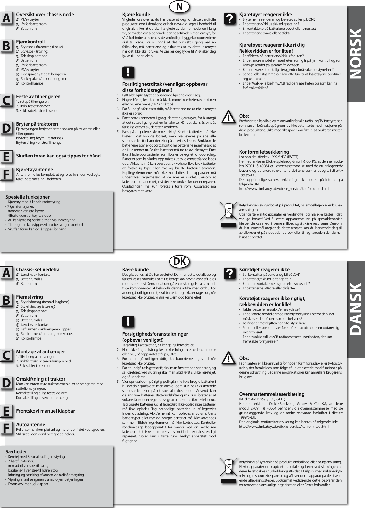 NORSKNDKDANSKSpesielle funksjoner• Kjøretøymed3kanalsradiostyring•7kjørefunksjoner: framover-venstre-høyre, tilbake-venstre-høyre,stopp• dukanløfteogsenkearmenviaradiostyring• Tilhengerenkanvippesviaradiostyrternkontroll• SkuenforankanogsåtippesforhåndOversikt over chassis nede1 På/avbryter2 låsforbatterirom4 BatteriromFjernkontroll 1 Styrespak(framover,tilbake)2 Styrespak(styring)3 Teleskopantenne4 Batterirom5 låsforbatterirom6 På/avbryter7 Hevspaken/tipptilhengeren8 Senkspaken/tipptilhengeren9 KontrolllampeFeste av tilhengeren 1.Settpåtilhengeren2.Trykkfestetnedover3.StikkkabeleninnitraktorenBryter på traktoren Fjernstyringenbetjenerentenspakenpåtraktorenellertilhengeren.Bryterstillinghøyre:TraktorspakBryterstillingvenstre:TilhengerSkuen foran kan også tippes for håndKjøretøyantenneAntennenrulleskomplettutogføresinnidenvedlagterøret.Settrøretinniholderen.Obs:Produsentenkanikkeværeansvarligforalleradio-ogTVforstyrrelsersomkanbliforårsaketpågrunnavikkeautorisertemodikasjonerpådisseproduktene.Slikemodikasjonerkanføretilatbrukerenmisterbruksretten.ABC!Kjøretøyet reagerer ikke• Bryternefrasenderenogkjøretøystillespå„ON“.• Erbatteriene/akkusskikkeligsattinn?• Erkontaktenepåbatterienebøyetellersmusset?• Erbatterienesvakeellerdefekt?Kjøretøyet reagerer ikke riktigRekkevidden er for liten!• Ereektenpåbatteriene/akkusforliten?• Erdetandremodellerinærhetensomgårpåernkontrollogsom kanskjesenderpåsammefrekvensen?• Kandetværeatmetallgitter/gjerderforårsakerforstyrrelsen?• Sende-ellerstrømmasterkanofteføretilatkjøretøyeneoppfører segukontrollert.• ErderWalkie-Talkiehhv./CBradioerinærhetenogsomkanha forårsaketfeilen?Kjære kundeViglederossoveratduharbestemtdegfordetteverdifulleproduktetsomidetaljeneerheltnøyaktiglagetihenholdtiloriginalen.Foratduskalhagledeavdennemodellenilangtid,bervidegomåbehandledenneartikkelenmedomsyn,forsååforhindreatnoenavdeømntligebyggekomponenteneskal ta skade. For å unngå at det blir satt i gang ved enfeiltakelse,måbatterieneogakkus tasutavdetteleketøyetnårdetikkeskalbrukes.ViønskerdeglykketilViønskerdeglykketilunderleken!Betydningenavsymboletpåproduktet,påemballasjenellerbruks-anvisningen.Utrangerteelektroapparatererverdistoer ogmåikkekastesidetvanlige bosset! Ved å levere apparatene inn på spesialdeponierhjelperduossmedåvernemiljøetogåskåneresursene.Dersomduharspørsmålangåendedettetemaet,kanduhenvendedegtilavfallsvesenetpåstedetderdubor,ellertilfaghandelenderduharkjøptapparatet.!Forsiktighetstiltak (vennligst oppbevar disse forholdsreglene!)Løftaldrikjøretøyetoppsålengehjulenedreierseg.Fingre,hårogløseklærmåikkekommeinærhetenavmotorenellerhjulenemens„ON“erslåttpå.Foråunngåuforutsettdrift,måbatterienetasutnårleketøyetikkeeribruk.Førstsettessenderenigang,deretterkjøretøyet,foråunngåatdetsettesigangvedenfeiltakelse.Nårdetskalslåsav,slåsførstkjøretøyetav,derettersenderen.Pass på at polene klemmes riktig! Brukte batterier må ikkekastes i det vanlige bosset, men må leveres på spesiellesamlestederforbatterierellerpåetavfallsdeponi.Brukkundebatterienesomeroppgitt.Kontrollerbatterieneregelmessigatdeikkerennerut.Bruktebatteriermåtasutavleketøyet.Prøvikkeåladeoppbatteriersomikkeerberegnetforopplading.Batteriersomkanladesoppmåtasutavleketøyetførdeladesopp.Akkuenemåkunoppladesavvoksne.Ikkebrukbatterierav forskjellig type eller nye og brukte batterier sammen.Koplingsklemmene må ikke kortsluttes. Ladeapparater måundersøkes regelmessig at de ikke er skadet. Dersom etladeapparatharenfeil,mådetikkebrukesførdeterreparert.Oppladingen må kun foretas i tørre rom. Apparatet måbeskyttesmotvæte.Særheder• Køretøjmed3-kanal-radioernstyring• 7kørefunktioner: fremad-tilvenstre-tilhøjre, baglæns-tilvenstre-tilhøjre,stop• løftningogsænkingafarmenviaradioernstyring• Vipningafanhængerenviaradioernbetjeningen• FrontskovlmanuelklapbarChassis- set nedefra1 tænd-/sluk-kontakt2 Batterirumslås4 BatterirumFjernstyring  1 Styrehåndtag(fremad,baglæns)2 Styrehåndtag(styretøj)3 Teleskopantenne4 Batterirum5 Batterirumslås6 tænd-/sluk-kontakt7 Løftarmen/anhængerenvippes8 Sænkarmen/anhængerenvippes9 KontrollampeMontage af anhænger 1.Tilkoblingafanhænger2.Trykfastgørelsesanordningenned3.StikkabletitraktorenOmskiftning til traktor Mankanentenstyretraktorarmenelleranhængerenmedradiofiernstyringen.Kontaktstillingtilhøjre:traktorarmKontaktstillingtilvenstre:anhængerFrontskovl manuel klapbarAutoantenneRulantennenkompletudogindførdenidetvedlagderør.Stilrøretidendertilberegnedeholder.Obs:Fabrikantenerikkeansvarligfornogenformforradio-ellertv-forsty-rrelse,derfremkaldessomfølgeafuautoriseredemodikationerpådenneudrustning.Sådannemodikationerkanannullerebrugerensbrugsret.ABC!Køretøjet reagerer ikke• Stilkontakterpåsenderogbilpå„ON“.• Erbatterier/akku’erlagtrigtigti?• Erbatterikontakternebøjedeellersnavsede?• Erbatterierneaadteellerdefekte?Køretøjet reagerer ikke rigtigt,rækkevidden er for lille!• Falderbatteriernes/akku’ernesydelse?• Erderandremodellermedradioernstyringinærheden,der måskesenderpådensammefrekvens?• Forårsagermetalgitter/hegnforstyrrelser?• Sende-ellerstrømmasterføreroftetilatbilmodellenopførersig ukontrolleret.• Erderwalkie-talkies/CB-radioamatørerinærheden,derkan fremkaldeforstyrrelser?Kære kundeDetglæderos,atDeharbesluttetDemfordettedetaljetroogførsteklassesprodukt.ForatDelængekanhaveglædeafDeresmodel,bederviDem,foratundgåenbeskadigelseafømnd-tligekomponenter,atbehandledenneartikelmedomhu.Foratundgåutilsigtetdrift,skalbatterierogakku’ertagesud,nårlegetøjetikkebruges.ViønskerDemgodfornøjelse!Betydningafsymbolerpåprodukt,emballageellerbrugsanvisning.Elektroapparaterer brugbartmateriale oghørervedslutningen afdereslevetidikkeihusholdningsaaldet!Hjælposmedmiljøbeskyt-telseogressourcebesparelseogaeverdetteapparatpådetilsvar-endeaeveringssteder. Spørgsmål vedrørendedettebesvarer denforrenovationansvarligeorganisationellerDeresforhandler.!Forsigtighedsforanstaltninger(opbevar venligst!)Tagaldrigkøretøjetop,sålængehjulenedrejer.Holdikkengre,hårogløsbeklædninginærhedenafmotorellerhjul,nårapparatetstårpå„ON“.For at undgå utilsigtet drift, skal batterierne tages ud, nårlegetøjetikkebruges.Foratundgåutilsigtetdrift,skalmanførsttændesenderen,ogsåkøretøjet.Vedslukningskalmanaltidførstslukkekøretøjet,ogsåsenderen.Væropmærksompårigtigpoling!Smidikkebrugtebatterierihusholdningsaaldet,menaeverdemkunhoseksisterendesamlesteder eller på et specialaaldsdeponi. Anvend kunde angivne batterier. Batteriudskiftning må kun foretages afvoksne.Kontrollerregelmæssigtatbatterierneikkeerløbetud.Tagbrugtebatterierudaflegetøjet.Ikke-opladeligebatteriermå ikke oplades. Tag opladelige batterier ud af legetøjetindenopladning.Akku‘ernemåkunopladesafvoksne.Uensbatterityper eller nye og brugte batterier må ikke anvendessammen.Tilslutningsklemmer må ikke kortsluttes. Kontrollerregelmæssigt ladeapparatet for skader. Ved en skade måladeapparatet ikke mere benyttes indtil det er fuldstændigtrepareret. Oplad kun i tørre rum, beskyt apparatet modfugtighed.Konformitetserklæringihenholdtildirektiv1999/5/EG(R&amp;TTE)HermederklærerDickie-SpielzeugGmbH&amp;Co.KG,atdennemodu-len27091&amp;40064erioverensstemmelsemeddegrunnleggendekraveneogdeandrerelevanteforskriftenesomeroppgittidirektiv1999/5/EG.Den opprinnelige samsvarserklæringen kan du se på Internet påfølgendeURL:http://www.simbatoys.de/dickie_service/konformitaet.htmlOverensstemmelseserklæringIht.direktiv1999/5/EU(R&amp;TTE)Hermed erklærer Dickie-Spielzeug GmbH &amp; Co. KG, at dettemodul 27091  &amp; 40064 bender sig i overensstemmelse med degrundlæggende krav og de andre relevante forskrifter i direktiv1999/5/EU.Denoriginalekonformitetserklæringkanhentespåfølgendelink:http://www.simbatoys.de/dickie_service/konformitaet.htmlDDEEFF1.2.3.4. 5.1.2.3.4. 5.