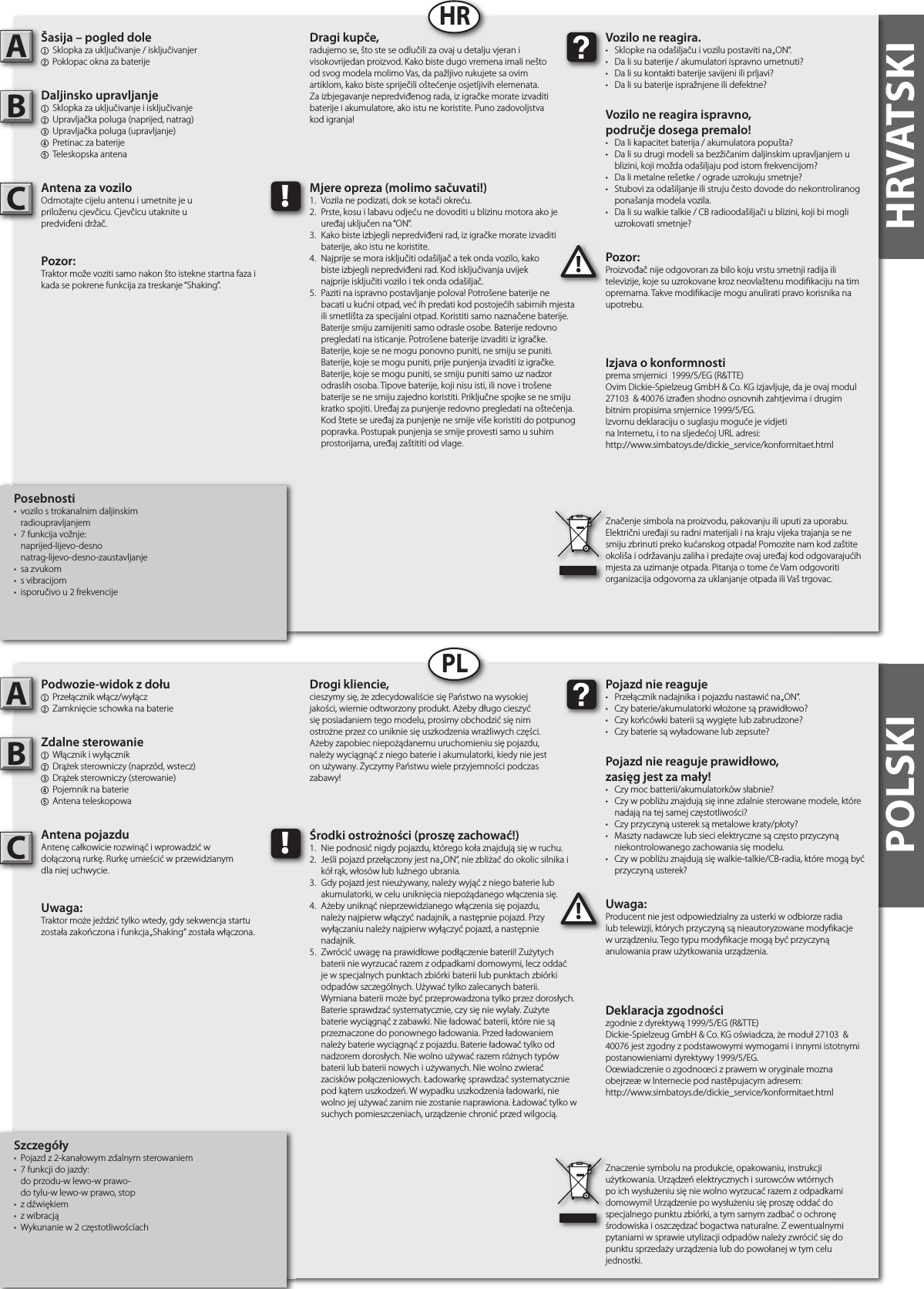 HRVATSKIHRVATSKIPosebnosti•  vozilo s trokanalnim daljinskim   radioupravljanjem•  7 funkcija vožnje:   naprijed-lijevo-desno  natrag-lijevo-desno-zaustavljanje•  sa zvukom•  s vibracijom•  isporučivo u 2 frekvencijeŠasija – pogled dole1  Sklopka za uključivanje / isključivanjer 2 Poklopac okna za baterije Daljinsko upravljanje1  Sklopka za uključivanje i isključivanje 2  Upravljačka poluga (naprijed, natrag)3  Upravljačka poluga (upravljanje)4  Pretinac za baterije5  Teleskopska antenaAntena za voziloOdmotajte cijelu antenu i umetnite je u priloženu cjevčicu. Cjevčicu utaknite u predviďeni držač. Pozor: Traktor može voziti samo nakon što istekne startna faza i kada se pokrene funkcija za treskanje “Shaking”. Pozor:Proizvođač nije odgovoran za bilo koju vrstu smetnji radija ili televizije, koje su uzrokovane kroz neovlaštenu modi kaciju na tim opremama. Takve modi kacije mogu anulirati pravo korisnika na upotrebu.AB!Vozilo ne reagira.•  Sklopke na odašiljaču i vozilu postaviti na „ON“.•  Da li su baterije / akumulatori ispravno umetnuti?•  Da li su kontakti baterije savijeni ili prljavi?•  Da li su baterije ispražnjene ili defektne?Vozilo ne reagira ispravno,područje dosega premalo!•  Da li kapacitet baterija / akumulatora popušta?•  Da li su drugi modeli sa bezžičanim daljinskim upravljanjem u    blizini, koji možda odašiljaju pod istom frekvencijom?•  Da li metalne rešetke / ograde uzrokuju smetnje?•  Stubovi za odašiljanje ili struju često dovode do nekontroliranog    ponašanja modela vozila.•  Da li su walkie talkie / CB radioodašiljači u blizini, koji bi mogli    uzrokovati smetnje?Dragi kupče,radujemo se, što ste se odlučili za ovaj u detalju vjeran i visokovrijedan proizvod. Kako biste dugo vremena imali nešto od svog modela molimo Vas, da pažljivo rukujete sa ovim artiklom, kako biste spriječili oštećenje osjetljivih elemenata. Za izbjegavanje nepredviđenog rada, iz igračke morate izvaditi baterije i akumulatore, ako istu ne koristite. Puno zadovoljstva kod igranja!Značenje simbola na proizvodu, pakovanju ili uputi za uporabu. Električni uređaji su radni materijali i na kraju vijeka trajanja se ne smiju zbrinuti preko kućanskog otpada! Pomozite nam kod zaštite okoliša i održavanju zaliha i predajte ovaj uređaj kod odgovarajućih mjesta za uzimanje otpada. Pitanja o tome će Vam odgovoriti organizacija odgovorna za uklanjanje otpada ili Vaš trgovac.!Mjere opreza (molimo sačuvati!)1.  Vozila ne podizati, dok se kotači okreću.2.  Prste, kosu i labavu odjeću ne dovoditi u blizinu motora ako je    uređaj uključen na “ON”.3.  Kako biste izbjegli nepredviđeni rad, iz igračke morate izvaditi    baterije, ako istu ne koristite.4.  Najprije se mora isključiti odašiljač a tek onda vozilo, kako   biste izbjegli nepredviđeni rad. Kod isključivanja uvijek   najprije isključiti vozilo i tek onda odašiljač.5.  Paziti na ispravno postavljanje polova! Potrošene baterije ne    bacati u kućni otpad, već ih predati kod postojećih sabirnih mjesta    ili smetlišta za specijalni otpad. Koristiti samo naznačene baterije.    Baterije smiju zamijeniti samo odrasle osobe. Baterije redovno    pregledati na isticanje. Potrošene baterije izvaditi iz igračke.    Baterije, koje se ne mogu ponovno puniti, ne smiju se puniti.    Baterije, koje se mogu puniti, prije punjenja izvaditi iz igračke.    Baterije, koje se mogu puniti, se smiju puniti samo uz nadzor    odraslih osoba. Tipove baterije, koji nisu isti, ili nove i trošene    baterije se ne smiju zajedno koristiti. Priključne spojke se ne smiju    kratko spojiti. Uređaj za punjenje redovno pregledati na oštećenja.    Kod štete se uređaj za punjenje ne smije više koristiti do potpunog    popravka. Postupak punjenja se smije provesti samo u suhim    prostorijama, uređaj zaštititi od vlage.HRSzczegóły•  Pojazd z 2-kanałowym zdalnym sterowaniem•  7 funkcji do jazdy:  do przodu-w lewo-w prawo-  do tylu-w lewo-w prawo, stop •  z dźwiękiem •  z wibracją•  Wykunanie w 2 częstotliwoścíachPodwozie-widok z dołu1  Przełącznik włącz/wyłącz2 Zamknięcie schowka na baterieZdalne sterowanie1  Włącznik i wyłącznik2  Drążek sterowniczy (naprzód, wstecz)3  Drążek sterowniczy (sterowanie)4  Pojemnik na baterie5  Antena teleskopowaAntena pojazduAntenę całkowicie rozwinąć i wprowadzić w dołączoną rurkę. Rurkę umieścić w przewidzianym dla niej uchwycie.Uwaga: Traktor może jeździć tylko wtedy, gdy sekwencja startu została zakończona i funkcja „Shaking“ została włączona.Uwaga:Producent nie jest odpowiedzialny za usterki w odbiorze radia lub telewizji, których przyczyną są nieautoryzowane mody kacje w urządzeniu. Tego typu mody kacje mogą być przyczyną anulowania praw użytkowania urządzenia.AB!Pojazd nie reaguje•  Przełącznik nadajnika i pojazdu nastawić na „ON“.•  Czy baterie/akumulatorki włożone są prawidłowo?•  Czy końcówki baterii są wygięte lub zabrudzone?•  Czy baterie są wyładowane lub zepsute?Pojazd nie reaguje prawidłowo,zasięg jest za mały!•  Czy moc batterii/akumulatorków słabnie?•  Czy w pobliżu znajdują się inne zdalnie sterowane modele, które    nadają na tej samej częstotliwości?•  Czy przyczyną usterek są metalowe kraty/płoty?•  Maszty nadawcze lub sieci elektryczne są często przyczyną    niekontrolowanego zachowania się modelu.•  Czy w pobliżu znajdują się walkie-talkie/CB-radia, które mogą być    przyczyną usterek?Drogi kliencie,cieszymy się, że zdecydowaliście się Państwo na wysokiej jakości, wiernie odtworzony produkt. Ażeby długo cieszyć się posiadaniem tego modelu, prosimy obchodzić się nim ostrożne przez co uniknie się uszkodzenia wrażliwych części. Ażeby zapobiec niepożądanemu uruchomieniu się pojazdu, należy wyciągnąć z niego baterie i akumulatorki, kiedy nie jest on używany. Życzymy Państwu wiele przyjemności podczas zabawy!Znaczenie symbolu na produkcie, opakowaniu, instrukcji użytkowania. Urządzeń elektrycznych i surowców wtórnych po ich wysłużeniu się nie wolno wyrzucać razem z odpadkami domowymi! Urządzenie po wysłużeniu się proszę oddać do specjalnego punktu zbiórki, a tym samym zadbać o ochronę środowiska i oszczędzać bogactwa naturalne. Z ewentualnymi pytaniami w sprawie utylizacji odpadów należy zwrócić się do punktu sprzedaży urządzenia lub do powołanej w tym celu jednostki.!Środki ostrożności (proszę zachować!)1.  Nie podnosić nigdy pojazdu, którego koła znajdują się w ruchu.2.  Jeśli pojazd przełączony jest na „ON“, nie zbliżać do okolic silnika i    kół rąk, włosów lub luźnego ubrania.3.  Gdy pojazd jest nieużywany, należy wyjąć z niego baterie lub    akumulatorki, w celu uniknięcia niepożądanego włączenia się.4.  Ażeby uniknąć nieprzewidzianego włączenia się pojazdu,   należy najpierw włączyć nadajnik, a następnie pojazd. Przy    wyłączaniu należy najpierw wyłączyć pojazd, a następnie   nadajnik.5.  Zwrócić uwagę na prawidłowe podłączenie baterii! Zużytych    baterii nie wyrzucać razem z odpadkami domowymi, lecz oddać    je w specjalnych punktach zbiórki baterii lub punktach zbiórki    odpadów szczególnych. Używać tylko zalecanych baterii.    Wymiana baterii może być przeprowadzona tylko przez dorosłych.    Baterie sprawdzać systematycznie, czy się nie wylały. Zużyte    baterie wyciągnąć z zabawki. Nie ładować baterii, które nie są    przeznaczone do ponownego ładowania. Przed ładowaniem    należy baterie wyciągnąć z pojazdu. Baterie ładować tylko od    nadzorem dorosłych. Nie wolno używać razem różnych typów    baterii lub baterii nowych i używanych. Nie wolno zwierać    zacisków połączeniowych. Ładowarkę sprawdzać systematycznie    pod kątem uszkodzeń. W wypadku uszkodzenia ładowarki, nie    wolno jej używać zanim nie zostanie naprawiona. Ładować tylko w    suchych pomieszczeniach, urządzenie chronić przed wilgocią.PLPOLSKIIzjava o konformnostiprema smjernici  1999/5/EG (R&amp;TTE)Ovim Dickie-Spielzeug GmbH &amp; Co. KG izjavljuje, da je ovaj modul 27103  &amp; 40076 izrađen shodno osnovnih zahtjevima i drugim bitnim propisima smjernice 1999/5/EG.Izvornu deklaraciju o suglasju moguće je vidjeti na Internetu, i to na sljedećoj URL adresi:http://www.simbatoys.de/dickie_service/konformitaet.htmlKonformitási nyilatkozataz 1999/5/EG (R&amp;TTE) irányelv szerintA Dickie-Spielzeug GmbH &amp; Co. KG ezennel kijelenti, hogy ez a 27103  &amp; 40076 modul összhangban van az 1999/5/EG irányelv alapvető követelményeivel és más fontos előírásaival.Originalna izjava o usklađenosti s vrijedećim direktivama može se naći na sljedećoj Internet stranici:http://www.simbatoys.de/dickie_service/konformitaet.htmlProhlášení o shodě Podle směrnice 1999/5/EG (R&amp;TTE)Společnost Dickie-Spielzeug GmbH &amp; Co. KG tímto prohlašuje, že tento modul 27103  &amp; 40076 je v souladu se základními požadavky a ostatními příslušnými pravidly směrnice  1999/5/EG .Originál prohlášení o shodě je ke stažení na Internetu nanásledující adrese:http://www.simbatoys.de/dickie_service/konformitaet.htmlDeklaracja zgodnościzgodnie z dyrektywą 1999/5/EG (R&amp;TTE)Dickie-Spielzeug GmbH &amp; Co. KG oświadcza, że moduł 27103  &amp; 40076 jest zgodny z podstawowymi wymogami i innymi istotnymi postanowieniami dyrektywy 1999/5/EG.Oœwiadczenie o zgodnoœci z prawem w oryginale mozna obejrzeæ w Internecie pod nastêpujacym adresem:http://www.simbatoys.de/dickie_service/konformitaet.htmlCC