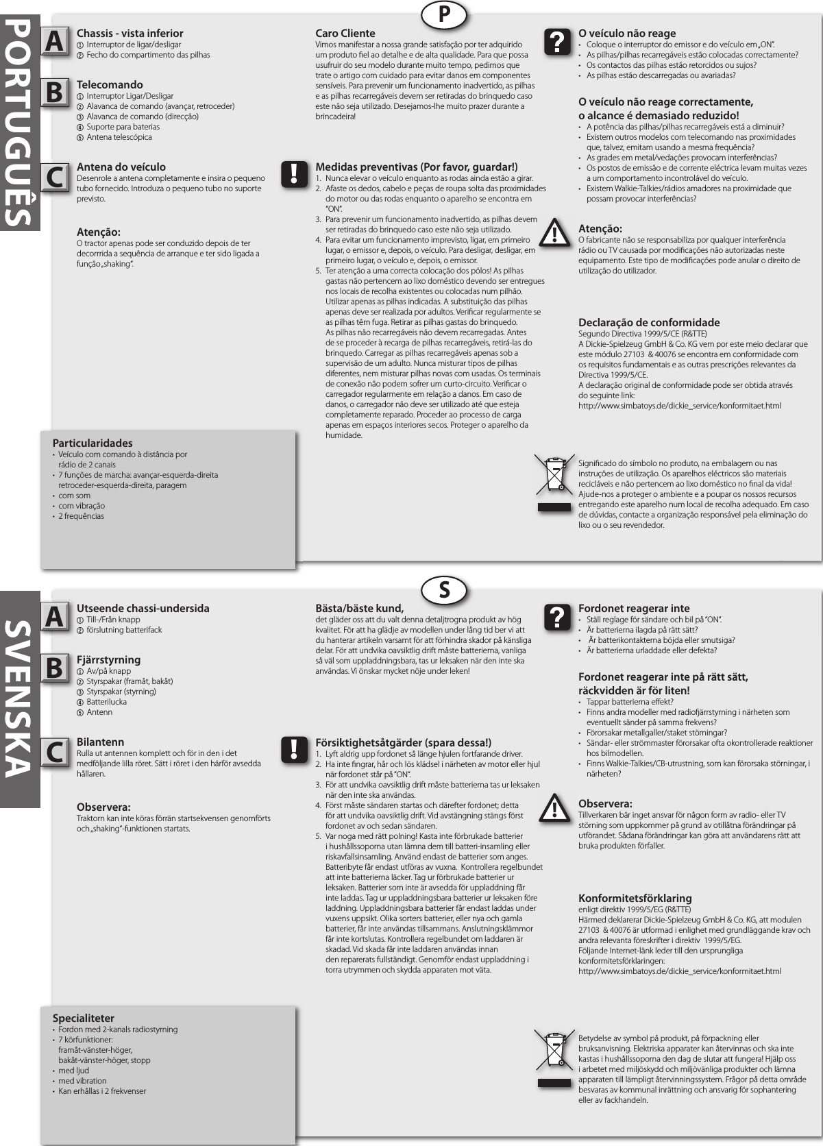 PORTUGUÊSParticularidades•  Veículo com comando à distância por  rádio de 2 canais•  7 funções de marcha: avançar-esquerda-direita  retroceder-esquerda-direita, paragem•  com som•  com vibração•  2 frequênciasChassis - vista inferior1  Interruptor de ligar/desligar2 Fecho do compartimento das pilhasTelecomando1  Interruptor Ligar/Desligar2  Alavanca de comando (avançar, retroceder)3  Alavanca de comando (direcção)4  Suporte para baterias5  Antena telescópica Antena do veículoDesenrole a antena completamente e insira o pequeno tubo fornecido. Introduza o pequeno tubo no suporte previsto.Atenção: O tractor apenas pode ser conduzido depois de ter decorrrida a sequência de arranque e ter sido ligada a função „shaking“.Atenção:O fabricante não se responsabiliza por qualquer interferência rádio ou TV causada por modi cações não autorizadas neste equipamento. Este tipo de modi cações pode anular o direito de utilização do utilizador.AB!O veículo não reage•  Coloque o interruptor do emissor e do veículo em „ON”.•  As pilhas/pilhas recarregáveis estão colocadas correctamente?•  Os contactos das pilhas estão retorcidos ou sujos?•  As pilhas estão descarregadas ou avariadas?O veículo não reage correctamente,o alcance é demasiado reduzido!  •  A potência das pilhas/pilhas recarregáveis está a diminuir?•  Existem outros modelos com telecomando nas proximidades    que, talvez, emitam usando a mesma frequência?•  As grades em metal/vedações provocam interferências?•  Os postos de emissão e de corrente eléctrica levam muitas vezes    a um comportamento incontrolável do veículo.•  Existem Walkie-Talkies/rádios amadores na proximidade que    possam provocar interferências?Caro ClienteVimos manifestar a nossa grande satisfação por ter adquirido um produto  el ao detalhe e de alta qualidade. Para que possa usufruir do seu modelo durante muito tempo, pedimos que trate o artigo com cuidado para evitar danos em componentes sensíveis. Para prevenir um funcionamento inadvertido, as pilhas e as pilhas recarregáveis devem ser retiradas do brinquedo caso este não seja utilizado. Desejamos-lhe muito prazer durante a brincadeira!Signi cado do símbolo no produto, na embalagem ou nas instruções de utilização. Os aparelhos eléctricos são materiais recicláveis e não pertencem ao lixo doméstico no  nal da vida! Ajude-nos a proteger o ambiente e a poupar os nossos recursos entregando este aparelho num local de recolha adequado. Em caso de dúvidas, contacte a organização responsável pela eliminação do lixo ou o seu revendedor.!Medidas preventivas (Por favor, guardar!)1.  Nunca elevar o veículo enquanto as rodas ainda estão a girar.2.  Afaste os dedos, cabelo e peças de roupa solta das proximidades    do motor ou das rodas enquanto o aparelho se encontra em    “ON”.3.  Para prevenir um funcionamento inadvertido, as pilhas devem    ser retiradas do brinquedo caso este não seja utilizado. 4.  Para evitar um funcionamento imprevisto, ligar, em primeiro    lugar, o emissor e, depois, o veículo. Para desligar, desligar, em    primeiro lugar, o veículo e, depois, o emissor.5.  Ter atenção a uma correcta colocação dos pólos! As pilhas    gastas não pertencem ao lixo doméstico devendo ser entregues    nos locais de recolha existentes ou colocadas num pilhão.    Utilizar apenas as pilhas indicadas. A substituição das pilhas    apenas deve ser realizada por adultos. Veri car regularmente se    as pilhas têm fuga. Retirar as pilhas gastas do brinquedo.     As pilhas não recarregáveis não devem recarregadas. Antes    de se proceder à recarga de pilhas recarregáveis, retirá-las do    brinquedo. Carregar as pilhas recarregáveis apenas sob a     supervisão de um adulto. Nunca misturar tipos de pilhas     diferentes, nem misturar pilhas novas com usadas. Os terminais    de conexão não podem sofrer um curto-circuito. Veri car o    carregador regularmente em relação a danos. Em caso de    danos, o carregador não deve ser utilizado até que esteja    completamente reparado. Proceder ao processo de carga    apenas em espaços interiores secos. Proteger o aparelho da    humidade.Specialiteter•  Fordon med 2-kanals radiostyrning •  7 körfunktioner:  framåt-vänster-höger,         bakåt-vänster-höger, stopp•  med ljud •  med vibration•  Kan erhållas i 2 frekvenserUtseende chassi-undersida1  Till-/Från knapp2 förslutning batterifackFjärrstyrning 1  Av/på knapp2  Styrspakar (framåt, bakåt)3  Styrspakar (styrning)4  Batterilucka5  AntennBilantennRulla ut antennen komplett och för in den i detmedföljande lilla röret. Sätt i röret i den härför avsedda hållaren.Observera: Traktorn kan inte köras förrän startsekvensen genomförts och „shaking“-funktionen startats. Observera:Tillverkaren bär inget ansvar för någon form av radio- eller TV störning som uppkommer på grund av otillåtna förändringar på utförandet. Sådana förändringar kan göra att användarens rätt att bruka produkten förfaller.AB!Fordonet reagerar inte•  Ställ reglage för sändare och bil på “ON“.•  Är batterierna ilagda på rätt sätt?•   Är batterikontakterna böjda eller smutsiga?•  Är batterierna urladdade eller defekta?Fordonet reagerar inte på rätt sätt, räckvidden är för liten!•  Tappar batterierna e ekt?•  Finns andra modeller med radio ärrstyrning i närheten som    eventuellt sänder på samma frekvens?•  Förorsakar metallgaller/staket störningar?•  Sändar- eller strömmaster förorsakar ofta okontrollerade reaktioner    hos bilmodellen.•  Finns Walkie-Talkies/CB-utrustning, som kan förorsaka störningar, i    närheten?Bästa/bäste kund,det gläder oss att du valt denna detaljtrogna produkt av hög kvalitet. För att ha glädje av modellen under lång tid ber vi att du hanterar artikeln varsamt för att förhindra skador på känsliga delar. För att undvika oavsiktlig drift måste batterierna, vanliga så väl som uppladdningsbara, tas ur leksaken när den inte ska användas. Vi önskar mycket nöje under leken!Betydelse av symbol på produkt, på förpackning eller bruksanvisning. Elektriska apparater kan återvinnas och ska inte kastas i hushållssoporna den dag de slutar att fungera! Hjälp oss i arbetet med miljöskydd och miljövänliga produkter och lämna apparaten till lämpligt återvinningssystem. Frågor på detta område besvaras av kommunal inrättning och ansvarig för sophantering eller av fackhandeln.!Försiktighetsåtgärder (spara dessa!)1.  Lyft aldrig upp fordonet så länge hjulen fortfarande driver.2.  Ha inte  ngrar, hår och lös klädsel i närheten av motor eller hjul    när fordonet står på “ON“.3.  För att undvika oavsiktlig drift måste batterierna tas ur leksaken    när den inte ska användas.4.  Först måste sändaren startas och därefter fordonet; detta   för att undvika oavsiktlig drift. Vid avstängning stängs först    fordonet av och sedan sändaren.5.  Var noga med rätt polning! Kasta inte förbrukade batterier    i hushållssoporna utan lämna dem till batteri-insamling eller    riskavfallsinsamling. Använd endast de batterier som anges.    Batteribyte får endast utföras av vuxna.  Kontrollera regelbundet    att inte batterierna läcker. Tag ur förbrukade batterier ur      leksaken. Batterier som inte är avsedda för uppladdning får    inte laddas. Tag ur uppladdningsbara batterier ur leksaken före    laddning. Uppladdningsbara batterier får endast laddas under    vuxens uppsikt. Olika sorters batterier, eller nya och gamla    batterier, får inte användas tillsammans. Anslutningsklämmor    får inte kortslutas. Kontrollera regelbundet om laddaren är    skadad. Vid skada får inte laddaren användas innan      den reparerats fullständigt. Genomför endast uppladdning i    torra utrymmen och skydda apparaten mot väta.PSSVENSKADeclaração de conformidadeSegundo Directiva 1999/5/CE (R&amp;TTE)A Dickie-Spielzeug GmbH &amp; Co. KG vem por este meio declarar que este módulo 27103  &amp; 40076 se encontra em conformidade com os requisitos fundamentais e as outras prescrições relevantes da Directiva 1999/5/CE.A declaração original de conformidade pode ser obtida atravésdo seguinte link:http://www.simbatoys.de/dickie_service/konformitaet.htmlKonformitetsförklaringenligt direktiv 1999/5/EG (R&amp;TTE)Härmed deklarerar Dickie-Spielzeug GmbH &amp; Co. KG, att modulen 27103  &amp; 40076 är utformad i enlighet med grundläggande krav och andra relevanta föreskrifter i direktiv  1999/5/EG.Följande Internet-länk leder till den ursprungliga konformitetsförklaringen:http://www.simbatoys.de/dickie_service/konformitaet.htmlCC