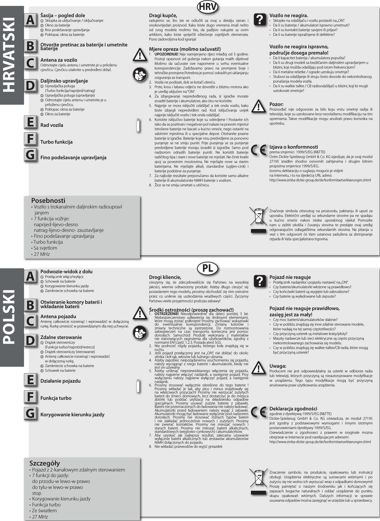 HRVATSKIABHRVABPLPOLSKIPozor:Proizvođač nije odgovoran za bilo koju vrstu smetnji radija ili televizije, koje su uzrokovane kroz neovlaštenu modikaciju na tim opremama. Takve modikacije mogu anulirati pravo korisnika na upotrebu.!!Vozilo ne reagira.•  Sklopke na odašiljaču i vozilu postaviti na „ON“.•  Da li su baterije / akumulatori ispravno umetnuti?•  Da li su kontakti baterije savijeni ili prljavi?•  Da li su baterije ispražnjene ili defektne?Vozilo ne reagira ispravno,područje dosega premalo!•  Da li kapacitet baterija / akumulatora popušta?•  Da li su drugi modeli sa bezžičanim daljinskim upravljanjem u    blizini, koji možda odašiljaju pod istom frekvencijom?•  Da li metalne rešetke / ograde uzrokuju smetnje?•  Stubovi za odašiljanje ili struju često dovode do nekontroliranog    ponašanja modela vozila.•  Da li su walkie talkie / CB radioodašiljači u blizini, koji bi mogli    uzrokovati smetnje?Izjava o konformnostiprema smjernici  1999/5/EG (R&amp;TTE)Ovim Dickie-Spielzeug GmbH &amp; Co. KG izjavljuje, da je ovaj modul 27195 izrađen shodno osnovnih zahtjevima i drugim bitnim propisima smjernice 1999/5/EG.Izvornu deklaraciju o suglasju moguće je vidjeti na Internetu, i to na sljedećoj URL adresi:http://www.simba-dickie-group.de/de/konformitaetserklaerungen.shtmlZnačenje simbola otisnutog na proizvodu, pakiranju ili uputi za uporabu. Električni uređaji su sekundarne sirovine pa ne spadaju u kućno smeće nakon isteka uporabnog vijeka! Pomozite nam u zaštiti okoliša i čuvanju sirovina te predajte ovaj uređaj odgovarajućim odlagalištima sekundarnih sirovina. Na pitanja u vezi s tim odgovorit će Vam ustanova zadužena za zbrinjavanje otpada ili Vaša specijalizirana trgovina.Uwaga:Producent nie jest odpowiedzialny za usterki w odbiorze radia lub telewizji, których przyczyną są nieautoryzowane modykacje w urządzeniu. Tego typu modykacje mogą być przyczyną anulowania praw użytkowania urządzenia.!!Pojazd nie reaguje•  Przełącznik nadajnika i pojazdu nastawić na „ON“.•  Czy baterie/akumulatorki włożone są prawidłowo?•  Czy końcówki baterii są wygięte lub zabrudzone?•  Czy baterie są wyładowane lub zepsute?Pojazd nie reaguje prawidłowo,zasięg jest za mały!•  Czy moc batterii/akumulatorków słabnie?•  Czy w pobliżu znajdują się inne zdalnie sterowane modele,    które nadają na tej samej częstotliwości?•  Czy przyczyną usterek są metalowe kraty/płoty?•  Maszty nadawcze lub sieci elektryczne są często przyczyną    niekontrolowanego zachowania się modelu.•  Czy w pobliżu znajdują się walkie-talkie/CB-radia, które mogą    być przyczyną usterek?Deklaracja zgodnościzgodnie z dyrektywą 1999/5/EG (R&amp;TTE)Dickie-Spielzeug GmbH &amp; Co. KG oświadcza, że moduł 27195 jest zgodny z podstawowymi wymogami i innymi istotnymi postanowieniami dyrektywy 1999/5/EG.Oœwiadczenie o zgodnoœci z prawem w oryginale mozna obejrzeæ w Internecie pod nastêpujacym adresem:http://www.simba-dickie-group.de/de/konformitaetserklaerungen.shtmlZnaczenie symbolu na produkcie, opakowaniu lub instrukcji obsługi. Urządzenia elektryczne są surowcami wtórnymi i po zużyciu się nie wolno ich wyrzucać wraz z odpadkami domowymi! Proszę pamiętać o naszym środowisku jak i kończących się zapasach bogactw naturalnych i oddać urządzenie do punktu skupu opakowań wtórnych. Dalszych informacji w sprawie usuwania odpadów można zasięgnąć w urzędzie lub u sprzedawcy.CDEFGCDEFG+-+-Dragi kupče,radujemo se, što ste se odlučili za ovaj u detalju vjeran i visokovrijedan proizvod. Kako biste dugo vremena imali nešto od svog modela molimo Vas, da pažljivo rukujete sa ovim artiklom, kako biste spriječili oštećenje osjetljivih elemenata. Puno zadovoljstva kod igranja!Drogi kliencie,cieszymy się, że zdecydowaliście się Państwo na wysokiej jakości, wiernie odtworzony produkt. Ażeby długo cieszyć się posiadaniem tego modelu, prosimy obchodzić się nim ostrożne przez co uniknie się uszkodzenia wrażliwych części. Życzymy Państwu wiele przyjemności podczas zabawy!Mjere opreza (molimo sačuvati!)1.  UPOZORENJE! Nije namijenjeno djeci mlađoj od 3 godine. Postoji opasnost od gušenja nakon gutanja malih dijelova! Molimo da sačuvate ove napomene u svrhu eventualne korespondencije. Zadržavamo pravo na promjene boje i tehničke promjene.Potrebna je pomoć odraslih pri uklanjanju osiguranja za transport. 2.  Vozila ne podizati, dok se kotači okreću.3.  Prste, kosu i labavu odjeću ne dovoditi u blizinu motora ako je uređaj uključen na “ON”.4.  Za izbjegavanje nepredviđenog rada, iz igračke morate izvaditi baterije i akumulatore, ako istu ne koristite.5.  Najprije se mora isključiti odašiljač a tek onda vozilo, kako biste izbjegli nepredviđeni rad. Kod isključivanja uvijek najprije isključiti vozilo i tek onda odašiljač.6.  Koristite isključivo baterije koje su odredjene ! Postavite ich tako da se pozitivan i negativan pol nalaze na pravom mjestu! Istrošene baterije ne bacati u kućno smeće, nego ostaviti na sabirnim mjestima ili u specijalne depoe. Otstranite prazne baterije iz igračke. Baterije koje nisu predvidjene za ponovno punjenje se ne smiju puniti. Prije punjenja se za punjenje predvidjene baterije moraju izvaditi iz izgračke. Samo pod nadzorom odraslih baterije puniti. Ne koristiti baterije različitog tipa i stare i nove baterije ne mješati. Ne činiti kratki spoj sa poveznim mostovima. Ne mješajte nove sa starim baterijama. Ne mješajte alkali, standardne (ugljen-cink) i baterije podobne za punjenje.7.  Za najbolje rezultate preporučamo da koristite samo alkalne baterije ili akumulatorske NiMH baterije s vozilom.8.  Žice se ne smiju umetati u utičnicu.Środki ostrożności (proszę zachować!)1.  OSTRZEŻENIE! Nieodpowiednie dla dzieci poniżej 3 lat. Niebezpieczenstwo udławienia się drobnymi elementami, które mogą zostać połknięte! Prosimy zachować wskazówki do ewentualnej korespondencji. Zmiany kolorów i zmiany techniczne są zastrzeżone. Do rozmontowania zabezpieczeń na czas transportu konieczna jest pomoc dorosłych.  Samochód: Produkt wykonany z materiałów nie stanowiących zagrożenia dla użytkowników, zgodny z normami EN1część 1.2.3. Posiada atest SGS.2.  Nie podnosić nigdy pojazdu, którego koła znajdują się w  ruchu.3.  Jeśli pojazd przełączony jest na „ON“, nie zbliżać do okolic silnika i kół rąk, włosów lub luźnego ubrania.4.  Ażeby zapobiec niepożądanemu uruchomieniu się pojazdu, należy wyciągnąć z niego baterie i akumulatorki, kiedy nie jest on używany. 5.  Ażeby uniknąć nieprzewidzianego włączenia się pojazdu, należy najpierw włączyć nadajnik, a następnie pojazd. Przy wyłączaniu należy najpierw wyłączyć pojazd, a następnie nadajnik.6.  Prosimy stosować wyłącznie określone do tego baterie ! Prosimy wkładać je tak, aby plus i minus znajdowały się na właściwych pozycjach! Prosimy nie wyrzucać zużytych baterii do śmieci domowych, lecz dostarczyć je do miejsca zbiórki lub poddać utylizacji na składowisku odpadów specjalnych. Prosimy usuwać zużyte baterie z zabawki. Baterii nie przeznaczonych do ładowania nie należy ładować. Akumulatorki przed ładowaniem należy wyjąć z zabawki. Akumulatorki mogą być ładowane wyłącznie pod nadzorem dorosłych. Prosimy nie stosować różnych typów baterii i nie zakładać jednocześnie nowych i zużytych. Prosimy nie zwierać kontaktów. Prosimy nie mieszać nowych i starych baterii. Prosimy nie mieszać baterii alkalicznych, standardowych (węglowo-cynkowych) i akumulatorków.7.  Aby uzyskać jak najlepszy rezultat, zalecamy używanie wyłącznie baterii alkalicznych lub zestawów akumulatorów NiMH dołączonych do pojazdu.8.  Nie wkładać przewodów do wyjść gniazdek1.1.Šasija – pogled dole1  Sklopka za uključivanje / isključivanjer 2 Okno za baterije 3 no podešavanje upravljanja4 Poklopac okna za baterijeOtvorite pretinac za baterije i umetnite baterijeAntena za voziloOdmotajte cijelu antenu i umetnite je u priloženu cjevčicu. Cjevčicu utaknite u predviďeni držač.Daljinsko upravljanje1  Upravljačka poluga     (Turbo funkcija/naprijed/natrag)2  Upravljačka poluga (upravljanje)3  Odmotajte cijelu antenu i umetnite je u     priloženu cjevčicu.4 Poklopac okna za baterije5 Okno za baterijeRad vozilaTurbo funkcijaFino podešavanje upravljanjaPosebnosti• Vozilo s trokanalnim daljinskim radioupravl   janjem• 7 funkcija vožnje:  naprijed-lijevo-desno  natrag-lijevo-desno- zaustavljanje• Fino podešavanje upravljanja• Turbo funkcija• Sa svjetlom• 27 MHzPodwozie-widok z dołu1  Przełącznik włącz/wyłącz2 Schowek na baterie3 Korygowanie kierunku jazdy4 Zamkniecie schowka na baterieOtwieranie komory baterii i  wkładanie bateriiAntena pojazduAntenę całkowicie rozwinąć i wprowadzić w dołączoną rurkę. Rurkę umieścić w przewidzianym dla niej uchwycie.Zdalne sterowanie 1  Drążek sterowniczy     (Funkcja turbo/naprzód/wstecz)2  Drążek sterowniczy (sterowanie)3  Antenę całkowicie rozwinąć i wprowadzić     w dołączoną rurkę. 4 Zamkniecie schowka na baterie5 Schowek na baterieDziałanie pojazduFunkcja turboKorygowanie kierunku jazdySzczegóły• Pojazd z 2-kanałowym zdalnym sterowaniem• 7 funkcji do jazdy:  do przodu-w lewo-w prawo  do tylu-w lewo-w prawo stop • Korygowanie kierunku jazdy• Funkcja turbo• Ze światłem• 27 MHz