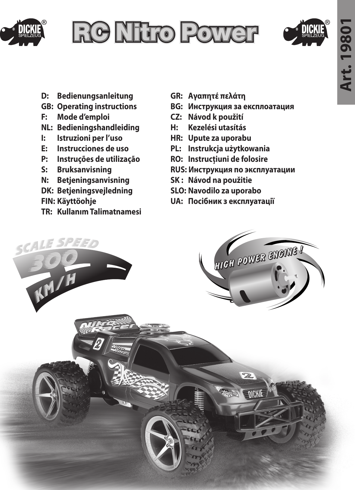 Art. 19801D:   Bedienungsanleitung GB:  Operating instructions F:   Mode d’emploiNL:  Bedieningshandleiding I:   Istruzioni per l’uso E:  Instrucciones de usoP:  Instruções de utilização S:  Bruksanvisning N:  BetjeningsanvisningDK:  Betjeningsvejledning FIN: Käyttöohje TR:  Kullanım TalimatnamesiGR:   Αγαπητέ πελάτη BG:  Инструкция за експлоатация CZ:  Návod k použitíH:   Kezelési utasítás HR:  Upute za uporabu PL:  Instrukcja użytkowaniaRO:  Instrucţiuni de folosire RUS: Инструкция по эксплуатации SK :  Návod na použitieSLO: Navodilo za uporabo UA:  Посібник з експлуатаціїRC Nitro PowerRC Nitro PowerRC Nitro PowerRC Nitro Power