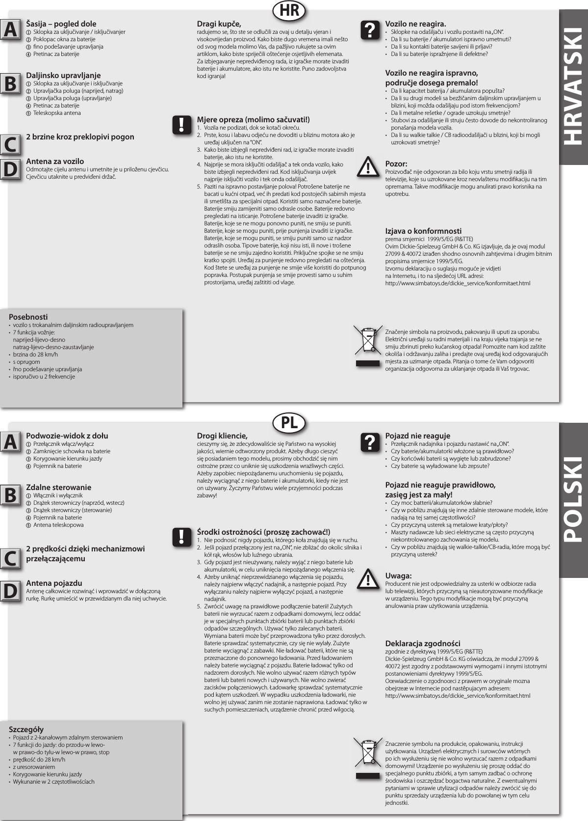 HRVATSKIHRVATSKIŠasija – pogled dole1  Sklopka za uključivanje / isključivanjer 2 Poklopac okna za baterije 3  no podešavanje upravljanja4  Pretinac za baterijeDaljinsko upravljanje1  Sklopka za uključivanje i isključivanje 2  Upravljačka poluga (naprijed, natrag)3  Upravljačka poluga (upravljanje)4  Pretinac za baterije5  Teleskopska antena2 brzine kroz preklopivi pogonAntena za voziloOdmotajte cijelu antenu i umetnite je u priloženu cjevčicu. Cjevčicu utaknite u predviďeni držač.  Pozor:Proizvođač nije odgovoran za bilo koju vrstu smetnji radija ili televizije, koje su uzrokovane kroz neovlaštenu modi kaciju na tim opremama. Takve modi kacije mogu anulirati pravo korisnika na upotrebu.AB!Vozilo ne reagira.•  Sklopke na odašiljaču i vozilu postaviti na „ON“.•  Da li su baterije / akumulatori ispravno umetnuti?•  Da li su kontakti baterije savijeni ili prljavi?•  Da li su baterije ispražnjene ili defektne?Vozilo ne reagira ispravno,područje dosega premalo!•  Da li kapacitet baterija / akumulatora popušta?•  Da li su drugi modeli sa bezžičanim daljinskim upravljanjem u    blizini, koji možda odašiljaju pod istom frekvencijom?•  Da li metalne rešetke / ograde uzrokuju smetnje?•  Stubovi za odašiljanje ili struju često dovode do nekontroliranog    ponašanja modela vozila.•  Da li su walkie talkie / CB radioodašiljači u blizini, koji bi mogli    uzrokovati smetnje?Dragi kupče,radujemo se, što ste se odlučili za ovaj u detalju vjeran i visokovrijedan proizvod. Kako biste dugo vremena imali nešto od svog modela molimo Vas, da pažljivo rukujete sa ovim artiklom, kako biste spriječili oštećenje osjetljivih elemenata. Za izbjegavanje nepredviđenog rada, iz igračke morate izvaditi baterije i akumulatore, ako istu ne koristite. Puno zadovoljstva kod igranja!Značenje simbola na proizvodu, pakovanju ili uputi za uporabu. Električni uređaji su radni materijali i na kraju vijeka trajanja se ne smiju zbrinuti preko kućanskog otpada! Pomozite nam kod zaštite okoliša i održavanju zaliha i predajte ovaj uređaj kod odgovarajućih mjesta za uzimanje otpada. Pitanja o tome će Vam odgovoriti organizacija odgovorna za uklanjanje otpada ili Vaš trgovac.!Mjere opreza (molimo sačuvati!)1.  Vozila ne podizati, dok se kotači okreću.2.  Prste, kosu i labavu odjeću ne dovoditi u blizinu motora ako je    uređaj uključen na “ON”.3.  Kako biste izbjegli nepredviđeni rad, iz igračke morate izvaditi    baterije, ako istu ne koristite.4.  Najprije se mora isključiti odašiljač a tek onda vozilo, kako   biste izbjegli nepredviđeni rad. Kod isključivanja uvijek   najprije isključiti vozilo i tek onda odašiljač.5.  Paziti na ispravno postavljanje polova! Potrošene baterije ne    bacati u kućni otpad, već ih predati kod postojećih sabirnih mjesta    ili smetlišta za specijalni otpad. Koristiti samo naznačene baterije.    Baterije smiju zamijeniti samo odrasle osobe. Baterije redovno    pregledati na isticanje. Potrošene baterije izvaditi iz igračke.    Baterije, koje se ne mogu ponovno puniti, ne smiju se puniti.    Baterije, koje se mogu puniti, prije punjenja izvaditi iz igračke.    Baterije, koje se mogu puniti, se smiju puniti samo uz nadzor    odraslih osoba. Tipove baterije, koji nisu isti, ili nove i trošene    baterije se ne smiju zajedno koristiti. Priključne spojke se ne smiju    kratko spojiti. Uređaj za punjenje redovno pregledati na oštećenja.    Kod štete se uređaj za punjenje ne smije više koristiti do potpunog    popravka. Postupak punjenja se smije provesti samo u suhim    prostorijama, uređaj zaštititi od vlage.HRPodwozie-widok z dołu1  Przełącznik włącz/wyłącz2 Zamknięcie schowka na baterie3 Korygowanie kierunku jazdy4  Pojemnik na baterieZdalne sterowanie1  Włącznik i wyłącznik2  Drążek sterowniczy (naprzód, wstecz)3  Drążek sterowniczy (sterowanie)4  Pojemnik na baterie5  Antena teleskopowa2 prędkości dzięki mechanizmowi przełączającemuAntena pojazduAntenę całkowicie rozwinąć i wprowadzić w dołączoną rurkę. Rurkę umieścić w przewidzianym dla niej uchwycie.Uwaga:Producent nie jest odpowiedzialny za usterki w odbiorze radia lub telewizji, których przyczyną są nieautoryzowane mody kacje w urządzeniu. Tego typu mody kacje mogą być przyczyną anulowania praw użytkowania urządzenia.AB!Pojazd nie reaguje•  Przełącznik nadajnika i pojazdu nastawić na „ON“.•  Czy baterie/akumulatorki włożone są prawidłowo?•  Czy końcówki baterii są wygięte lub zabrudzone?•  Czy baterie są wyładowane lub zepsute?Pojazd nie reaguje prawidłowo,zasięg jest za mały!•  Czy moc batterii/akumulatorków słabnie?•  Czy w pobliżu znajdują się inne zdalnie sterowane modele, które    nadają na tej samej częstotliwości?•  Czy przyczyną usterek są metalowe kraty/płoty?•  Maszty nadawcze lub sieci elektryczne są często przyczyną    niekontrolowanego zachowania się modelu.•  Czy w pobliżu znajdują się walkie-talkie/CB-radia, które mogą być    przyczyną usterek?Drogi kliencie,cieszymy się, że zdecydowaliście się Państwo na wysokiej jakości, wiernie odtworzony produkt. Ażeby długo cieszyć się posiadaniem tego modelu, prosimy obchodzić się nim ostrożne przez co uniknie się uszkodzenia wrażliwych części. Ażeby zapobiec niepożądanemu uruchomieniu się pojazdu, należy wyciągnąć z niego baterie i akumulatorki, kiedy nie jest on używany. Życzymy Państwu wiele przyjemności podczas zabawy!Znaczenie symbolu na produkcie, opakowaniu, instrukcji użytkowania. Urządzeń elektrycznych i surowców wtórnych po ich wysłużeniu się nie wolno wyrzucać razem z odpadkami domowymi! Urządzenie po wysłużeniu się proszę oddać do specjalnego punktu zbiórki, a tym samym zadbać o ochronę środowiska i oszczędzać bogactwa naturalne. Z ewentualnymi pytaniami w sprawie utylizacji odpadów należy zwrócić się do punktu sprzedaży urządzenia lub do powołanej w tym celu jednostki.!Środki ostrożności (proszę zachować!)1.  Nie podnosić nigdy pojazdu, którego koła znajdują się w ruchu.2.  Jeśli pojazd przełączony jest na „ON“, nie zbliżać do okolic silnika i    kół rąk, włosów lub luźnego ubrania.3.  Gdy pojazd jest nieużywany, należy wyjąć z niego baterie lub    akumulatorki, w celu uniknięcia niepożądanego włączenia się.4.  Ażeby uniknąć nieprzewidzianego włączenia się pojazdu,   należy najpierw włączyć nadajnik, a następnie pojazd. Przy    wyłączaniu należy najpierw wyłączyć pojazd, a następnie   nadajnik.5.  Zwrócić uwagę na prawidłowe podłączenie baterii! Zużytych    baterii nie wyrzucać razem z odpadkami domowymi, lecz oddać    je w specjalnych punktach zbiórki baterii lub punktach zbiórki    odpadów szczególnych. Używać tylko zalecanych baterii.    Wymiana baterii może być przeprowadzona tylko przez dorosłych.    Baterie sprawdzać systematycznie, czy się nie wylały. Zużyte    baterie wyciągnąć z zabawki. Nie ładować baterii, które nie są    przeznaczone do ponownego ładowania. Przed ładowaniem    należy baterie wyciągnąć z pojazdu. Baterie ładować tylko od    nadzorem dorosłych. Nie wolno używać razem różnych typów    baterii lub baterii nowych i używanych. Nie wolno zwierać    zacisków połączeniowych. Ładowarkę sprawdzać systematycznie    pod kątem uszkodzeń. W wypadku uszkodzenia ładowarki, nie    wolno jej używać zanim nie zostanie naprawiona. Ładować tylko w    suchych pomieszczeniach, urządzenie chronić przed wilgocią.PLPOLSKIIzjava o konformnostiprema smjernici  1999/5/EG (R&amp;TTE)Ovim Dickie-Spielzeug GmbH &amp; Co. KG izjavljuje, da je ovaj modul 27099 &amp; 40072 izrađen shodno osnovnih zahtjevima i drugim bitnim propisima smjernice 1999/5/EG.Izvornu deklaraciju o suglasju moguće je vidjeti na Internetu, i to na sljedećoj URL adresi:http://www.simbatoys.de/dickie_service/konformitaet.htmlKonformitási nyilatkozataz 1999/5/EG (R&amp;TTE) irányelv szerintA Dickie-Spielzeug GmbH &amp; Co. KG ezennel kijelenti, hogy ez a 27099 &amp; 40072 modul összhangban van az 1999/5/EG irányelv alapvető követelményeivel és más fontos előírásaival.Originalna izjava o usklađenosti s vrijedećim direktivama može se naći na sljedećoj Internet stranici:http://www.simbatoys.de/dickie_service/konformitaet.htmlProhlášení o shodě Podle směrnice 1999/5/EG (R&amp;TTE)Společnost Dickie-Spielzeug GmbH &amp; Co. KG tímto prohlašuje, že tento modul 27099 &amp; 40072 je v souladu se základními požadavky a ostatními příslušnými pravidly směrnice  1999/5/EG .Originál prohlášení o shodě je ke stažení na Internetu nanásledující adrese:http://www.simbatoys.de/dickie_service/konformitaet.htmlDeklaracja zgodnościzgodnie z dyrektywą 1999/5/EG (R&amp;TTE)Dickie-Spielzeug GmbH &amp; Co. KG oświadcza, że moduł 27099 &amp; 40072 jest zgodny z podstawowymi wymogami i innymi istotnymi postanowieniami dyrektywy 1999/5/EG.Oœwiadczenie o zgodnoœci z prawem w oryginale mozna obejrzeæ w Internecie pod nastêpujacym adresem:http://www.simbatoys.de/dickie_service/konformitaet.htmlCCPosebnosti•  vozilo s trokanalnim daljinskim radioupravljanjem•  7 funkcija vožnje:   naprijed-lijevo-desno  natrag-lijevo-desno-zaustavljanje•  brzina do 28 km/h•  s oprugom•  řno podešavanje upravljanja•  isporučivo u 2 frekvencijeSzczegóły•  Pojazd z 2-kanałowym zdalnym sterowaniem•  7 funkcji do jazdy: do przodu-w lewo-  w prawo-do tylu-w lewo-w prawo, stop •  prędkość do 28 km/h•  z uresorowaniem •  Korygowanie kierunku jazdy•  Wykunanie w 2 częstotliwoścíachDD