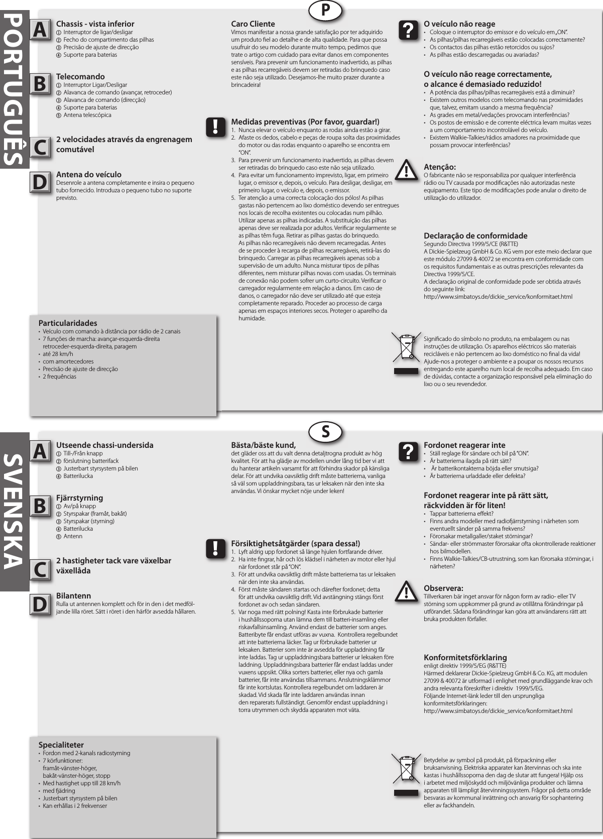 PORTUGUÊSChassis - vista inferior1  Interruptor de ligar/desligar2 Fecho do compartimento das pilhas3 Precisão de ajuste de direcção4  Suporte para bateriasTelecomando1  Interruptor Ligar/Desligar2  Alavanca de comando (avançar, retroceder)3  Alavanca de comando (direcção)4  Suporte para baterias5  Antena telescópica 2 velocidades através da engrenagem comutávelAntena do veículoDesenrole a antena completamente e insira o pequeno tubo fornecido. Introduza o pequeno tubo no suporte previsto.Atenção:O fabricante não se responsabiliza por qualquer interferência rádio ou TV causada por modi cações não autorizadas neste equipamento. Este tipo de modi cações pode anular o direito de utilização do utilizador.AB!O veículo não reage•  Coloque o interruptor do emissor e do veículo em „ON”.•  As pilhas/pilhas recarregáveis estão colocadas correctamente?•  Os contactos das pilhas estão retorcidos ou sujos?•  As pilhas estão descarregadas ou avariadas?O veículo não reage correctamente,o alcance é demasiado reduzido!  •  A potência das pilhas/pilhas recarregáveis está a diminuir?•  Existem outros modelos com telecomando nas proximidades    que, talvez, emitam usando a mesma frequência?•  As grades em metal/vedações provocam interferências?•  Os postos de emissão e de corrente eléctrica levam muitas vezes    a um comportamento incontrolável do veículo.•  Existem Walkie-Talkies/rádios amadores na proximidade que    possam provocar interferências?Caro ClienteVimos manifestar a nossa grande satisfação por ter adquirido um produto  el ao detalhe e de alta qualidade. Para que possa usufruir do seu modelo durante muito tempo, pedimos que trate o artigo com cuidado para evitar danos em componentes sensíveis. Para prevenir um funcionamento inadvertido, as pilhas e as pilhas recarregáveis devem ser retiradas do brinquedo caso este não seja utilizado. Desejamos-lhe muito prazer durante a brincadeira!Signi cado do símbolo no produto, na embalagem ou nas instruções de utilização. Os aparelhos eléctricos são materiais recicláveis e não pertencem ao lixo doméstico no  nal da vida! Ajude-nos a proteger o ambiente e a poupar os nossos recursos entregando este aparelho num local de recolha adequado. Em caso de dúvidas, contacte a organização responsável pela eliminação do lixo ou o seu revendedor.!Medidas preventivas (Por favor, guardar!)1.  Nunca elevar o veículo enquanto as rodas ainda estão a girar.2.  Afaste os dedos, cabelo e peças de roupa solta das proximidades    do motor ou das rodas enquanto o aparelho se encontra em    “ON”.3.  Para prevenir um funcionamento inadvertido, as pilhas devem    ser retiradas do brinquedo caso este não seja utilizado. 4.  Para evitar um funcionamento imprevisto, ligar, em primeiro    lugar, o emissor e, depois, o veículo. Para desligar, desligar, em    primeiro lugar, o veículo e, depois, o emissor.5.  Ter atenção a uma correcta colocação dos pólos! As pilhas    gastas não pertencem ao lixo doméstico devendo ser entregues    nos locais de recolha existentes ou colocadas num pilhão.    Utilizar apenas as pilhas indicadas. A substituição das pilhas    apenas deve ser realizada por adultos. Veri car regularmente se    as pilhas têm fuga. Retirar as pilhas gastas do brinquedo.     As pilhas não recarregáveis não devem recarregadas. Antes    de se proceder à recarga de pilhas recarregáveis, retirá-las do    brinquedo. Carregar as pilhas recarregáveis apenas sob a     supervisão de um adulto. Nunca misturar tipos de pilhas     diferentes, nem misturar pilhas novas com usadas. Os terminais    de conexão não podem sofrer um curto-circuito. Veri car o    carregador regularmente em relação a danos. Em caso de    danos, o carregador não deve ser utilizado até que esteja    completamente reparado. Proceder ao processo de carga    apenas em espaços interiores secos. Proteger o aparelho da    humidade.Utseende chassi-undersida1  Till-/Från knapp2 förslutning batterifack3 Justerbart styrsystem på bilen4  BatteriluckaFjärrstyrning 1  Av/på knapp2  Styrspakar (framåt, bakåt)3  Styrspakar (styrning)4  Batterilucka5  Antenn2 hastigheter tack vare växelbar växellådaBilantennRulla ut antennen komplett och för in den i det medföl-jande lilla röret. Sätt i röret i den härför avsedda hållaren.Observera:Tillverkaren bär inget ansvar för någon form av radio- eller TV störning som uppkommer på grund av otillåtna förändringar på utförandet. Sådana förändringar kan göra att användarens rätt att bruka produkten förfaller.AB!Fordonet reagerar inte•  Ställ reglage för sändare och bil på “ON“.•  Är batterierna ilagda på rätt sätt?•   Är batterikontakterna böjda eller smutsiga?•  Är batterierna urladdade eller defekta?Fordonet reagerar inte på rätt sätt, räckvidden är för liten!•  Tappar batterierna e ekt?•  Finns andra modeller med radio ärrstyrning i närheten som    eventuellt sänder på samma frekvens?•  Förorsakar metallgaller/staket störningar?•  Sändar- eller strömmaster förorsakar ofta okontrollerade reaktioner    hos bilmodellen.•  Finns Walkie-Talkies/CB-utrustning, som kan förorsaka störningar, i    närheten?Bästa/bäste kund,det gläder oss att du valt denna detaljtrogna produkt av hög kvalitet. För att ha glädje av modellen under lång tid ber vi att du hanterar artikeln varsamt för att förhindra skador på känsliga delar. För att undvika oavsiktlig drift måste batterierna, vanliga så väl som uppladdningsbara, tas ur leksaken när den inte ska användas. Vi önskar mycket nöje under leken!Betydelse av symbol på produkt, på förpackning eller bruksanvisning. Elektriska apparater kan återvinnas och ska inte kastas i hushållssoporna den dag de slutar att fungera! Hjälp oss i arbetet med miljöskydd och miljövänliga produkter och lämna apparaten till lämpligt återvinningssystem. Frågor på detta område besvaras av kommunal inrättning och ansvarig för sophantering eller av fackhandeln.!Försiktighetsåtgärder (spara dessa!)1.  Lyft aldrig upp fordonet så länge hjulen fortfarande driver.2.  Ha inte  ngrar, hår och lös klädsel i närheten av motor eller hjul    när fordonet står på “ON“.3.  För att undvika oavsiktlig drift måste batterierna tas ur leksaken    när den inte ska användas.4.  Först måste sändaren startas och därefter fordonet; detta   för att undvika oavsiktlig drift. Vid avstängning stängs först    fordonet av och sedan sändaren.5.  Var noga med rätt polning! Kasta inte förbrukade batterier    i hushållssoporna utan lämna dem till batteri-insamling eller    riskavfallsinsamling. Använd endast de batterier som anges.    Batteribyte får endast utföras av vuxna.  Kontrollera regelbundet    att inte batterierna läcker. Tag ur förbrukade batterier ur      leksaken. Batterier som inte är avsedda för uppladdning får    inte laddas. Tag ur uppladdningsbara batterier ur leksaken före    laddning. Uppladdningsbara batterier får endast laddas under    vuxens uppsikt. Olika sorters batterier, eller nya och gamla    batterier, får inte användas tillsammans. Anslutningsklämmor    får inte kortslutas. Kontrollera regelbundet om laddaren är    skadad. Vid skada får inte laddaren användas innan      den reparerats fullständigt. Genomför endast uppladdning i    torra utrymmen och skydda apparaten mot väta.PSSVENSKADeclaração de conformidadeSegundo Directiva 1999/5/CE (R&amp;TTE)A Dickie-Spielzeug GmbH &amp; Co. KG vem por este meio declarar que este módulo 27099 &amp; 40072 se encontra em conformidade com os requisitos fundamentais e as outras prescrições relevantes da Directiva 1999/5/CE.A declaração original de conformidade pode ser obtida atravésdo seguinte link:http://www.simbatoys.de/dickie_service/konformitaet.htmlKonformitetsförklaringenligt direktiv 1999/5/EG (R&amp;TTE)Härmed deklarerar Dickie-Spielzeug GmbH &amp; Co. KG, att modulen 27099 &amp; 40072 är utformad i enlighet med grundläggande krav och andra relevanta föreskrifter i direktiv  1999/5/EG.Följande Internet-länk leder till den ursprungliga konformitetsförklaringen:http://www.simbatoys.de/dickie_service/konformitaet.htmlCCParticularidades•  Veículo com comando à distância por rádio de 2 canais•  7 funções de marcha: avançar-esquerda-direita  retroceder-esquerda-direita, paragem•  até 28 km/h•  com amortecedores•  Precisão de ajuste de direcção•  2 frequênciasSpecialiteter•  Fordon med 2-kanals radiostyrning •  7 körfunktioner:  framåt-vänster-höger,         bakåt-vänster-höger, stopp•  Med hastighet upp till 28 km/h•  med  ädring•  Justerbart styrsystem på bilen •  Kan erhållas i 2 frekvenserjande lilla röret. Sätt i röret i den härför avsedda hållaren.DD