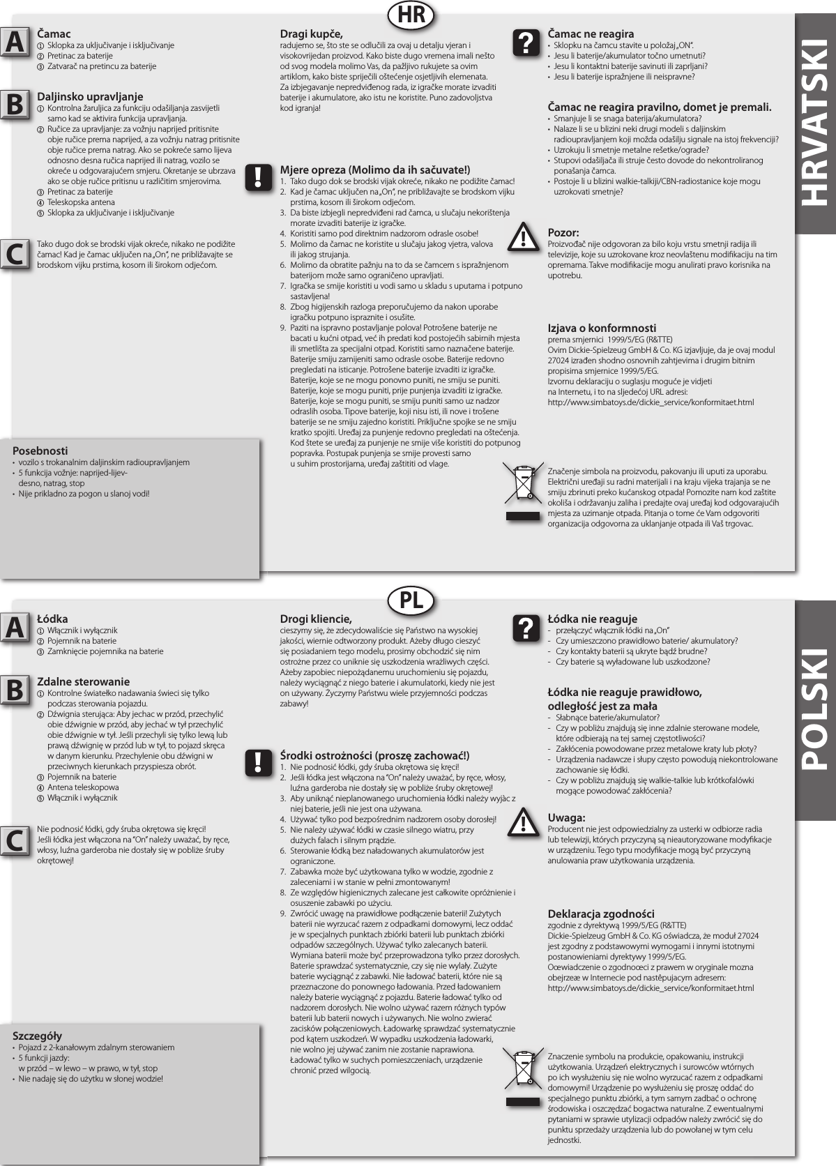 POLSKI HRVATSKIHRVATSKIPosebnosti•  vozilo s trokanalnim daljinskim radioupravljanjem•  5 funkcija vožnje: naprijed-lijev-  desno, natrag, stop•  Nije prikladno za pogon u slanoj vodi!Čamac1  Sklopka za uključivanje i isključivanje 2  Pretinac za baterije3  Zatvarač na pretincu za baterijeDaljinsko upravljanje1  Kontrolna žaruljica za funkciju odašiljanja zasvijetli  samo kad se aktivira funkcija upravljanja.2  Ručice za upravljanje: za vožnju naprijed pritisnite   obje ručice prema naprijed, a za vožnju natrag pritisnite   obje ručice prema natrag. Ako se pokreće samo lijeva   odnosno desna ručica naprijed ili natrag, vozilo se  okreće u odgovarajućem smjeru. Okretanje se ubrzava  ako se obje ručice pritisnu u različitim smjerovima.3  Pretinac za baterije4  Teleskopska antena5  Sklopka za uključivanje i isključivanje Tako dugo dok se brodski vijak okreće, nikako ne podižite čamac! Kad je čamac uključen na „On“, ne približavajte se brodskom vijku prstima, kosom ili širokom odjećom.Pozor:Proizvođač nije odgovoran za bilo koju vrstu smetnji radija ili televizije, koje su uzrokovane kroz neovlaštenu modi kaciju na tim opremama. Takve modi kacije mogu anulirati pravo korisnika na upotrebu.AB!Čamac ne reagira•  Sklopku na čamcu stavite u položaj „ON“.•  Jesu li baterije/akumulator točno umetnuti?•  Jesu li kontaktni baterije savinuti ili zaprljani?•  Jesu li baterije ispražnjene ili neispravne?Čamac ne reagira pravilno, domet je premali.•  Smanjuje li se snaga baterija/akumulatora?•  Nalaze li se u blizini neki drugi modeli s daljinskim  radioupravljanjem koji možda odašilju signale na istoj frekvenciji?•  Uzrokuju li smetnje metalne rešetke/ograde?•  Stupovi odašiljača ili struje često dovode do nekontroliranog   ponašanja čamca.•  Postoje li u blizini walkie-talkiji/CBN-radiostanice koje mogu   uzrokovati smetnje?Dragi kupče,radujemo se, što ste se odlučili za ovaj u detalju vjeran i visokovrijedan proizvod. Kako biste dugo vremena imali nešto od svog modela molimo Vas, da pažljivo rukujete sa ovim artiklom, kako biste spriječili oštećenje osjetljivih elemenata. Za izbjegavanje nepredviđenog rada, iz igračke morate izvaditi baterije i akumulatore, ako istu ne koristite. Puno zadovoljstva kod igranja!Izjava o konformnostiprema smjernici  1999/5/EG (R&amp;TTE)Ovim Dickie-Spielzeug GmbH &amp; Co. KG izjavljuje, da je ovaj modul 27024 izrađen shodno osnovnih zahtjevima i drugim bitnim propisima smjernice 1999/5/EG.Izvornu deklaraciju o suglasju moguće je vidjeti na Internetu, i to na sljedećoj URL adresi:http://www.simbatoys.de/dickie_service/konformitaet.htmlZnačenje simbola na proizvodu, pakovanju ili uputi za uporabu. Električni uređaji su radni materijali i na kraju vijeka trajanja se ne smiju zbrinuti preko kućanskog otpada! Pomozite nam kod zaštite okoliša i održavanju zaliha i predajte ovaj uređaj kod odgovarajućih mjesta za uzimanje otpada. Pitanja o tome će Vam odgovoriti organizacija odgovorna za uklanjanje otpada ili Vaš trgovac.!Mjere opreza (Molimo da ih sačuvate!)1.  Tako dugo dok se brodski vijak okreće, nikako ne podižite čamac!2.  Kad je čamac uključen na „On“, ne približavajte se brodskom vijku   prstima, kosom ili širokom odjećom.3.  Da biste izbjegli nepredviđeni rad čamca, u slučaju nekorištenja   morate izvaditi baterije iz igračke.4.  Koristiti samo pod direktnim nadzorom odrasle osobe!5.  Molimo da čamac ne koristite u slučaju jakog vjetra, valova  ili jakog strujanja.6.  Molimo da obratite pažnju na to da se čamcem s ispražnjenom   baterijom može samo ograničeno upravljati.7.  Igračka se smije koristiti u vodi samo u skladu s uputama i potpuno   sastavljena!8.  Zbog higijenskih razloga preporučujemo da nakon uporabe    igračku potpuno ispraznite i osušite.9.  Paziti na ispravno postavljanje polova! Potrošene baterije ne    bacati u kućni otpad, već ih predati kod postojećih sabirnih mjesta    ili smetlišta za specijalni otpad. Koristiti samo naznačene baterije.    Baterije smiju zamijeniti samo odrasle osobe. Baterije redovno    pregledati na isticanje. Potrošene baterije izvaditi iz igračke.    Baterije, koje se ne mogu ponovno puniti, ne smiju se puniti.    Baterije, koje se mogu puniti, prije punjenja izvaditi iz igračke.    Baterije, koje se mogu puniti, se smiju puniti samo uz nadzor    odraslih osoba. Tipove baterije, koji nisu isti, ili nove i trošene    baterije se ne smiju zajedno koristiti. Priključne spojke se ne smiju    kratko spojiti. Uređaj za punjenje redovno pregledati na oštećenja.    Kod štete se uređaj za punjenje ne smije više koristiti do potpunog    popravka. Postupak punjenja se smije provesti samo  u suhim prostorijama, uređaj zaštititi od vlage.HRPOLSKISzczegóły•  Pojazd z 2-kanałowym zdalnym sterowaniem•  5 funkcji jazdy:  w przód – w lewo – w prawo, w tył, stop•  Nie nadaję się do użytku w słonej wodzie!Łódka1  Włącznik i wyłącznik2  Pojemnik na baterie3  Zamknięcie pojemnika na baterieZdalne sterowanie1  Kontrolne światełko nadawania świeci się tylko  podczas sterowania pojazdu.2  Dźwignia sterująca: Aby jechac w przód, przechylić   obie dźwignie w przód, aby jechać w tył przechylić   obie dźwignie w tył. Jeśli przechyli się tylko lewą lub   prawą dźwignię w przód lub w tył, to pojazd skręca  w danym kierunku. Przechylenie obu dźwigni w   przeciwnych kierunkach przyspiesza obrót.3  Pojemnik na baterie4  Antena teleskopowa5  Włącznik i wyłącznikNie podnosić łódki, gdy śruba okrętowa się kręci!Jeśli łódka jest włączona na “On” należy uważać, by ręce, włosy, luźna garderoba nie dostały się w pobliże śruby okrętowej!Uwaga:Producent nie jest odpowiedzialny za usterki w odbiorze radia lub telewizji, których przyczyną są nieautoryzowane mody kacje w urządzeniu. Tego typu mody kacje mogą być przyczyną anulowania praw użytkowania urządzenia.AB!Łódka nie reaguje-  przełączyć włącznik łódki na „On”-  Czy umieszczono prawidłowo baterie/ akumulatory?-  Czy kontakty baterii są ukryte bądź brudne?-  Czy baterie są wyładowane lub uszkodzone?Łódka nie reaguje prawidłowo,odległość jest za mała-  Słabnące baterie/akumulator?-  Czy w pobliżu znajdują się inne zdalnie sterowane modele,  które odbierają na tej samej częstotliwości?-  Zakłócenia powodowane przez metalowe kraty lub płoty?-  Urządzenia nadawcze i słupy często powodują niekontrolowane   zachowanie się łódki. -  Czy w pobliżu znajdują się walkie-talkie lub krótkofalówki  mogące powodować zakłócenia?Drogi kliencie,cieszymy się, że zdecydowaliście się Państwo na wysokiej jakości, wiernie odtworzony produkt. Ażeby długo cieszyć się posiadaniem tego modelu, prosimy obchodzić się nim ostrożne przez co uniknie się uszkodzenia wrażliwych części. Ażeby zapobiec niepożądanemu uruchomieniu się pojazdu, należy wyciągnąć z niego baterie i akumulatorki, kiedy nie jest on używany. Życzymy Państwu wiele przyjemności podczas zabawy!Deklaracja zgodnościzgodnie z dyrektywą 1999/5/EG (R&amp;TTE)Dickie-Spielzeug GmbH &amp; Co. KG oświadcza, że moduł 27024 jest zgodny z podstawowymi wymogami i innymi istotnymi postanowieniami dyrektywy 1999/5/EG.Oœwiadczenie o zgodnoœci z prawem w oryginale mozna obejrzeæ w Internecie pod nastêpujacym adresem:http://www.simbatoys.de/dickie_service/konformitaet.htmlZnaczenie symbolu na produkcie, opakowaniu, instrukcji użytkowania. Urządzeń elektrycznych i surowców wtórnych po ich wysłużeniu się nie wolno wyrzucać razem z odpadkami domowymi! Urządzenie po wysłużeniu się proszę oddać do specjalnego punktu zbiórki, a tym samym zadbać o ochronę środowiska i oszczędzać bogactwa naturalne. Z ewentualnymi pytaniami w sprawie utylizacji odpadów należy zwrócić się do punktu sprzedaży urządzenia lub do powołanej w tym celu jednostki.!Środki ostrożności (proszę zachować!)1.  Nie podnosić łódki, gdy śruba okrętowa się kręci!2.  Jeśli łódka jest włączona na “On” należy uważać, by ręce, włosy,  luźna garderoba nie dostały się w pobliże śruby okrętowej!3.  Aby uniknąć nieplanowanego uruchomienia łódki należy wyjàc z   niej baterie, jeśli nie jest ona używana.4.  Używać tylko pod bezpośrednim nadzorem osoby dorosłej!5.  Nie należy używać łódki w czasie silnego wiatru, przy  dużych falach i silnym prądzie.6.  Sterowanie łódką bez naładowanych akumulatorów jest  ograniczone.7.  Zabawka może być użytkowana tylko w wodzie, zgodnie z  zaleceniami i w stanie w pełni zmontowanym!8.  Ze względów higienicznych zalecane jest całkowite opróżnienie i   osuszenie zabawki po użyciu.9.  Zwrócić uwagę na prawidłowe podłączenie baterii! Zużytych    baterii nie wyrzucać razem z odpadkami domowymi, lecz oddać    je w specjalnych punktach zbiórki baterii lub punktach zbiórki    odpadów szczególnych. Używać tylko zalecanych baterii.    Wymiana baterii może być przeprowadzona tylko przez dorosłych.    Baterie sprawdzać systematycznie, czy się nie wylały. Zużyte    baterie wyciągnąć z zabawki. Nie ładować baterii, które nie są    przeznaczone do ponownego ładowania. Przed ładowaniem    należy baterie wyciągnąć z pojazdu. Baterie ładować tylko od    nadzorem dorosłych. Nie wolno używać razem różnych typów    baterii lub baterii nowych i używanych. Nie wolno zwierać    zacisków połączeniowych. Ładowarkę sprawdzać systematycznie    pod kątem uszkodzeń. W wypadku uszkodzenia ładowarki,  nie wolno jej używać zanim nie zostanie naprawiona.  Ładować tylko w suchych pomieszczeniach, urządzenie  chronić przed wilgocią.PLCC
