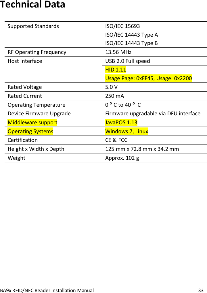 BA9x RFID/NFC Reader Installation Manual  33 Technical Data Supported Standards  ISO/IEC 15693 ISO/IEC 14443 Type A ISO/IEC 14443 Type B RF Operating Frequency  13.56 MHz Host Interface  USB 2.0 Full speed  HID 1.11 Usage Page: 0xFF45, Usage: 0x2200 Rated Voltage  5.0 V Rated Current  250 mA Operating Temperature  0 &ordm; C to 40 &ordm;  C Device Firmware Upgrade  Firmware upgradable via DFU interface Middleware support  JavaPOS 1.13 Operating Systems  Windows 7, Linux Certification  CE &amp; FCC Height x Width x Depth  125 mm x 72.8 mm x 34.2 mm Weight   Approx. 102 g   
