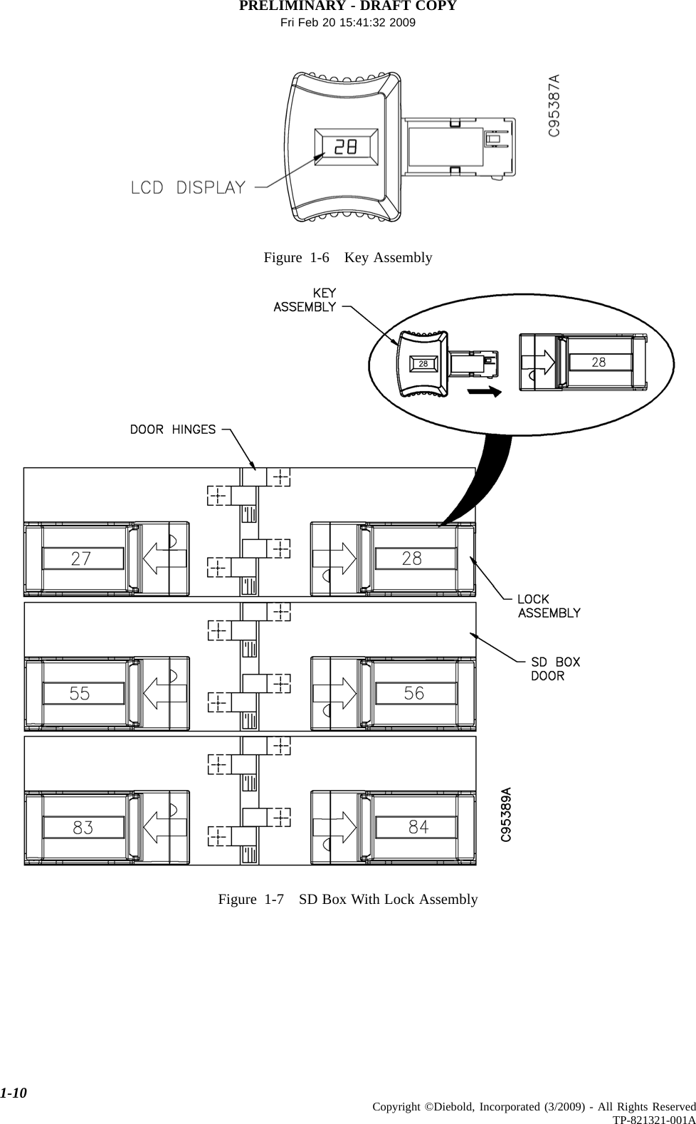 PRELIMINARY - DRAFT COPYFri Feb 20 15:41:32 2009Figure 1-6 Key AssemblyFigure 1-7 SD Box With Lock Assembly1-10 Copyright ©Diebold, Incorporated (3/2009) - All Rights ReservedTP-821321-001A