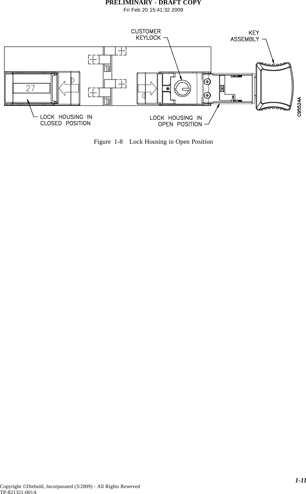 PRELIMINARY - DRAFT COPYFri Feb 20 15:41:32 2009Figure 1-8 Lock Housing in Open Position1-11Copyright ©Diebold, Incorporated (3/2009) - All Rights ReservedTP-821321-001A