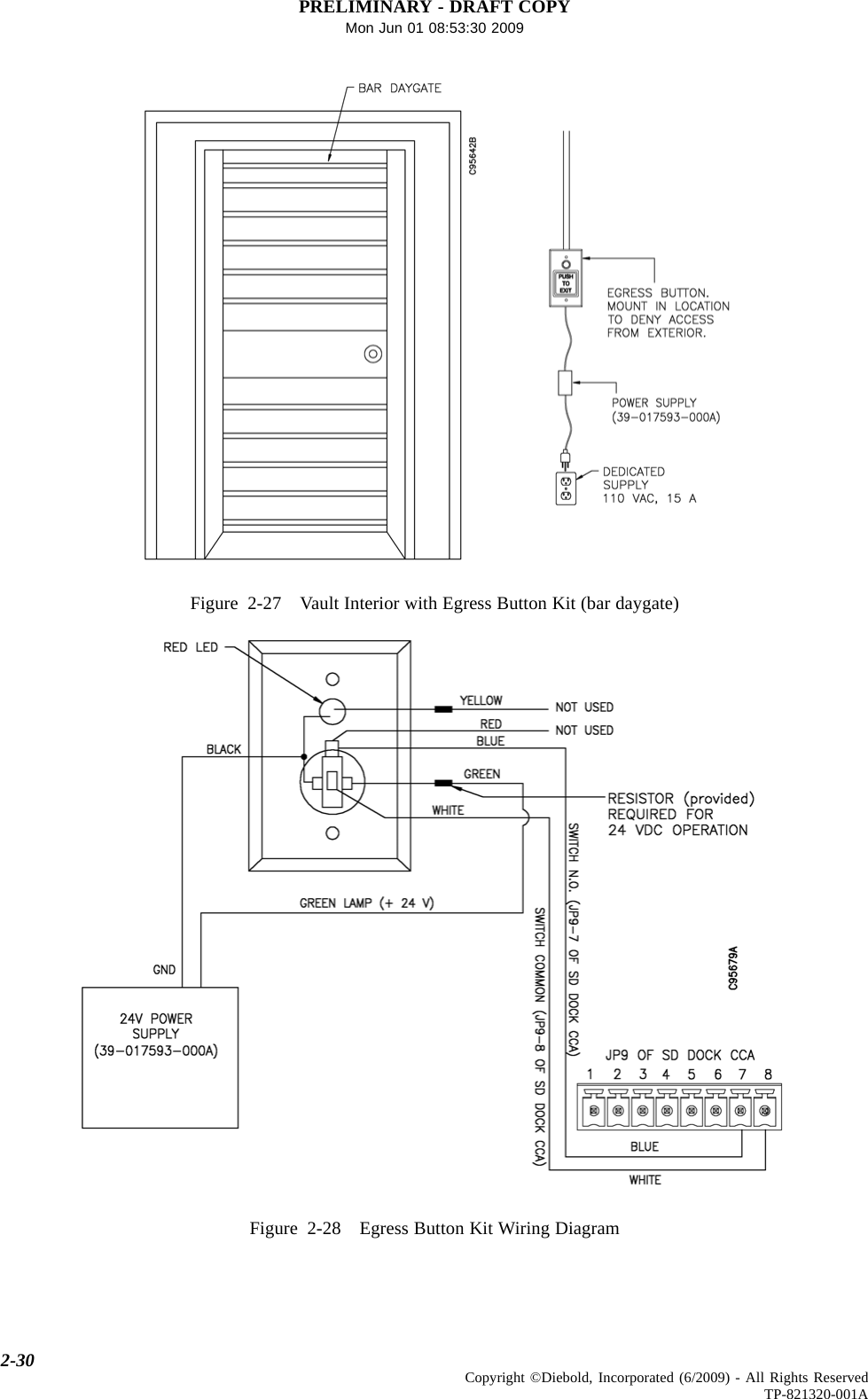 PRELIMINARY - DRAFT COPYMon Jun 01 08:53:30 2009Figure 2-27 Vault Interior with Egress Button Kit (bar daygate)Figure 2-28 Egress Button Kit Wiring Diagram2-30 Copyright ©Diebold, Incorporated (6/2009) - All Rights ReservedTP-821320-001A